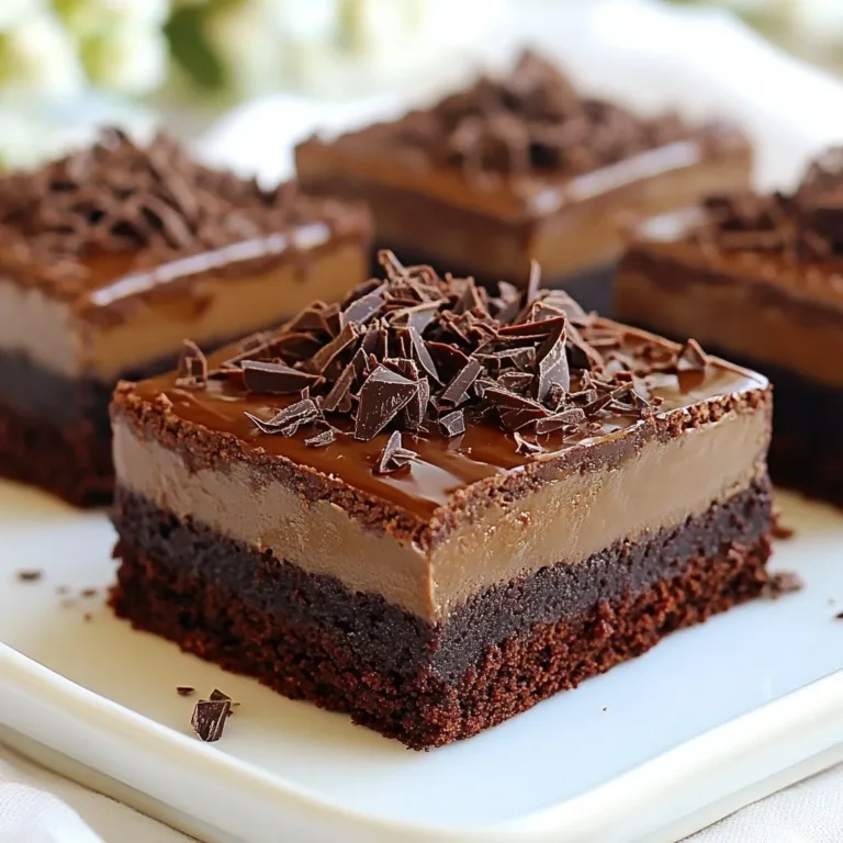 To make rich chocolate mousse brownies, gather these key ingredients: - 1 cup unsalted butter - 8 oz dark chocolate (60-70% cocoa), chopped - 1 cup granulated sugar - 1 cup brown sugar, packed - 4 large eggs - 1 teaspoon vanilla extract - 1 cup all-purpose flour - 1/2 cup unsweetened cocoa powder - 1/2 teaspoon salt - 1 cup heavy cream - 2 tablespoons powdered sugar - 1 teaspoon espresso powder (optional) - Chocolate shavings or cacao nibs for garnish Each ingredient plays a special role. The unsalted butter adds richness. Dark chocolate gives a deep, intense flavor. Granulated and brown sugars add sweetness and moisture. Eggs help bind the batter. Vanilla extract enhances the taste. All-purpose flour and cocoa powder build the brownie base. Salt balances flavors. Heavy cream makes the mousse light and airy. Powdered sugar sweetens the mousse. Espresso powder can boost chocolate flavor. Finally, chocolate shavings or cacao nibs add a nice touch for garnish. Using high-quality ingredients ensures a tastier treat. I recommend using fresh eggs and good chocolate. The better the ingredients, the better the brownies will taste. {{ingredient_image_1}} 1. Preheat your oven to 350°F (175°C). Grease and line a 9x13 inch baking pan with parchment paper. Leave some overhang for easy removal later. 2. Melt the butter and chocolate together. In a medium saucepan, place the unsalted butter and chopped dark chocolate over low heat. Stir until smooth, then remove from heat and let it cool slightly. 3. Mix sugars with the chocolate. In a large mixing bowl, combine the granulated sugar and brown sugar with the cooled chocolate mixture. Stir until well mixed. 4. Add eggs and vanilla. Crack in the eggs, one by one, mixing well after each addition. Then stir in the vanilla extract for flavor. 5. Fold in dry ingredients. In a separate bowl, sift together the flour, cocoa powder, and salt. Gradually fold the dry mix into the wet mixture until just combined. 1. Pour and spread the batter into the prepared baking pan. Use a spatula to spread it evenly across the pan. 2. Bake for 25-30 minutes. Check for doneness by inserting a toothpick in the center. It should come out with a few moist crumbs attached. 1. Whip the cream. In a mixing bowl, whip the heavy cream and powdered sugar together until soft peaks form. If you like coffee flavor, add the espresso powder here. 2. Spread the mousse on brownies. Once the brownies have cooled completely, remove them from the pan. Spread the whipped cream mousse evenly over the top. Chill the brownies in the refrigerator for at least 1 hour to set the mousse. Enjoy your rich and indulgent chocolate mousse brownies! - Checking for doneness: Stick a toothpick in the center. If it comes out with moist crumbs, your brownies are ready. They should not be wet with batter. Bake them for 25 to 30 minutes for the best texture. - Avoiding overmixing the batter: Mix until the dry ingredients disappear. Overmixing can make your brownies tough. Gently fold the flour and cocoa into the wet mix to keep them soft. - Achieving the perfect whipped cream texture: Start with cold heavy cream. Whip it until soft peaks form. This ensures light and airy mousse. Avoid overwhipping, as it can turn grainy. - Suggestions for incorporating flavors: Add a teaspoon of espresso powder for a coffee twist. You can also mix in orange zest or mint extract for a fresh taste. Experiment with flavors to make it your own! - Presentation ideas: Cut brownies into neat squares. Top each piece with a dollop of mousse. Add chocolate shavings or cacao nibs for a beautiful touch. - Pairing with drinks: Serve these brownies with a glass of milk or a rich coffee. A scoop of vanilla ice cream also makes a great match. Enjoy your treats with something that complements the chocolate! Pro Tips Use Quality Chocolate: The flavor of your brownies greatly depends on the quality of chocolate used. Opt for high-quality dark chocolate for the richest taste. Don’t Overmix: When folding in the dry ingredients, mix just until combined. Overmixing can lead to dense brownies instead of their desired fudgy texture. Cool Completely: Allow the brownies to cool completely in the pan before adding the mousse. This prevents the mousse from melting and ensures a clean cut. Chill Before Serving: Chilling the brownies with mousse for at least an hour not only sets the mousse but also enhances the flavors, making them even more delicious. {{image_2}} You can make chocolate mousse brownies even more fun! Here are some ideas: - Adding nuts or chocolate chips: Mix in 1 cup of chopped nuts like walnuts or pecans. You can also fold in 1 cup of chocolate chips for extra richness. - Alternative flavorings: Add a twist by using flavorings like mint extract or orange zest. Just a teaspoon can brighten the taste. Want to cater to different diets? Here are some options: - Gluten-free options: Use 1 cup of gluten-free flour instead of all-purpose flour. This swap keeps the texture just right. - Vegan substitution ideas: Replace eggs with flax eggs (1 tablespoon flaxseed meal + 2.5 tablespoons water = 1 egg). Use coconut cream instead of heavy cream for the mousse. Planning for a crowd? You can easily change the recipe size: - Scaling the recipe for larger or smaller crowds: Double the ingredients for a big party or halve them for a small gathering. Just remember to adjust the baking time based on pan size. To keep your brownies fresh, store them in an airtight container. This helps prevent them from drying out. Place a piece of parchment paper between layers to avoid sticking. You can keep them in the fridge or at room temperature. At room temperature, they stay good for about 3 days. If you put them in the fridge, they can last up to a week. You can freeze both the brownies and mousse for later enjoyment. Cut the brownies into squares, then wrap each piece in plastic wrap. Place them in a freezer bag or container. For the mousse, scoop it into a freezer-friendly container with a lid. They will stay fresh for about 2-3 months. When you’re ready to eat, thaw the brownies and mousse in the fridge overnight. This keeps the texture nice and smooth. To reheat brownies, place them in the microwave for about 10-15 seconds. This warms them up without drying them out. If you want the mousse, let it sit at room temperature for a few minutes. This helps it regain its creamy texture. Enjoy your treat without losing any of that rich taste! You can tell when brownies are done by checking the center. Insert a toothpick into the middle. If it comes out with a few moist crumbs, your brownies are ready. They should not be wet or dry. Remember, underbaking gives a fudgy texture, while overbaking makes them dry. Yes, you can make chocolate mousse ahead of time. Just prepare it and refrigerate it. It will stay fresh for up to two days. This is great if you want to save time on serving day. Just spread it on the cooled brownies when you're ready to serve. If you need a substitute for heavy cream, try using coconut cream. It will still give you a nice texture. Silken tofu blended until smooth is another option. It works well and is a great dairy-free choice. To cut the brownies, use a sharp knife. Make sure the brownies are completely cool. This helps you get clean edges. For easier cutting, dip the knife in hot water and wipe it dry between cuts. This will keep your pieces neat. Yes, you can reduce the sugar in this recipe. Try cutting both sugars by half. You can also use a sugar substitute like stevia or erythritol. Adjust the amounts according to the brand's instructions. This way, you can enjoy the brownies with less sugar. You learned about making delicious brownies and rich chocolate mousse. With simple ingredients like butter, dark chocolate, and sugar, you can create a tasty dessert. Following clear steps ensures perfect results each time. Remember to avoid overmixing and check for doneness. You can customize flavors and adjust for diets, too. Store leftovers properly to keep them fresh. Enjoy impressing family and friends with this delightful treat!