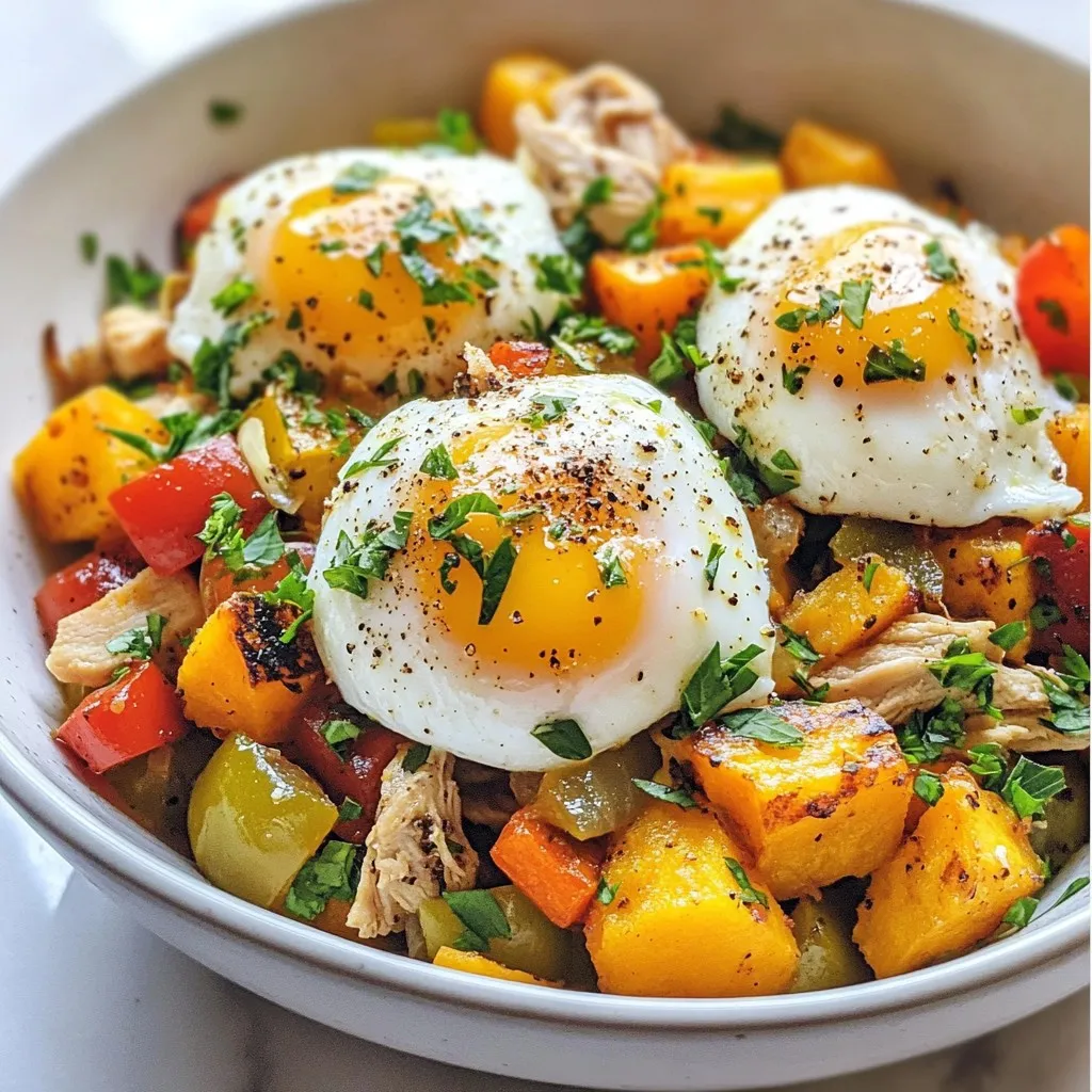 To make a tasty Harvest Chicken Hash, you will need the following ingredients: - 2 cups cooked chicken, shredded - 2 medium sweet potatoes, peeled and diced - 1 red bell pepper, diced - 1 green bell pepper, diced - 1 small onion, finely chopped - 3 cloves garlic, minced - 1 teaspoon dried thyme - 1 teaspoon smoked paprika - 1 tablespoon olive oil - Salt and pepper to taste - 4 large eggs (optional) - Fresh parsley, chopped (for garnish) Each ingredient adds flavor and color. The cooked chicken gives protein and heartiness. The sweet potatoes add sweetness and texture. Bell peppers bring crunch and a pop of color. Onions and garlic enhance the overall taste. Thyme and smoked paprika add depth to the flavor. Olive oil helps in cooking and adds richness. You can choose to add eggs for extra protein or skip them if you prefer a lighter dish. Fresh parsley at the end provides a bright finish and a burst of freshness. {{ingredient_image_1}} 1. Cooking Sweet Potatoes: Start by heating the olive oil in a large skillet over medium heat. Add the diced sweet potatoes. Cook them for about 8-10 minutes. Stir them often until they start to soften. This step builds a sweet base for your hash. 2. Sautéing Vegetables: Next, add the finely chopped onion and the diced red and green bell peppers. Toss in the minced garlic too. Sauté everything for about 5-7 minutes. You want the vegetables to be tender and fragrant. This adds a lot of flavor to your dish. 3. Combining Chicken and Seasonings: Now, it’s time to add the shredded chicken. Sprinkle in the dried thyme, smoked paprika, salt, and pepper. Stir well to mix all the ingredients. Cook for another 5 minutes. This lets the chicken soak up those tasty spices. 4. Cooking Optional Eggs: If you want to add eggs, make small wells in your mixture. Crack an egg into each well. Cover the skillet with a lid. Cook until the egg whites are set, which takes about 5-7 minutes. This step makes the dish hearty and delicious. Enjoy every bit of this Harvest Chicken Hash! - How to achieve perfect sauté: Start with a hot skillet. Add olive oil and let it heat. Then, add sweet potatoes first. Cook them until they soften. Stir occasionally to avoid sticking. Once soft, add your onions and peppers for the best flavor. - Best methods for shredding chicken: Use two forks to pull apart the chicken. This method gives you nice, even shreds. If you have leftover chicken, it works great too. You can also use your hands, but make sure the chicken is cool enough. - Adjusting seasoning to taste: Always taste your hash as it cooks. Add salt and pepper slowly. If you want more flavor, add a pinch more thyme or smoked paprika. Remember, you can always add, but you can’t take away. - Serving suggestions: Use shallow bowls to serve your hash. This makes it easier to scoop and enjoy. If you add eggs, place them on top for a nice look. - Garnishing ideas: Fresh parsley adds a pop of color. A sprinkle of smoked paprika also makes it look great. You could even add some sliced green onions for a fresh crunch. Pro Tips Use Leftover Chicken: This dish is perfect for utilizing leftover rotisserie chicken, saving you time and enhancing the flavor. Sweet Potato Variations: Experiment with different types of potatoes, such as Yukon Gold or russet, for varied textures and flavors. Add Heat: If you like a kick, consider adding jalapeños or red pepper flakes for an extra layer of flavor. Meal Prep Friendly: This hash can be made in advance and reheated easily, making it a great option for meal prep. {{image_2}} You can switch up the veggies in this dish. Try using zucchini, carrots, or even kale. These vegetables add different flavors and nutrients. Feel free to mix and match based on what you have at home. For protein swaps, use turkey or cooked sausage instead of chicken. Both options add great taste and a nice twist. If you want a lighter choice, you can also use shredded tofu. It soaks up flavors well and keeps the dish filling. To make this dish gluten-free, check your spices and oils. Most are safe, but you want to be sure. You can enjoy this meal without worrying about gluten. If you prefer vegetarian options, simply skip the chicken. Use more veggies or add beans for protein. Black beans or chickpeas work well. They will keep the hash hearty and delicious. To keep your Harvest Chicken Hash fresh, follow these steps: - Refrigeration guidelines: Place leftovers in an airtight container. Store in the fridge for up to three days. Make sure it cools down before sealing. This keeps the flavors intact. - Freezing instructions: For longer storage, freeze the hash. Transfer it to a freezer-safe container. It can last for up to three months. When ready to eat, thaw it in the fridge overnight. To enjoy your hash again, try these methods: - Best methods to reheat: The stovetop works best. Heat a skillet over medium heat. Add a splash of oil or water to prevent sticking. Stir the hash until it's hot. You can also use a microwave. Place in a microwave-safe bowl and cover. Heat in short bursts, stirring in between, until warm. Harvest Chicken Hash is a hearty dish made with cooked chicken, sweet potatoes, and colorful bell peppers. It’s a one-pan meal that combines flavors and textures in every bite. You cook it all in one skillet, making cleanup easy. It’s perfect for breakfast, lunch, or dinner. To make Harvest Chicken Hash more filling, add extra protein and grains. You can throw in black beans or chickpeas for added fiber. Quinoa or brown rice also works well. These ingredients will enhance the dish and keep you satisfied longer. Yes, you can prepare Harvest Chicken Hash ahead of time. Cook everything as directed, then store it in an airtight container. Keep it in the fridge for up to three days. When ready to eat, simply reheat it on the stove or in the microwave. This saves time and makes meals easy during busy days. Harvest Chicken Hash offers a tasty blend of cooked chicken, sweet potatoes, and veggies. You learned how to prepare these ingredients and enhance their flavors. You discovered tips for cooking and garnishing to impress your guests. Remember, you can adjust the recipe to fit your needs and preferences. Whether you're storing leftovers or reheating them, caring for your food is key. Now, it’s time to enjoy your delicious meal and share it with others. Happy cooking!