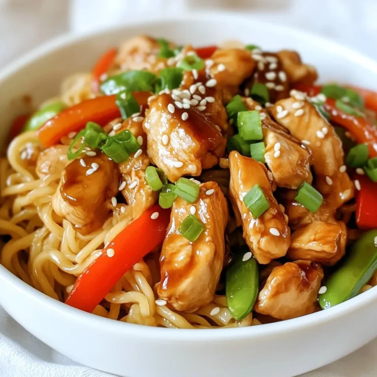 - 200g rice noodles - 2 chicken breasts, thinly sliced - 2 tablespoons soy sauce - 2 tablespoons teriyaki sauce - 1 tablespoon sesame oil - 1 tablespoon vegetable oil - 1 red bell pepper, sliced - 1 cup snap peas - 2 green onions, chopped - 2 cloves garlic, minced - 1 teaspoon ginger, grated - Sesame seeds for garnish - Salt and pepper to taste Rice noodles are light and soak up flavors well. They are quick to cook and perfect for this dish. Chicken breasts are lean and cook fast. They soak up the teriyaki sauce, adding flavor. Soy sauce adds a salty depth. It gives umami that makes dishes feel rich. Teriyaki sauce mixes sweetness with saltiness, making it perfect for a glaze on chicken. Sesame oil has a nutty taste. It adds warmth and depth to our dish. Vegetable oil helps cook at high heat without burning. Bell peppers add crunch and color. They are sweet and bright. Snap peas add a nice crisp texture and fresh taste. Garlic and ginger bring a strong flavor that wakes up the dish. Look for rice noodles that are not broken. Check the packaging date for freshness. Choose chicken breasts that are firm and pink. Avoid any that look dull or have an off smell. For bell peppers, pick ones that are shiny and firm. They should feel heavy for their size. Snap peas should be bright green, crisp, and snap easily when bent. Fresh garlic and ginger will smell strong and fragrant. Choose pieces that are firm and not soft. Green onions should be fresh and green, with no wilting. {{ingredient_image_1}} To start, boil a pot of water. Add the rice noodles to the pot. Cook them according to the package instructions. You want them tender but not mushy. Once cooked, drain the noodles and set them aside for later. Next, take your sliced chicken breasts and put them in a bowl. Pour in the soy sauce and teriyaki sauce. Mix well so all the chicken is coated. Let it marinate for about 15 minutes. This step adds great flavor to your dish. Now, grab a large skillet or wok. Heat the vegetable oil over medium-high heat. Add the sliced red bell pepper and snap peas to the pan. Stir-fry them for about 3-4 minutes. You want them to be bright and slightly tender. Once done, remove the veggies from the skillet and set them aside. In the same skillet, add sesame oil. Then add minced garlic and grated ginger. Stir for about 30 seconds. This will release a wonderful aroma. Now, add the marinated chicken to the skillet. Cook for about 5-7 minutes. Make sure the chicken is fully cooked and no longer pink. Once the chicken is cooked, return the sautéed vegetables to the skillet. Add the cooked rice noodles next. Toss everything together gently. Season with salt and pepper to taste. Cook for another 2-3 minutes to heat it all through. Finally, remove your skillet from the heat. Garnish the dish with chopped green onions and sesame seeds. This adds a nice crunch and flavor. Your Chicken Teriyaki Noodles are now ready to enjoy! To cook perfect rice noodles, start by boiling water in a large pot. Once boiling, add the noodles and cook according to the package instructions. This usually takes about 4 to 6 minutes. Check them often until they are tender but not mushy. Drain the noodles and rinse them under cold water. This stops the cooking and keeps them from sticking. Marinating the chicken is key to great flavor. Use soy sauce and teriyaki sauce for a tasty mix. Let the chicken marinate for at least 15 minutes. This allows the chicken to soak up the flavors. If you have time, marinate longer for even better taste. If you like more heat, add chili flakes or sriracha to the dish. You can mix these into the sauce or sprinkle them on top. Start with a little and add more as needed. This way, you can find the right spice level that you enjoy. Use a large skillet or wok for even cooking. Heat the pan well before adding oil. This helps the chicken and veggies cook quickly. Stir-fry the vegetables just until they are bright and slightly tender. This keeps their crunch and flavor. Always cook chicken until it is no longer pink for safety. Pro Tips Marinate for Flavor: Allow the chicken to marinate for at least 15 minutes to enhance the flavor. For even better results, try marinating it for a few hours or overnight. Cook Noodles Al Dente: Ensure the rice noodles are cooked al dente so they hold their shape and texture when mixed with the other ingredients. Use Fresh Ingredients: Fresh vegetables and herbs can elevate the dish. Use vibrant, crisp bell peppers and snap peas for the best flavor and color. Adjust Sauce to Taste: Feel free to adjust the amount of soy sauce and teriyaki sauce based on your taste preferences. You can also add a splash of rice vinegar for extra tanginess. {{image_2}} You can easily make a vegetarian version of teriyaki noodles. Instead of chicken, use tofu or tempeh. These options add protein and stay true to the dish. You can also add more veggies, like mushrooms or carrots, for extra flavor. Use the same teriyaki sauce to keep that sweet and savory taste. Chicken is great, but feel free to explore other proteins. Shrimp or beef can work well in this recipe. Cook them just like the chicken. The shrimp will need only a few minutes to cook. For beef, make sure to slice it thinly. This helps it cook quickly and evenly. You can switch up the sauces for new flavors. Try using hoisin sauce for a sweet twist. Or, add a bit of sriracha for heat. Mixing different sauces can bring unique tastes to your dish. Just remember to balance flavors so it doesn’t overpower your noodles. To keep your Chicken Teriyaki Noodles fresh, let them cool first. Then, place them in an airtight container. Store the container in the fridge. They will last for about three days. Make sure to label the container with the date. This way, you can enjoy them later without worry. When you are ready to eat your leftovers, you can reheat them easily. Use a microwave-safe dish. Add a splash of water to keep them moist. Cover the dish with a microwave-safe lid or wrap. Heat for about 2-3 minutes or until hot. Stir halfway through to ensure even heating. Alternatively, you can reheat them on the stove. Just add a bit of oil to a pan and heat over medium. Stir until hot. If you want to save your Chicken Teriyaki Noodles for later, freezing is a great option. Start by letting them cool completely. Then, place the noodles in a freezer-safe bag or container. Try to remove as much air as possible. Label the bag with the date and type of dish. They can be frozen for up to three months. When you're ready to eat, thaw them in the fridge overnight before reheating. The best noodles for Chicken Teriyaki are rice noodles. They soak up the sauce well. Rice noodles cook fast and are soft. They also add a nice texture to the dish. You can also use egg noodles if you like. Just make sure to cook them until tender. Yes, you can make Chicken Teriyaki Noodles ahead of time. Cook the noodles and chicken, and store them in the fridge. Keep the sauce separate to avoid sogginess. You can reheat everything when you’re ready to serve. This makes it easy for meal prep or busy weeknights. Chicken Teriyaki Noodles pair well with many sides. Here are some great options: - Steamed broccoli or bok choy - A fresh salad with sesame dressing - Edamame for a protein boost - Crispy spring rolls for a crunchy texture These sides balance the meal and add variety. Chicken Teriyaki can be healthy, depending on how you make it. Chicken is a great source of protein. Using fresh veggies adds vitamins and fiber. Choose low-sodium soy sauce to cut down on salt. You can also control the sugar in the teriyaki sauce. Overall, it’s a nutritious meal when prepared with care. This blog covers all you need for Chicken Teriyaki Noodles. We explored key ingredients, cooking steps, and tips for success. You learned how to choose fresh ingredients, cook noodles just right, and marinate chicken for great flavor. I shared ideas for vegetarian options and different proteins too. Don't forget, proper storage keeps your meal fresh and tasty. Enjoy your cooking, and get creative with your flavors!