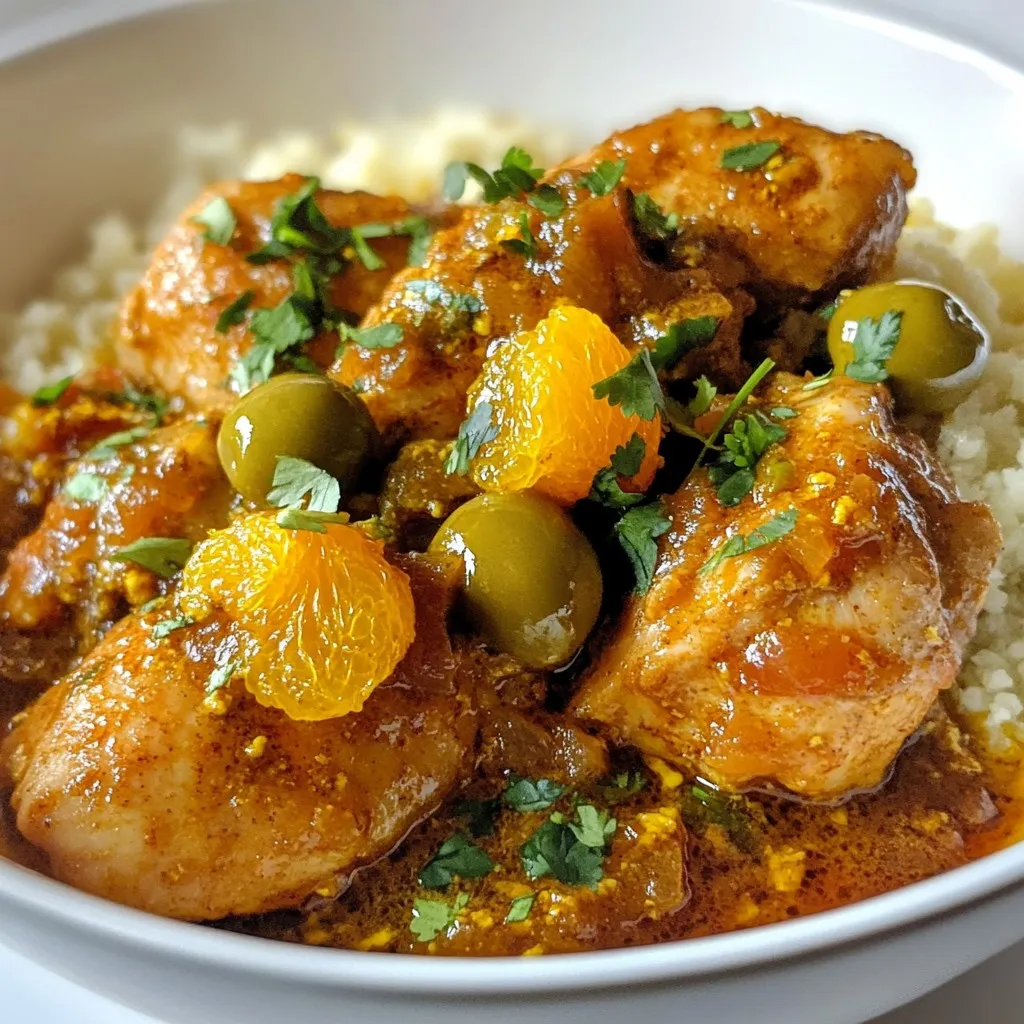 - 4 chicken thighs, skinless and boneless - 2 tablespoons olive oil - 1 large onion, finely chopped - 3 garlic cloves, minced - 1 teaspoon ground cumin - 1 teaspoon ground cinnamon - 1 teaspoon ground ginger - 1 teaspoon turmeric - 1 cup chicken broth - 2 large oranges, zested and juiced - 1/2 cup dried apricots, chopped - 1/2 cup green olives, pitted - Salt and pepper to taste - Fresh cilantro or parsley for garnish - Couscous or rice for serving The ingredients for Moroccan Chicken Orange Tagine come together to create a flavor explosion. Each ingredient plays its part in crafting this dish. Let’s start with the chicken thighs. I love using skinless and boneless thighs because they stay juicy during cooking. Olive oil adds richness and helps with browning. Next, the onion and garlic bring depth to the dish. The spices—cumin, cinnamon, ginger, and turmeric—add warmth and complexity. They transform ordinary chicken into something special. Chicken broth forms the base of the sauce, while orange zest and juice brighten the flavors. Dried apricots add a sweet touch, and green olives bring a briny contrast. Finally, we finish with salt and pepper to taste. Garnishing with fresh cilantro or parsley adds a pop of color. Serving over fluffy couscous or rice makes it a complete meal. Gather these ingredients to prepare for a hearty Moroccan feast! {{ingredient_image_1}} 1. First, heat 2 tablespoons of olive oil in a tagine or pot over medium heat. 2. Next, add 1 large chopped onion. Sauté it until it turns translucent, about 5 minutes. 3. Then, stir in 3 minced garlic cloves. Cook for 1 more minute until you smell the garlic. 4. Season 4 skinless, boneless chicken thighs with salt and pepper. Add them to the pot. Brown the chicken on both sides for about 4-5 minutes each. 5. Now, sprinkle in 1 teaspoon each of ground cumin, ground cinnamon, ground ginger, and turmeric. Stir well to coat the chicken in the spices. 6. Pour in 1 cup of chicken broth, along with the juice and zest from 2 large oranges. Bring this mixture to a simmer. 7. Next, add 1/2 cup of chopped dried apricots and 1/2 cup of pitted green olives to the pot. Gently stir to combine everything. 8. Cover the tagine or pot and reduce the heat to low. Let it simmer for 40-45 minutes, until the chicken is tender and fully cooked. 9. Once done, taste the tagine. Adjust the seasoning with more salt or pepper if needed. 10. Serve the Moroccan Chicken Orange Tagine warm over couscous or rice. Garnish with fresh cilantro or parsley for a bright finish. - Ensuring perfect chicken tenderness To keep chicken tender, don’t rush cooking. Brown the chicken for just a few minutes. Let it simmer in the broth after that. This makes the meat juicy and full of flavor. - Adjusting spice levels If you like more heat, add chili flakes or fresh chilies. For a milder taste, reduce the amount of spices. Always taste as you go to find your perfect mix. - Using a traditional tagine vs. pot A tagine helps steam the chicken and keeps it moist. If you don’t have one, a heavy pot works too. Just make sure it has a tight-fitting lid to trap steam. - Best sides to accompany Serve this dish with fluffy couscous or rice. Both soak up the sauce well. You can also add a fresh salad for a nice crunch. - Presentation tips for guests For a stunning look, use a large serving dish. Garnish with fresh cilantro or parsley. Place the olives and apricots on top for color. This makes your meal look as good as it tastes! Pro Tips Marinate for Flavor: For an even deeper flavor, consider marinating the chicken in the spices and orange juice for a few hours or overnight before cooking. Adjust Sweetness: If you prefer a sweeter dish, add a tablespoon of honey or maple syrup to the tagine while it simmers. Use Fresh Herbs: Fresh cilantro or parsley not only adds color but also enhances the dish's flavor. Add them just before serving for the best effect. Serve with Toppings: Consider serving the tagine with additional toppings like toasted almonds or feta cheese for added texture and flavor. {{image_2}} For this dish, you can swap proteins. Lamb is a great choice. It brings a rich flavor. Tofu works well for a vegetarian option. It absorbs spices nicely. You can also switch dried fruits. Instead of apricots, try prunes or dates. They add a sweet touch. You can mix and match according to your taste. Adding nuts or seeds gives a nice crunch. Almonds or pine nuts work best. They add a layer of flavor. You can roast them for extra taste. Infusing with fresh herbs brightens the dish. Try adding mint or basil. These herbs pair well with orange. They bring freshness and balance. Explore other Moroccan tagine recipes to expand your palate. Try lamb tagine with apricots. It’s a classic dish, rich and savory. You might also enjoy vegetable tagine. It’s hearty and packed with flavor. Each tagine tells a unique story. To keep your Moroccan Chicken Orange Tagine fresh, use these tips: - Refrigeration tips: Place leftovers in an airtight container. This keeps moisture in and prevents drying. Store in the fridge for up to three days. - Best practices for freezing: For longer storage, pour the tagine into a freezer-safe container. Leave some space at the top as liquids expand when frozen. It can last in the freezer for up to three months. When it's time to enjoy leftovers, consider these methods: - Microwave vs stovetop: The microwave is quick but may lead to uneven heating. The stovetop reheats more evenly. Use low heat and add a splash of chicken broth to keep it moist. - Maintaining flavor and texture: Stir the tagine while reheating. This helps blend the flavors and keep the chicken tender. What type of olives is best for this recipe? I recommend using green olives. They add a nice briny flavor. Their taste balances well with the sweet oranges. You can try Kalamata or Castelvetrano olives too. Can I use chicken breasts instead of thighs? Yes, you can use chicken breasts. However, thighs give more flavor and stay juicy. If using breasts, watch the cooking time closely. They cook faster than thighs. How do I thicken the sauce if it's too thin? If your sauce is too thin, mix a little cornstarch with water. Stir that mix into the tagine while it simmers. This will help thicken the sauce quickly. What can I substitute for chicken broth? You can use vegetable broth or water if you don't have chicken broth. Both will work well. They will change the flavor slightly but still taste good. How long does this dish last in the fridge? This dish lasts 3 to 4 days in the fridge. Store it in an airtight container. Just reheat it before serving. The flavors will still be great! Can I make a vegetarian version of this tagine? Absolutely! Replace the chicken with chickpeas or tofu. Use vegetable broth instead of chicken broth. Add more veggies like carrots or zucchini for extra flavor. This article shared a tasty recipe for Moroccan Chicken Orange Tagine. We walked through ingredients, cooking steps, tips, and variations. Each part helps you create a delicious dish. Consider your preferences when using different ingredients and spices. Make it your own! Enjoy this meal with friends, family, or on a special night. Your cooking can impress, so dive in and experiment. You’ll love this flavorful journey!