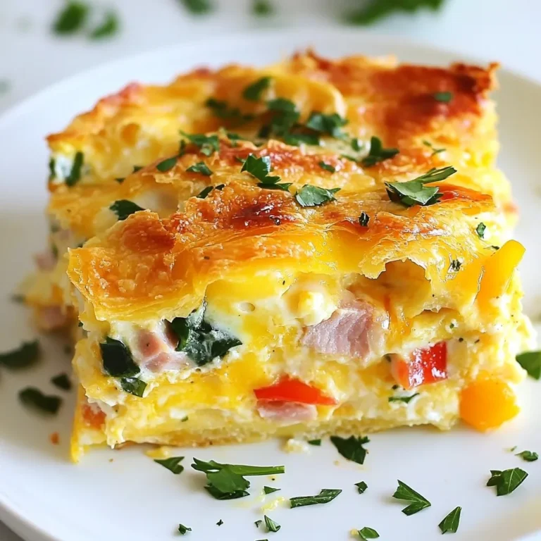 To create a tasty Overnight Croissant Breakfast Casserole, gather these key ingredients: - 6 large croissants, torn into pieces - 6 large eggs - 2 cups whole milk - 1 cup shredded Gruyère cheese - 1 cup diced cooked ham or turkey - 1 bell pepper, diced (any color) - 1 cup fresh spinach, chopped - 1 teaspoon garlic powder - ½ teaspoon salt - ½ teaspoon pepper - 1 tablespoon Dijon mustard - Fresh herbs for garnish (like parsley or chives) These ingredients work together to form a rich and fluffy dish. The croissants give a soft base, while the eggs and milk create a creamy texture. The cheese adds flavor and gooeyness. You can switch up the ham or turkey with your favorite protein. Fresh veggies like bell peppers and spinach add color and nutrients. Feel free to play with seasonings to suit your taste. This casserole is not just filling; it is a delightful breakfast that will impress anyone. Enjoy your cooking! {{ingredient_image_1}} 1. Preparing the Baking Dish: Start by greasing a 9x13 inch baking dish. You can use cooking spray or butter to coat it well. This step helps prevent sticking. 2. Layering the Croissants: Next, take your six large croissants and tear them into bite-sized pieces. Spread these pieces evenly in the greased dish. This will be the base for your delicious casserole. 3. Adding Fillings: Now, sprinkle the diced cooked ham or turkey over the croissants. Follow that with the diced bell pepper and chopped spinach. Finally, add ¾ cup of shredded Gruyère cheese. This mix adds great flavor and texture. 4. Making the Egg Mixture: In a large bowl, crack six large eggs. Whisk them together with two cups of whole milk, one teaspoon of garlic powder, ½ teaspoon of salt, and ½ teaspoon of pepper. Don't forget to add one tablespoon of Dijon mustard. This mixture binds everything together and adds richness. 5. Combining Ingredients: Pour the egg mixture evenly over the layered croissants and fillings. Make sure every piece is soaked. This step is key for a moist casserole. 6. Topping with Cheese: Sprinkle the remaining ¼ cup of Gruyère cheese on top. This will create a lovely cheesy crust when baked. 7. Covering and Refrigerating: Cover the baking dish tightly with plastic wrap. Place it in the fridge overnight or for at least four hours. This allows the flavors to meld beautifully. 8. Baking Instructions: Preheat your oven to 350°F (175°C). Take the casserole out of the fridge and let it sit at room temperature for about 15 minutes. Bake it uncovered for 45-50 minutes. You want it set and golden brown on top. 9. Cooling and Serving Tips: Once baked, let the casserole cool for a few minutes before slicing. This helps it hold its shape. Garnish with fresh herbs like parsley or chives for a pop of color and flavor. Enjoy your delightful breakfast treat! - Ensuring Even Soaking of Croissants To make sure all croissant pieces soak well, pour the egg mixture slowly. Use a spatula to press down on the croissants. This helps them absorb the liquid evenly. - Tips for Perfectly Whipped Eggs For fluffy eggs, whisk them well until the yolks and whites mix fully. Use a large bowl and a whisk or an electric mixer. Aim for a light, airy texture, which will help the casserole rise nicely. - Choosing the Right Cheese Gruyère cheese works great for its meltiness and flavor. You can also try cheddar or mozzarella for a different taste. Choose a cheese that melts well to give your casserole a creamy texture. - Recommended Cooking Time Adjustments If your casserole is cold from the fridge, it may need extra cooking time. Check for a golden top and a firm center. If it’s still jiggly, bake for another 5-10 minutes. Always keep an eye on it to avoid burning. Pro Tips Use Day-Old Croissants: For the best texture, use croissants that are a day or two old. They will absorb the egg mixture better without becoming too soggy. Customize Your Fillings: Feel free to mix and match your favorite vegetables or proteins. Zucchini, mushrooms, or even bacon can add a delicious twist! Let it Sit: Allowing the casserole to rest for at least 15 minutes before baking helps the croissants absorb the egg mixture, resulting in a fluffier texture. Garnish for Flavor: Don't skip the fresh herbs! They add a pop of color and a burst of flavor that elevates the dish. {{image_2}} Alternative Proteins (Chicken, Bacon) You can swap out the ham or turkey for cooked chicken or crispy bacon. Both options add great flavor. Chicken offers a milder taste, while bacon brings a smoky crunch. Use about a cup of either, chopped into bite-sized pieces. Different Cheese Options Gruyère cheese is rich and creamy, but you can use other cheeses too. Cheddar adds a sharp flavor, while mozzarella gives a milder taste. Feta cheese can bring a tangy twist. Choose any cheese that will melt well and fit your taste. Vegetarian Version To make a vegetarian casserole, skip the meat entirely. You can pile on more veggies like mushrooms, zucchini, or broccoli. This adds color and nutrients without losing flavor. Make sure to use eggs and cheese to keep it hearty. Seasonal Vegetable Additions You can change the vegetables based on what’s in season. In spring, add asparagus or peas. In fall, try butternut squash or kale. Seasonal veggies not only taste better, but they also make the dish fresh and vibrant. Experiment to find your favorite mix! Refrigeration Tips After baking, let the casserole cool down. Cover it tightly with plastic wrap or foil. Store it in the fridge for up to 3 days. This keeps it fresh and tasty. Freezing Instructions You can freeze the casserole before baking. Wrap it well in plastic wrap and then in foil. It can stay in the freezer for up to 2 months. When ready to bake, thaw it in the fridge overnight. Reheating Guidelines To reheat, preheat your oven to 350°F (175°C). Remove the cover and bake for 25-30 minutes. Check if it is heated through. It should feel warm in the center. You can also reheat slices in the microwave for a quick meal. Just heat for 1-2 minutes, checking often. Yes, you can make this casserole the night before. Just follow the recipe, cover it, and place it in the fridge. When you wake up, you can bake it right away. This saves time and lets the flavors blend well. Check the casserole after 45 minutes in the oven. It should be set, and the top should turn golden brown. Insert a knife in the center; if it comes out clean, it’s ready. If it’s still wet, give it a few more minutes. Absolutely! Stale croissants work great in this recipe. They soak up the egg mixture better and help create a soft texture. Just tear them into pieces and layer them as usual. This casserole pairs well with fresh fruit or a light salad. You can serve it with orange juice or coffee for a complete breakfast. The fresh flavors balance the richness of the casserole nicely. This blog post shared a straightforward recipe for a croissant casserole. We covered key ingredients, detailed preparation steps, and helpful tips to boost your cooking skills. You now have options for variations and smart storage methods, too. Remember, cooking is about fun and exploration. Don't hesitate to try new ingredients or methods. Enjoy your tasty creation and share it with others!