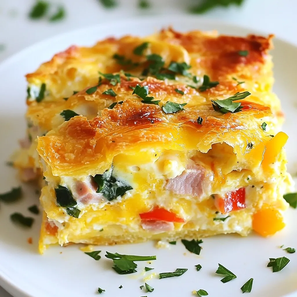 To create a tasty Overnight Croissant Breakfast Casserole, gather these key ingredients: - 6 large croissants, torn into pieces - 6 large eggs - 2 cups whole milk - 1 cup shredded Gruyère cheese - 1 cup diced cooked ham or turkey - 1 bell pepper, diced (any color) - 1 cup fresh spinach, chopped - 1 teaspoon garlic powder - ½ teaspoon salt - ½ teaspoon pepper - 1 tablespoon Dijon mustard - Fresh herbs for garnish (like parsley or chives) These ingredients work together to form a rich and fluffy dish. The croissants give a soft base, while the eggs and milk create a creamy texture. The cheese adds flavor and gooeyness. You can switch up the ham or turkey with your favorite protein. Fresh veggies like bell peppers and spinach add color and nutrients. Feel free to play with seasonings to suit your taste. This casserole is not just filling; it is a delightful breakfast that will impress anyone. Enjoy your cooking! {{ingredient_image_1}} 1. Preparing the Baking Dish: Start by greasing a 9x13 inch baking dish. You can use cooking spray or butter to coat it well. This step helps prevent sticking. 2. Layering the Croissants: Next, take your six large croissants and tear them into bite-sized pieces. Spread these pieces evenly in the greased dish. This will be the base for your delicious casserole. 3. Adding Fillings: Now, sprinkle the diced cooked ham or turkey over the croissants. Follow that with the diced bell pepper and chopped spinach. Finally, add ¾ cup of shredded Gruyère cheese. This mix adds great flavor and texture. 4. Making the Egg Mixture: In a large bowl, crack six large eggs. Whisk them together with two cups of whole milk, one teaspoon of garlic powder, ½ teaspoon of salt, and ½ teaspoon of pepper. Don't forget to add one tablespoon of Dijon mustard. This mixture binds everything together and adds richness. 5. Combining Ingredients: Pour the egg mixture evenly over the layered croissants and fillings. Make sure every piece is soaked. This step is key for a moist casserole. 6. Topping with Cheese: Sprinkle the remaining ¼ cup of Gruyère cheese on top. This will create a lovely cheesy crust when baked. 7. Covering and Refrigerating: Cover the baking dish tightly with plastic wrap. Place it in the fridge overnight or for at least four hours. This allows the flavors to meld beautifully. 8. Baking Instructions: Preheat your oven to 350°F (175°C). Take the casserole out of the fridge and let it sit at room temperature for about 15 minutes. Bake it uncovered for 45-50 minutes. You want it set and golden brown on top. 9. Cooling and Serving Tips: Once baked, let the casserole cool for a few minutes before slicing. This helps it hold its shape. Garnish with fresh herbs like parsley or chives for a pop of color and flavor. Enjoy your delightful breakfast treat! - Ensuring Even Soaking of Croissants To make sure all croissant pieces soak well, pour the egg mixture slowly. Use a spatula to press down on the croissants. This helps them absorb the liquid evenly. - Tips for Perfectly Whipped Eggs For fluffy eggs, whisk them well until the yolks and whites mix fully. Use a large bowl and a whisk or an electric mixer. Aim for a light, airy texture, which will help the casserole rise nicely. - Choosing the Right Cheese Gruyère cheese works great for its meltiness and flavor. You can also try cheddar or mozzarella for a different taste. Choose a cheese that melts well to give your casserole a creamy texture. - Recommended Cooking Time Adjustments If your casserole is cold from the fridge, it may need extra cooking time. Check for a golden top and a firm center. If it’s still jiggly, bake for another 5-10 minutes. Always keep an eye on it to avoid burning. Pro Tips Use Day-Old Croissants: For the best texture, use croissants that are a day or two old. They will absorb the egg mixture better without becoming too soggy. Customize Your Fillings: Feel free to mix and match your favorite vegetables or proteins. Zucchini, mushrooms, or even bacon can add a delicious twist! Let it Sit: Allowing the casserole to rest for at least 15 minutes before baking helps the croissants absorb the egg mixture, resulting in a fluffier texture. Garnish for Flavor: Don't skip the fresh herbs! They add a pop of color and a burst of flavor that elevates the dish. {{image_2}} Alternative Proteins (Chicken, Bacon) You can swap out the ham or turkey for cooked chicken or crispy bacon. Both options add great flavor. Chicken offers a milder taste, while bacon brings a smoky crunch. Use about a cup of either, chopped into bite-sized pieces. Different Cheese Options Gruyère cheese is rich and creamy, but you can use other cheeses too. Cheddar adds a sharp flavor, while mozzarella gives a milder taste. Feta cheese can bring a tangy twist. Choose any cheese that will melt well and fit your taste. Vegetarian Version To make a vegetarian casserole, skip the meat entirely. You can pile on more veggies like mushrooms, zucchini, or broccoli. This adds color and nutrients without losing flavor. Make sure to use eggs and cheese to keep it hearty. Seasonal Vegetable Additions You can change the vegetables based on what’s in season. In spring, add asparagus or peas. In fall, try butternut squash or kale. Seasonal veggies not only taste better, but they also make the dish fresh and vibrant. Experiment to find your favorite mix! Refrigeration Tips After baking, let the casserole cool down. Cover it tightly with plastic wrap or foil. Store it in the fridge for up to 3 days. This keeps it fresh and tasty. Freezing Instructions You can freeze the casserole before baking. Wrap it well in plastic wrap and then in foil. It can stay in the freezer for up to 2 months. When ready to bake, thaw it in the fridge overnight. Reheating Guidelines To reheat, preheat your oven to 350°F (175°C). Remove the cover and bake for 25-30 minutes. Check if it is heated through. It should feel warm in the center. You can also reheat slices in the microwave for a quick meal. Just heat for 1-2 minutes, checking often. Yes, you can make this casserole the night before. Just follow the recipe, cover it, and place it in the fridge. When you wake up, you can bake it right away. This saves time and lets the flavors blend well. Check the casserole after 45 minutes in the oven. It should be set, and the top should turn golden brown. Insert a knife in the center; if it comes out clean, it’s ready. If it’s still wet, give it a few more minutes. Absolutely! Stale croissants work great in this recipe. They soak up the egg mixture better and help create a soft texture. Just tear them into pieces and layer them as usual. This casserole pairs well with fresh fruit or a light salad. You can serve it with orange juice or coffee for a complete breakfast. The fresh flavors balance the richness of the casserole nicely. This blog post shared a straightforward recipe for a croissant casserole. We covered key ingredients, detailed preparation steps, and helpful tips to boost your cooking skills. You now have options for variations and smart storage methods, too. Remember, cooking is about fun and exploration. Don't hesitate to try new ingredients or methods. Enjoy your tasty creation and share it with others!