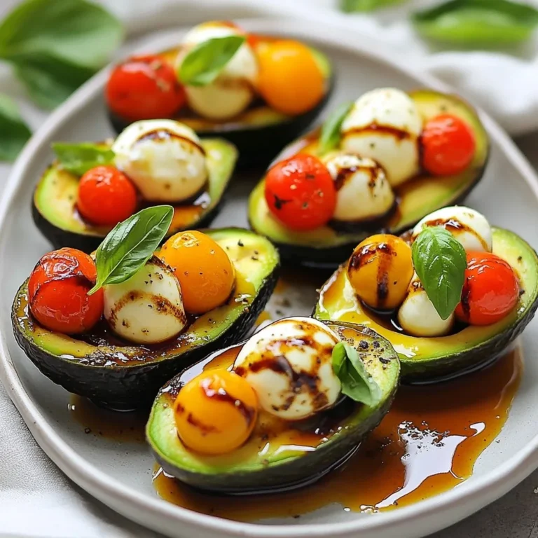 - 2 ripe avocados - 1 cup cherry tomatoes, halved - 1 cup fresh mozzarella balls, halved - 1/4 cup fresh basil leaves, chopped - 2 tablespoons balsamic glaze - 1 tablespoon olive oil - Salt and pepper to taste If you want to switch things up, you can use other cheeses. Feta or goat cheese works well. You can also add grilled chicken or shrimp for protein. Instead of balsamic glaze, try a lemon vinaigrette for a bright twist. You can use any fresh herbs you like, such as parsley or cilantro, instead of basil. Each serving has about 300 calories. The dish offers healthy fats from avocados and protein from mozzarella. You get vitamins A and C from the tomatoes and basil. This meal is low in carbs and high in flavor, making it a great choice for a light meal. {{ingredient_image_1}} To start, take your ripe avocados. Cut them in half lengthwise. Be careful to avoid cutting too deep. Remove the pit gently. Next, scoop out a small part of the flesh from each half. This helps create space for the filling. Place the scooped flesh in a bowl and set it aside. This step is key for a good texture. Now, let’s mix the Caprese filling. In a bowl, add the halved cherry tomatoes. Then, add the halved mozzarella balls. Next, toss in the chopped basil. This is where the fresh flavors come together. Drizzle in the olive oil and balsamic glaze. Don’t forget to season with salt and pepper. Mix all the ingredients gently. Then, fold in the reserved avocado flesh. Make sure everything is well combined. Now comes the fun part: stuffing the avocados! Take your prepared avocado halves. Spoon the Caprese mixture into each half. Make sure to pack it in lightly. This ensures each bite is full of flavor. If you like, drizzle some extra balsamic glaze on top. This adds a nice touch and look. Enjoy your Caprese stuffed avocados right away! To make great Caprese stuffed avocados, choose ripe ones. Look for avocados that feel slightly soft when you press them. A perfect avocado should have smooth, dark skin. Avoid any with brown spots or a mushy feel. If you find hard avocados, leave them at room temperature for a few days. They will ripen nicely. You can easily adapt this recipe to your taste. Try adding ingredients like diced cucumber or bell peppers for extra crunch. If you love spice, add crushed red pepper flakes for heat. You can also use different herbs, like parsley or oregano, instead of basil. For a twist, mix in some pesto with the filling. The options are endless! Make your dish pop by presenting it well. Serve stuffed avocados on a colorful platter. Drizzle balsamic glaze on top for a glossy finish. Sprinkle extra basil leaves around the plate for color. You can also add a touch of olive oil for shine. These small details make your dish look gourmet and inviting. Pro Tips Choose Ripe Avocados: Make sure the avocados are ripe to ensure a creamy texture and easy scooping. They should yield slightly to gentle pressure. Use Fresh Ingredients: Opt for fresh mozzarella and basil for the best flavor. Fresh ingredients elevate the dish and make it more vibrant. Customize the Filling: Feel free to add other ingredients such as olives or arugula to the Caprese mixture for a unique twist on flavors. Serve Immediately: To maintain the freshness and prevent browning of the avocado, serve the stuffed avocados right after preparation. {{image_2}} You can change the cheese in your Caprese stuffed avocados. Instead of mozzarella, try burrata. Burrata is creamy and rich. Feta cheese also adds a nice tang. Goat cheese gives a different flavor too. Each cheese will change the taste, so choose what you like best. Want to make your dish heartier? Add proteins! Grilled chicken or shrimp works well. You can also add chickpeas for a vegetarian option. Just mix your choice of protein into the Caprese filling. This will make your meal more filling and tasty. Balsamic glaze is a classic, but feel free to get creative. Try a lemon vinaigrette for a zesty kick. A pesto drizzle adds herbaceous flavors. You can also use a simple olive oil and vinegar mix. Each dressing changes the flavor, so play around until you find your favorite! To keep your Caprese stuffed avocados fresh, store them in the fridge. Place them in an airtight container. This limits exposure to air and slows browning. If you have leftover filling, store it separately. You can use it for salads or sandwiches later. Always enjoy the stuffed avocados within a day for the best taste. Caprese stuffed avocados are best served cold. If you want to warm them, use a microwave. Heat on low for about 20 seconds. Be careful not to overheat. This can make the avocado mushy. I suggest enjoying them fresh for the best flavor and texture. - Avocados: 3 to 5 days when ripe. - Cherry tomatoes: About 1 week in the fridge. - Mozzarella balls: Up to 1 week once opened. - Fresh basil: Lasts about 3 to 5 days. - Balsamic glaze: Can last for several months if unopened. Always check for freshness before using. This ensures your dish tastes great! Yes, you can prepare the filling ahead of time. Mix the tomatoes, mozzarella, and basil. Keep it in the fridge. Stuff the avocados just before serving to keep them fresh. If you don’t have mozzarella, use feta or goat cheese. These cheeses add a nice tang. They also work well with the other flavors. Yes, Caprese Stuffed Avocados are gluten-free. All the ingredients are naturally gluten-free. Enjoy them without worry! To keep avocados fresh, add lemon juice. Coat the flesh lightly before stuffing. This will slow down browning and keep them vibrant. Absolutely! Cherry tomatoes are great, but you can use grape or heirloom tomatoes too. Just cut them into smaller pieces. Each type adds a unique twist to the dish. Caprese Stuffed Avocados are easy and fun to make. We covered the ingredients, steps, and tips to help you create this tasty dish. Remember to choose ripe avocados for the best flavor. You can customize your filling with different cheeses, proteins, or dressings. Store leftovers properly to keep them fresh. With these ideas, you can enjoy Caprese avocados in many ways. Try making them ahead for events or quick meals. This dish is a simple way to impress guests and enjoy healthy eating.