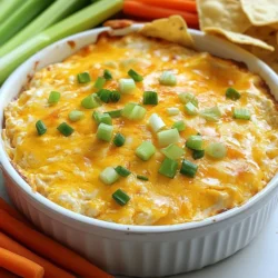 To make this dip, you need a few key items. Here’s the list: - 2 cups cooked shredded chicken - 1 (8 oz) package cream cheese, softened - 1 cup shredded cheddar cheese - 1 cup buffalo sauce (adjust to taste) - 1 cup sour cream These ingredients create the creamy and cheesy base. The chicken adds protein, while the buffalo sauce gives it that spicy kick. You can take your dip to the next level with these extras: - 1/2 cup crumbled blue cheese (optional) - 2 green onions, sliced (for garnish) The blue cheese adds a rich flavor. Green onions not only look great but also add a fresh taste. For serving, I love to use: - Tortilla chips - Celery sticks - Carrot sticks These dippers work well with the dip's creamy texture. You can also try pita chips or crackers if you want something different. {{ingredient_image_1}} Start by taking a large mixing bowl. Add the softened cream cheese, buffalo sauce, and sour cream. Mix them well until smooth. This step is key for a creamy dip. You want to blend these ingredients fully to get the right texture. Next, add the shredded chicken to the creamy mixture. Toss in the shredded cheddar cheese too. If you like blue cheese, add that as well. Stir everything together until all pieces are coated. This ensures every bite has great flavor. Now, transfer the mixture into your crockpot. Spread it out evenly. Cover the crockpot with its lid. Cook on low for 2-3 hours. Stir halfway through to help it cook evenly. Once the cheeses are melted and the dip is hot, it’s ready! Give it a good stir before serving. Taste it and add more buffalo sauce if you like it spicy. Enjoy with tortilla chips, celery sticks, or carrot sticks! To make your dip creamy, use softened cream cheese. Mix it well with the buffalo sauce and sour cream. This helps avoid lumps. Stir until it is smooth. Adding both cheddar and blue cheese gives extra creaminess. If you want it even creamier, add more sour cream. A common mistake is not mixing well. If you don’t combine the cream cheese and sauces, your dip may be chunky. Make sure to shred the chicken finely. Big pieces can make it hard to dip. Also, don’t skip stirring halfway through cooking. This helps the cheeses melt evenly. Taste your dip before serving. If you want it spicier, add more buffalo sauce. For a milder flavor, reduce the sauce. You can also mix in more cheese for richness. Fresh herbs can brighten the taste. Green onions add a nice touch too. Adjust until it fits your taste! Pro Tips Use Rotisserie Chicken: For a quicker prep, use store-bought rotisserie chicken. It adds flavor and saves you time on cooking and shredding. Adjust the Spice Level: Feel free to modify the amount of buffalo sauce to suit your taste. Start with less and add more for heat as needed. Keep it Warm: If serving at a party, keep the dip warm in the crockpot on the "keep warm" setting to ensure it stays creamy and delicious. Experiment with Cheeses: Mix different types of cheese like Monterey Jack or Pepper Jack for a unique twist on flavor and spice. {{image_2}} You can make a low-carb version of this dip easily. Instead of using sour cream, try cream cheese only. Replace the buffalo sauce with a sugar-free kind. Use shredded chicken without any added carbs. This version keeps the taste but lowers the carbs. You can still enjoy it with celery sticks or cheese crisps. For a vegetarian version, swap the chicken for canned chickpeas. Use the same amount. Mash the chickpeas slightly for a great texture. You can keep all the cheeses and buffalo sauce. This change makes it rich and tasty. Serve with veggies like carrots and bell peppers for a healthy option. If you love heat, add chopped jalapeños or diced habaneros. Stir them in with the other ingredients. You can also use a hotter buffalo sauce for a kick. For a smoky flavor, try adding smoked paprika. This will take your dip to a new level of spice. Enjoy with hot tortilla chips for the full experience! First, let the dip cool down. Then, scoop it into an airtight container. You can keep it in the fridge for up to three days. Make sure to seal the container well. This way, it stays fresh and tasty. When you are ready to enjoy the dip again, you can reheat it. Place it in a pot over low heat. Stir it often to prevent burning. You can also use the microwave. Heat it in short bursts. Stir in between to ensure it warms evenly. If you want to save some for later, freezing is a great option. First, let it cool completely. Then, transfer it to a freezer-safe container. Make sure to leave some space at the top. The dip expands when frozen. You can freeze it for up to three months. When you are ready to eat it, thaw it in the fridge overnight. Reheat as mentioned before. Enjoy that creamy goodness anytime! No, you should not use raw chicken. Raw chicken takes longer to cook and might not blend well with the dip. Always use cooked shredded chicken for this recipe. This ensures that the dip is safe to eat and ready in the right time. You can use leftovers or rotisserie chicken to save time. You can store Buffalo chicken dip in the fridge for about 3 to 4 days. Make sure to put it in an airtight container. This helps keep it fresh and tasty. When you want to eat it, just reheat it on the stove or in the microwave. The best dippers for Buffalo chicken dip are tortilla chips, celery sticks, and carrot sticks. Tortilla chips add a nice crunch, while celery and carrot sticks give a fresh taste. You can also try pita chips or sliced bell peppers for a twist. Enjoy mixing and matching your dippers! In this post, I covered how to make Buffalo chicken dip. We discussed key ingredients, optional flavors, and fun ways to serve it. I gave you step-by-step instructions, tips for the best taste, and tasty variations. We also talked about storing and reheating leftovers. Buffalo chicken dip is easy to make and great for sharing. Use these tips to impress your friends and family at your next party! Enjoy every bite!