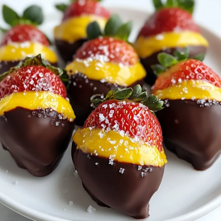 - 1 cup fresh strawberries, washed and dried - ½ cup pumpkin puree - 1 cup dark chocolate chips - 1 tablespoon coconut oil - 1 teaspoon pumpkin spice (a mix of cinnamon, nutmeg, ginger, and clove) - Coarse sea salt for garnish (optional) When making chocolate covered pumpkin strawberries, fresh ingredients are key. Choose ripe strawberries for sweetness and flavor. The pumpkin puree gives a rich taste and creamy texture. For pantry staples, dark chocolate chips melt beautifully, while coconut oil helps achieve a smooth, shiny finish. Pumpkin spice adds the warm autumn flavor we all love. You can add coarse sea salt on top for a touch of contrast. This makes the sweet chocolate pop! Enjoy these ingredients as you create a delightful treat. {{ingredient_image_1}} First, wash the strawberries gently. Make sure to dry them well. Moisture can stop the chocolate from sticking. Use a clean paper towel to soak up any water. In a small bowl, mix together the pumpkin puree and pumpkin spice. Stir well until it is smooth and even. Set this mixture aside for later. Grab a microwave-safe bowl and add the dark chocolate chips and coconut oil. Microwave this mix in 30-second bursts. Stir in between each time. Keep going until it is fully melted and smooth. Hold a strawberry by its stem. Dip it into the melted chocolate, covering it well. Let any extra chocolate drip off. Place it down carefully on a tray. While the chocolate is still warm, take a small spoonful of the pumpkin mixture. Spread it on the top half of the chocolate-covered strawberry. Make sure to do this right after dipping. Put the dipped strawberries on a tray lined with parchment paper. Optionally, sprinkle some coarse sea salt on top. Repeat the process for all your strawberries. Chill them in the fridge for about 30 minutes. Wait until the chocolate is hard. To ensure the chocolate sticks well, dry the strawberries completely. Any water will make the chocolate slide off. I recommend using a paper towel to pat them dry after washing. Holding the strawberry by the stem helps you dip it properly. Make sure to coat each berry fully in chocolate. Let the excess chocolate drip off before you set it down. You can melt chocolate in different ways if you prefer. A double boiler works well; just fill a pot with water and set a bowl on top. Heat the water gently until the chocolate melts. Stir often to keep the chocolate smooth. If you want, try using a slow cooker on low heat. It gives you more control over the melting process. Presentation makes a big difference. Arrange your chocolate-covered pumpkin strawberries on a nice plate. Use a decorative dish for added flair. To make it festive, place colorful fall leaves or edible flowers around them. This adds a fun touch and makes your treat stand out. A little sprinkle of coarse sea salt also enhances the look and taste! Pro Tips Choose the Right Strawberries: Select strawberries that are firm, ripe, and have a bright red color for the best flavor and presentation. Control the Chocolate Temperature: Ensure the melted chocolate is not too hot, as this can cause the pumpkin mixture to melt and mix in, rather than stay on top. Use Quality Chocolate: Opt for high-quality dark chocolate chips for a richer taste and smoother texture when melted. Experiment with Toppings: Try adding crushed nuts or sprinkles on top of the pumpkin mixture for added texture and visual appeal. {{image_2}} You can try different types of chocolate for this treat. Dark chocolate gives a rich taste. Milk chocolate adds sweetness. White chocolate provides a creamy flavor. Each type changes the taste of the pumpkin strawberries. Mix and match to find your favorite! You can spice up the flavors with different spices. Try adding a pinch of chili powder for heat. A dash of vanilla can enhance the sweetness. Ground ginger or allspice can add warmth. Each spice brings a unique twist to your pumpkin strawberries. Experiment to see what you enjoy most! Mini versions of chocolate covered pumpkin strawberries are fun and easy to make. Use smaller strawberries for bite-sized treats. You can also use grape or cherry tomatoes for a savory twist. The smaller size makes them perfect for parties and gatherings. They are cute and easy to grab! To keep your chocolate covered pumpkin strawberries fresh, store them in a cool place. Use an airtight container to prevent moisture from getting in. Always line the container with parchment paper. This way, the strawberries won’t stick together. Keep them away from direct sunlight and heat. This will help maintain their taste and texture. When stored properly, these treats can last about three days in the fridge. After that, they may lose their crispness. I recommend enjoying them within the first two days for the best flavor and texture. If you notice any moisture on the chocolate, it’s time to toss them. You can freeze chocolate covered strawberries if you want to save some for later. Start by placing them on a tray in a single layer. Freeze them for about an hour or until solid. Once frozen, transfer them to a freezer-safe bag or container. They can last up to three months in the freezer. Just remember, the texture may change when you thaw them. Enjoy them straight from the freezer for a cool treat! Yes, you can use milk chocolate. It will taste sweeter. Milk chocolate adds a creamy touch. Just follow the same melting steps. Work fast after melting the chocolate. Keep it warm by stirring often. You can also use a small warming plate. This helps keep the chocolate smooth. You may find them at specialty shops. Look for local bakeries or gourmet stores. Some grocery stores carry seasonal treats too. If you want them fresh, making them at home is best! Yes, you can make them a day before. Just store them in the fridge. They stay fresh and tasty for a bit. Just give them time to set well after dipping. You can try bananas, apples, or even orange slices. Each fruit brings its own flavor. The chocolate pairs well with many fruits! Just make sure they are fresh and dry before dipping. In this post, we explored how to make delicious chocolate-covered pumpkin strawberries. We covered fresh ingredients, pantry staples, and optional garnishes. I shared step-by-step instructions and important tips for perfecting your strawberries. You learned about fun variations and storage methods. Ultimately, this treat is easy to make. It’s a fun way to play with flavors. Enjoy creating your own version and impressing others with your skills!