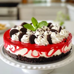 - 1 ½ cups Oreo cookie crumbs - 5 tablespoons unsalted butter, melted - 2 cups cream cheese, softened - 1 cup granulated sugar - 1 teaspoon vanilla extract - 2 large eggs - ¼ cup sour cream - 1 tablespoon cocoa powder - 1 teaspoon red food coloring - 1 cup crushed Oreos (for topping) - Whipped cream (for garnish) - Fresh mint leaves (for garnish) To start, gather all your ingredients. This will make your baking process smooth. First, you need 1 ½ cups of Oreo cookie crumbs. This will form the base of your cheesecake. Use 5 tablespoons of unsalted butter, melted, to bind the crumbs together. Next, get 2 cups of softened cream cheese for a smooth filling. Combine it with 1 cup of granulated sugar for sweetness. For flavor, add 1 teaspoon of vanilla extract. Crack 2 large eggs into the mix to help set the cheesecake. You’ll also need ¼ cup of sour cream. This adds creaminess and depth. Add 1 tablespoon of cocoa powder for a hint of chocolate flavor. The 1 teaspoon of red food coloring will give your cheesecake that classic red velvet look. For the topping, crush 1 cup of Oreos to sprinkle on top. Finally, whip up some cream for garnish, and grab fresh mint leaves for a pop of color. These ingredients will help you create a delightful and tasty Red Velvet Oreo Cheesecake that everyone will enjoy! {{ingredient_image_1}} 1. Preheat your oven to 325°F (160°C). This helps the crust bake evenly. 2. In a medium bowl, mix 1 ½ cups of Oreo cookie crumbs with 5 tablespoons of melted butter. Stir until it forms a sandy mixture. 3. Press this mixture firmly into the bottom of a 9-inch springform pan. Make sure it is even. Bake for about 10 minutes, then take it out and let it cool. 1. In a large mixing bowl, beat 2 cups of softened cream cheese with an electric mixer. Mix on medium speed until it is creamy and smooth. 2. Gradually add 1 cup of granulated sugar, mixing until it is fully combined. 3. Next, mix in 1 teaspoon of vanilla extract, 2 large eggs (one at a time), and ¼ cup of sour cream. Keep mixing on low speed until just combined. Be careful not to overmix. 1. Sift in 1 tablespoon of cocoa powder. Then, add 1 teaspoon of red food coloring. Blend until the color is even and looks rich. 2. Gently fold in 1 cup of crushed Oreos. Make sure they are evenly mixed in with the cheesecake. 1. Pour the cheesecake filling over the cooled crust in your springform pan. Smooth the top with a spatula. 2. Bake in the preheated oven for about 45-50 minutes. The edges should be set, but the center can still jiggle a little. 3. After baking, turn off the oven and crack the door open. Let the cheesecake cool slowly in the oven for about 1 hour. 4. Once cooled, remove it from the oven and let it cool to room temperature. After that, refrigerate for at least 4 hours or overnight for best results. To get the best texture for your cheesecake, avoid overmixing. When you combine ingredients, mix just until they blend. Overmixing makes the cheesecake dense and heavy. This is especially true when you add eggs. Add them one at a time, mixing gently. Cooling the cheesecake is also key. After baking, turn off the oven and crack open the door. Let it cool slowly for an hour. This helps prevent cracks from forming. Once it cools, let it chill in the fridge for at least four hours. Overnight is even better. You can make this cheesecake in advance. It tastes even better the next day! Prepare it a day or two before serving. Store it in the fridge, covered tightly. This keeps it fresh. If you have leftovers, they last well in the fridge too. Just cover them to keep them moist and tasty. When you're ready to serve, top the cheesecake with whipped cream. Sprinkle crushed Oreos on top for a fun crunch. Fresh mint leaves add a nice touch of color. For a nice presentation, slice the cheesecake into even pieces. Use a warm knife to get clean cuts. Serve on a pretty plate, and you’re all set! Pro Tips Use Room Temperature Ingredients: Ensure that your cream cheese and eggs are at room temperature for a smoother filling and better incorporation. Don’t Overmix: Mix the cheesecake filling just until combined to avoid incorporating too much air, which can cause cracks during baking. Check for Doneness: The cheesecake is done when the edges are set, but the center still has a slight jiggle. It will firm up as it cools. Chill Overnight: For best flavor and texture, refrigerate the cheesecake overnight before serving; this allows the flavors to meld and the cheesecake to set properly. {{image_2}} You can change the flavor of the Red Velvet Oreo Cheesecake by adding extracts. Almond extract adds a sweet, nutty note. You can also try using orange or lemon extract for a bright twist. For toppings, mix it up with chocolate ganache. Just melt chocolate and cream together, then drizzle it over the cheesecake. You could also use fresh berries for a fruity touch. If you need a gluten-free option, use gluten-free Oreo cookies for the crust. They taste just as good! You can also try different cream cheese types, like flavored varieties. Strawberry or blueberry cream cheese can add a fun twist to the cheesecake. To make mini cheesecakes, use a muffin tin instead of a springform pan. Adjust the recipe by dividing the filling into each cup. Bake them for about 20-25 minutes. This shorter time keeps them soft and creamy. Enjoy these bite-sized treats at parties or for a fun dessert! To store your Red Velvet Oreo Cheesecake, let it cool completely first. Once cool, cover it with plastic wrap. This keeps it fresh and prevents any odors from the fridge. You can also use an airtight container for added protection. The cheesecake lasts in the fridge for about 5 to 7 days. It’s best to enjoy it within this time for the best taste. If you want to save some cheesecake for later, freezing is a great option! First, slice the cheesecake into individual pieces. Wrap each slice in plastic wrap tightly. Then, place them in a freezer-safe bag or container. This helps prevent freezer burn. When you're ready to enjoy a slice, take it out and thaw it overnight in the fridge. For the best texture, avoid thawing it at room temperature. This keeps your cheesecake creamy and delicious. Red Velvet Oreo Cheesecake lasts about 5 to 7 days in the fridge. Store it in an airtight container. This keeps it fresh and tasty for longer. Yes, you can use low-fat cream cheese. It may change the taste and texture a bit. The cheesecake might be less rich but still delicious. If your cheesecake cracks, don't worry! It's still tasty. To fix it, you can cover the cracks with whipped cream or crushed Oreos. This hides the cracks well. You can make this cheesecake without eggs. Use a substitute like applesauce or silken tofu. This will help keep the texture smooth and creamy. Yes, you can skip the food coloring. The cheesecake will still taste great. It will just be a classic cream cheese color without the red hue. This blog post guides you through making Red Velvet Oreo Cheesecake. You learned about the key ingredients, step-by-step instructions, helpful tips, and storage options. Experiment with variations to suit your taste. This dessert is easy to enjoy, impress, and customize. Follow these steps for a delicious treat in no time. Share your creations with friends and family. Enjoy making this cheesecake your own!