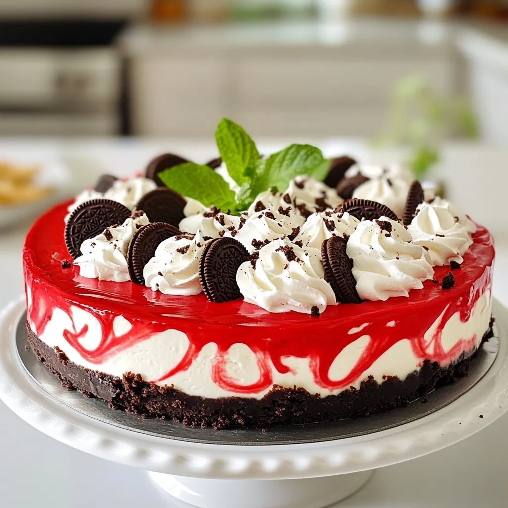 - 1 ½ cups Oreo cookie crumbs - 5 tablespoons unsalted butter, melted - 2 cups cream cheese, softened - 1 cup granulated sugar - 1 teaspoon vanilla extract - 2 large eggs - ¼ cup sour cream - 1 tablespoon cocoa powder - 1 teaspoon red food coloring - 1 cup crushed Oreos (for topping) - Whipped cream (for garnish) - Fresh mint leaves (for garnish) To start, gather all your ingredients. This will make your baking process smooth. First, you need 1 ½ cups of Oreo cookie crumbs. This will form the base of your cheesecake. Use 5 tablespoons of unsalted butter, melted, to bind the crumbs together. Next, get 2 cups of softened cream cheese for a smooth filling. Combine it with 1 cup of granulated sugar for sweetness. For flavor, add 1 teaspoon of vanilla extract. Crack 2 large eggs into the mix to help set the cheesecake. You’ll also need ¼ cup of sour cream. This adds creaminess and depth. Add 1 tablespoon of cocoa powder for a hint of chocolate flavor. The 1 teaspoon of red food coloring will give your cheesecake that classic red velvet look. For the topping, crush 1 cup of Oreos to sprinkle on top. Finally, whip up some cream for garnish, and grab fresh mint leaves for a pop of color. These ingredients will help you create a delightful and tasty Red Velvet Oreo Cheesecake that everyone will enjoy! {{ingredient_image_1}} 1. Preheat your oven to 325°F (160°C). This helps the crust bake evenly. 2. In a medium bowl, mix 1 ½ cups of Oreo cookie crumbs with 5 tablespoons of melted butter. Stir until it forms a sandy mixture. 3. Press this mixture firmly into the bottom of a 9-inch springform pan. Make sure it is even. Bake for about 10 minutes, then take it out and let it cool. 1. In a large mixing bowl, beat 2 cups of softened cream cheese with an electric mixer. Mix on medium speed until it is creamy and smooth. 2. Gradually add 1 cup of granulated sugar, mixing until it is fully combined. 3. Next, mix in 1 teaspoon of vanilla extract, 2 large eggs (one at a time), and ¼ cup of sour cream. Keep mixing on low speed until just combined. Be careful not to overmix. 1. Sift in 1 tablespoon of cocoa powder. Then, add 1 teaspoon of red food coloring. Blend until the color is even and looks rich. 2. Gently fold in 1 cup of crushed Oreos. Make sure they are evenly mixed in with the cheesecake. 1. Pour the cheesecake filling over the cooled crust in your springform pan. Smooth the top with a spatula. 2. Bake in the preheated oven for about 45-50 minutes. The edges should be set, but the center can still jiggle a little. 3. After baking, turn off the oven and crack the door open. Let the cheesecake cool slowly in the oven for about 1 hour. 4. Once cooled, remove it from the oven and let it cool to room temperature. After that, refrigerate for at least 4 hours or overnight for best results. To get the best texture for your cheesecake, avoid overmixing. When you combine ingredients, mix just until they blend. Overmixing makes the cheesecake dense and heavy. This is especially true when you add eggs. Add them one at a time, mixing gently. Cooling the cheesecake is also key. After baking, turn off the oven and crack open the door. Let it cool slowly for an hour. This helps prevent cracks from forming. Once it cools, let it chill in the fridge for at least four hours. Overnight is even better. You can make this cheesecake in advance. It tastes even better the next day! Prepare it a day or two before serving. Store it in the fridge, covered tightly. This keeps it fresh. If you have leftovers, they last well in the fridge too. Just cover them to keep them moist and tasty. When you're ready to serve, top the cheesecake with whipped cream. Sprinkle crushed Oreos on top for a fun crunch. Fresh mint leaves add a nice touch of color. For a nice presentation, slice the cheesecake into even pieces. Use a warm knife to get clean cuts. Serve on a pretty plate, and you’re all set! Pro Tips Use Room Temperature Ingredients: Ensure that your cream cheese and eggs are at room temperature for a smoother filling and better incorporation. Don’t Overmix: Mix the cheesecake filling just until combined to avoid incorporating too much air, which can cause cracks during baking. Check for Doneness: The cheesecake is done when the edges are set, but the center still has a slight jiggle. It will firm up as it cools. Chill Overnight: For best flavor and texture, refrigerate the cheesecake overnight before serving; this allows the flavors to meld and the cheesecake to set properly. {{image_2}} You can change the flavor of the Red Velvet Oreo Cheesecake by adding extracts. Almond extract adds a sweet, nutty note. You can also try using orange or lemon extract for a bright twist. For toppings, mix it up with chocolate ganache. Just melt chocolate and cream together, then drizzle it over the cheesecake. You could also use fresh berries for a fruity touch. If you need a gluten-free option, use gluten-free Oreo cookies for the crust. They taste just as good! You can also try different cream cheese types, like flavored varieties. Strawberry or blueberry cream cheese can add a fun twist to the cheesecake. To make mini cheesecakes, use a muffin tin instead of a springform pan. Adjust the recipe by dividing the filling into each cup. Bake them for about 20-25 minutes. This shorter time keeps them soft and creamy. Enjoy these bite-sized treats at parties or for a fun dessert! To store your Red Velvet Oreo Cheesecake, let it cool completely first. Once cool, cover it with plastic wrap. This keeps it fresh and prevents any odors from the fridge. You can also use an airtight container for added protection. The cheesecake lasts in the fridge for about 5 to 7 days. It’s best to enjoy it within this time for the best taste. If you want to save some cheesecake for later, freezing is a great option! First, slice the cheesecake into individual pieces. Wrap each slice in plastic wrap tightly. Then, place them in a freezer-safe bag or container. This helps prevent freezer burn. When you're ready to enjoy a slice, take it out and thaw it overnight in the fridge. For the best texture, avoid thawing it at room temperature. This keeps your cheesecake creamy and delicious. Red Velvet Oreo Cheesecake lasts about 5 to 7 days in the fridge. Store it in an airtight container. This keeps it fresh and tasty for longer. Yes, you can use low-fat cream cheese. It may change the taste and texture a bit. The cheesecake might be less rich but still delicious. If your cheesecake cracks, don't worry! It's still tasty. To fix it, you can cover the cracks with whipped cream or crushed Oreos. This hides the cracks well. You can make this cheesecake without eggs. Use a substitute like applesauce or silken tofu. This will help keep the texture smooth and creamy. Yes, you can skip the food coloring. The cheesecake will still taste great. It will just be a classic cream cheese color without the red hue. This blog post guides you through making Red Velvet Oreo Cheesecake. You learned about the key ingredients, step-by-step instructions, helpful tips, and storage options. Experiment with variations to suit your taste. This dessert is easy to enjoy, impress, and customize. Follow these steps for a delicious treat in no time. Share your creations with friends and family. Enjoy making this cheesecake your own!