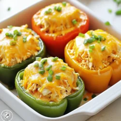 - 4 large bell peppers (any color) - 2 cups cooked shredded chicken - 1/2 cup buffalo sauce - 1 cup cream cheese, softened - 1 cup shredded cheddar cheese (plus extra for topping) - 1/2 cup green onions, chopped - 1 teaspoon garlic powder - Salt and pepper to taste - Optional: Ranch dressing for serving Gathering the right ingredients makes all the difference in your buffalo chicken stuffed peppers. Start with vibrant bell peppers. They can be red, green, yellow, or orange. Each color has its own flavor and sweetness. Next, you will need cooked shredded chicken. This can be from a rotisserie chicken or chicken you cooked yourself. The key is that it must be tender and easy to mix. Buffalo sauce gives these peppers a spicy kick. Adjust the amount based on your heat preference. Cream cheese adds a creamy texture and balances the heat well. Shredded cheddar cheese brings richness and a nice cheesy top. Don’t forget to save some for the topping! Green onions add a fresh crunch and flavor. Garlic powder rounds out the taste with its savory notes. Finally, season with salt and pepper. This step enhances all the flavors in the dish. If you want an extra touch, ranch dressing is a great option for serving. It's a cool, creamy complement to the spicy stuffed peppers. With these ingredients, you’re set to create a delicious and filling meal! {{ingredient_image_1}} - Preheat your oven to 375°F (190°C). - Cut the tops off the bell peppers and remove seeds. This makes room for the filling. Place the peppers cut-side up in a baking dish. - In a large bowl, combine shredded chicken, buffalo sauce, cream cheese, cheddar cheese, chopped green onions, garlic powder, salt, and pepper. - Mix until everything is well combined. This mixture will be the star of your dish! - Spoon the buffalo chicken mixture evenly into each of the prepared peppers. Press down gently to pack them in. - Sprinkle extra shredded cheddar cheese on top for a cheesy finish. - Cover the baking dish with aluminum foil and bake in the preheated oven for 25 minutes. - After 25 minutes, remove the foil. Bake for an additional 10-15 minutes. Wait until the peppers are tender and the cheese is golden and bubbly. - Once done, let them cool for a few minutes before serving. To get the best flavor from your Buffalo Chicken Stuffed Peppers, adjust the buffalo sauce. If you like it spicy, add more. If you prefer it milder, use less. This small change can make a big difference. Always ensure your cream cheese is softened. Soft cream cheese mixes easily into the chicken, making a smooth filling. Before you serve your peppers, drizzle them with ranch dressing. This adds a cool taste that pairs well with the heat. You can also garnish with extra green onions. This makes your dish look nice and adds freshness. One common mistake is overstuffing the peppers. When you pack them too tightly, the filling spills out while baking. Keep an eye on how much you add. Another mistake is not preheating the oven. If the oven isn’t hot, it may change the cooking time and texture of your peppers. Always preheat to get that perfect bake. Pro Tips Choose the Right Peppers: Opt for larger bell peppers to accommodate more filling and ensure they hold their shape while baking. Adjust the Spice Level: Modify the amount of buffalo sauce based on your heat preference. For a milder version, use less sauce or a milder variety. Make Ahead: You can prepare the stuffed peppers in advance. Assemble them and store in the fridge for up to a day before baking. Garnish for Flavor: Enhance the dish by garnishing with fresh cilantro or parsley, and serve with a side of ranch or blue cheese dressing for dipping. {{image_2}} You can switch up the proteins in this dish. Ground turkey or tofu works great. Each option brings its own flavor. If you want a cheesy twist, try using mozzarella or feta cheese. Both melt nicely and add a different taste. If you need a gluten-free meal, look for certified gluten-free buffalo sauce. It keeps all the flavor without the gluten. For a vegan version, use plant-based cream cheese and a chicken alternative. Both options taste fantastic and keep the spirit of the dish alive. Mixing in chopped celery or carrots gives a nice crunch. It adds texture and a fresh taste. If you love heat, sprinkle in red pepper flakes. They bring a spicy kick that pairs well with the buffalo sauce. You can store leftovers of buffalo chicken stuffed peppers in an airtight container. They will stay fresh for up to 3 days in your fridge. This method keeps the flavors intact while preventing the peppers from drying out. If you want to keep them longer, freeze the stuffed peppers. Wrap each one individually in plastic wrap. They can last up to 2 months in the freezer. This is a great way to have a quick meal ready when you need it. To reheat your stuffed peppers, use the oven. Preheat it to 350°F (175°C). Place the peppers in a baking dish and heat until they are warm throughout. This method helps keep the peppers tender and the cheese melty. Yes, but ensure it's fully cooked before assembly. Fresh chicken needs cooking first. This keeps the dish safe and tasty. You can bake, boil, or grill the chicken. Once cooked, shred it and mix it into your filling. This adds a nice touch to your stuffed peppers. Pair with celery sticks or a light salad. Celery sticks add crunch and freshness. They balance the heat of the buffalo sauce. A simple salad with greens works well too. It adds color and a crisp texture to your meal. Try a light vinaigrette for a tasty dressing. Use mild buffalo sauce or mix in additional cream cheese. Mild sauce gives the same flavor without the heat. Adding more cream cheese also helps cool things down. Cream cheese makes the filling creamy and rich, which is perfect for those who prefer less spice. Buffalo chicken stuffed peppers are easy to make and packed with flavor. We covered the key ingredients, step-by-step instructions, and tips for perfecting the dish. Remember to adjust the spice level to your taste. You can even swap out ingredients for fun varieties. Store leftovers properly to enjoy them later. With these ideas, I’m sure you’ll impress your family and friends. Enjoy your cooking and savor every bite!