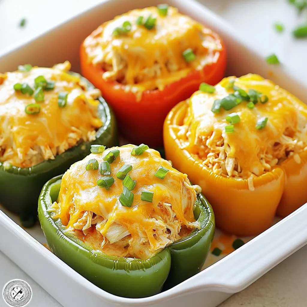 - 4 large bell peppers (any color) - 2 cups cooked shredded chicken - 1/2 cup buffalo sauce - 1 cup cream cheese, softened - 1 cup shredded cheddar cheese (plus extra for topping) - 1/2 cup green onions, chopped - 1 teaspoon garlic powder - Salt and pepper to taste - Optional: Ranch dressing for serving Gathering the right ingredients makes all the difference in your buffalo chicken stuffed peppers. Start with vibrant bell peppers. They can be red, green, yellow, or orange. Each color has its own flavor and sweetness. Next, you will need cooked shredded chicken. This can be from a rotisserie chicken or chicken you cooked yourself. The key is that it must be tender and easy to mix. Buffalo sauce gives these peppers a spicy kick. Adjust the amount based on your heat preference. Cream cheese adds a creamy texture and balances the heat well. Shredded cheddar cheese brings richness and a nice cheesy top. Don’t forget to save some for the topping! Green onions add a fresh crunch and flavor. Garlic powder rounds out the taste with its savory notes. Finally, season with salt and pepper. This step enhances all the flavors in the dish. If you want an extra touch, ranch dressing is a great option for serving. It's a cool, creamy complement to the spicy stuffed peppers. With these ingredients, you’re set to create a delicious and filling meal! {{ingredient_image_1}} - Preheat your oven to 375°F (190°C). - Cut the tops off the bell peppers and remove seeds. This makes room for the filling. Place the peppers cut-side up in a baking dish. - In a large bowl, combine shredded chicken, buffalo sauce, cream cheese, cheddar cheese, chopped green onions, garlic powder, salt, and pepper. - Mix until everything is well combined. This mixture will be the star of your dish! - Spoon the buffalo chicken mixture evenly into each of the prepared peppers. Press down gently to pack them in. - Sprinkle extra shredded cheddar cheese on top for a cheesy finish. - Cover the baking dish with aluminum foil and bake in the preheated oven for 25 minutes. - After 25 minutes, remove the foil. Bake for an additional 10-15 minutes. Wait until the peppers are tender and the cheese is golden and bubbly. - Once done, let them cool for a few minutes before serving. To get the best flavor from your Buffalo Chicken Stuffed Peppers, adjust the buffalo sauce. If you like it spicy, add more. If you prefer it milder, use less. This small change can make a big difference. Always ensure your cream cheese is softened. Soft cream cheese mixes easily into the chicken, making a smooth filling. Before you serve your peppers, drizzle them with ranch dressing. This adds a cool taste that pairs well with the heat. You can also garnish with extra green onions. This makes your dish look nice and adds freshness. One common mistake is overstuffing the peppers. When you pack them too tightly, the filling spills out while baking. Keep an eye on how much you add. Another mistake is not preheating the oven. If the oven isn’t hot, it may change the cooking time and texture of your peppers. Always preheat to get that perfect bake. Pro Tips Choose the Right Peppers: Opt for larger bell peppers to accommodate more filling and ensure they hold their shape while baking. Adjust the Spice Level: Modify the amount of buffalo sauce based on your heat preference. For a milder version, use less sauce or a milder variety. Make Ahead: You can prepare the stuffed peppers in advance. Assemble them and store in the fridge for up to a day before baking. Garnish for Flavor: Enhance the dish by garnishing with fresh cilantro or parsley, and serve with a side of ranch or blue cheese dressing for dipping. {{image_2}} You can switch up the proteins in this dish. Ground turkey or tofu works great. Each option brings its own flavor. If you want a cheesy twist, try using mozzarella or feta cheese. Both melt nicely and add a different taste. If you need a gluten-free meal, look for certified gluten-free buffalo sauce. It keeps all the flavor without the gluten. For a vegan version, use plant-based cream cheese and a chicken alternative. Both options taste fantastic and keep the spirit of the dish alive. Mixing in chopped celery or carrots gives a nice crunch. It adds texture and a fresh taste. If you love heat, sprinkle in red pepper flakes. They bring a spicy kick that pairs well with the buffalo sauce. You can store leftovers of buffalo chicken stuffed peppers in an airtight container. They will stay fresh for up to 3 days in your fridge. This method keeps the flavors intact while preventing the peppers from drying out. If you want to keep them longer, freeze the stuffed peppers. Wrap each one individually in plastic wrap. They can last up to 2 months in the freezer. This is a great way to have a quick meal ready when you need it. To reheat your stuffed peppers, use the oven. Preheat it to 350°F (175°C). Place the peppers in a baking dish and heat until they are warm throughout. This method helps keep the peppers tender and the cheese melty. Yes, but ensure it's fully cooked before assembly. Fresh chicken needs cooking first. This keeps the dish safe and tasty. You can bake, boil, or grill the chicken. Once cooked, shred it and mix it into your filling. This adds a nice touch to your stuffed peppers. Pair with celery sticks or a light salad. Celery sticks add crunch and freshness. They balance the heat of the buffalo sauce. A simple salad with greens works well too. It adds color and a crisp texture to your meal. Try a light vinaigrette for a tasty dressing. Use mild buffalo sauce or mix in additional cream cheese. Mild sauce gives the same flavor without the heat. Adding more cream cheese also helps cool things down. Cream cheese makes the filling creamy and rich, which is perfect for those who prefer less spice. Buffalo chicken stuffed peppers are easy to make and packed with flavor. We covered the key ingredients, step-by-step instructions, and tips for perfecting the dish. Remember to adjust the spice level to your taste. You can even swap out ingredients for fun varieties. Store leftovers properly to enjoy them later. With these ideas, I’m sure you’ll impress your family and friends. Enjoy your cooking and savor every bite!