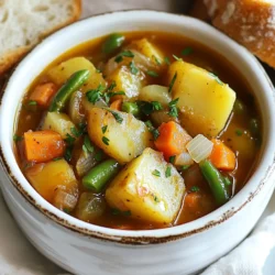 For a hearty Irish vegetable stew, you will need the following ingredients: - 4 medium potatoes, diced - 3 carrots, sliced - 2 parsnips, sliced - 1 large onion, chopped - 2 cloves garlic, minced - 1 cup green beans, trimmed and cut into bite-sized pieces - 1 cup vegetable broth - 1 cup water - 1 tablespoon olive oil - 1 teaspoon dried thyme - 1 teaspoon dried rosemary - Salt and pepper to taste - Fresh parsley, chopped (for garnish) These simple ingredients come together to create a warm and satisfying dish. You can easily swap out some ingredients based on what you have. Here are some ideas: - Use sweet potatoes instead of regular potatoes for a sweeter flavor. - Replace parsnips with turnips for a different taste. - If you don’t have green beans, try peas or zucchini. - Any vegetable broth works, but homemade adds a special touch. - For a richer flavor, you can use olive oil with a bit of butter. Feel free to get creative! The stew is forgiving and will still taste great. This stew is not only tasty but also healthy. Here’s a quick look at what you get per serving: - Calories: About 210 - Protein: 4g - Carbohydrates: 40g - Dietary Fiber: 7g - Fat: 4g It’s rich in vitamins from all the veggies. Plus, it’s low in fat, making it a perfect comfort food choice. Enjoy the warmth and nourishment this stew brings! {{ingredient_image_1}} To make Irish vegetable stew, start with the right prep. Gather all your ingredients first. This will keep your cooking smooth and easy. - 4 medium potatoes, diced - 3 carrots, sliced - 2 parsnips, sliced - 1 large onion, chopped - 2 cloves garlic, minced - 1 cup green beans, trimmed and cut into bite-sized pieces - 1 cup vegetable broth - 1 cup water - 1 tablespoon olive oil - 1 teaspoon dried thyme - 1 teaspoon dried rosemary - Salt and pepper to taste - Fresh parsley, chopped (for garnish) Chop the onion and mince the garlic. Dice the potatoes, slice the carrots, and parsnips. Trim and cut the green beans. Having everything ready makes cooking fun. Heat the olive oil in a large pot over medium heat. When it’s hot, add the onion and garlic. Cook them for about 3-4 minutes. You want the onion to look clear. Next, add the diced potatoes, sliced carrots, and parsnips. Stir these for around 5 minutes. This step adds great flavor. Now pour in the vegetable broth and water. Bring this mix to a gentle boil. Once boiling, toss in the green beans, thyme, and rosemary. Season with salt and pepper to your liking. Lower the heat and cover the pot. Let the stew simmer for about 30-35 minutes. Check now and then to stir. The veggies should be tender and soft when done. After cooking, take it off the heat and let it sit for 5 minutes. This resting time helps the flavors blend. Serve your Irish vegetable stew in warm bowls. To make it look nice, sprinkle some fresh parsley on top. It adds a pop of color and flavor. For a complete meal, serve it with crusty bread on the side. This stew is perfect for sharing with friends or family. Enjoy the warmth and comfort in every bowl! To boost the flavor of your Irish vegetable stew, you can use fresh herbs. Fresh thyme and rosemary can add a bright taste. You can also try adding a splash of red wine. This adds depth to the stew. For a kick, toss in a pinch of chili flakes. Don't forget to season well with salt and pepper. Taste as you go! One common mistake is overcooking the veggies. This can make them mushy. Aim for tender but firm vegetables. Another mistake is not sautéing the onion and garlic enough. This step builds a strong base flavor. Lastly, don’t skip the simmering time. This allows the flavors to blend and deepen. Start by heating the olive oil before adding the onions. This helps to release their flavors. Stir often while cooking to prevent sticking. When simmering, keep the pot covered. This keeps the heat in and helps cook the stew evenly. Lastly, let the stew rest before serving. This step allows the flavors to settle. Pro Tips Prep Your Ingredients: Before you start cooking, have all your vegetables washed, peeled, and chopped. This will make the cooking process smoother and more enjoyable. Season As You Go: Don't wait until the end to season your stew. Add a little salt and pepper at different stages of cooking to build layers of flavor. Use Fresh Herbs: For the best flavor, try using fresh thyme and rosemary instead of dried. Add them towards the end of cooking to retain their vibrant taste. Let It Sit: After removing the stew from heat, let it sit for a few minutes before serving. This allows the flavors to meld together, enhancing the overall taste. {{image_2}} Irish vegetable stew is already a great choice for vegans and vegetarians. It uses fresh vegetables and vegetable broth, making it plant-based. You can add more veggies like bell peppers or zucchini for more taste. Use spices like cumin or paprika for extra flavor. These options keep the stew hearty and satisfying without meat. If you want to add protein, beans and lentils are perfect. Kidney beans or chickpeas work well. They add texture and nutrition. Lentils cook quickly, so they blend in nicely. Add them when you pour in the broth. This makes the stew filling and healthy. You can enjoy it as a main dish or a side. Using seasonal vegetables can change the stew’s flavor. In spring, add peas or asparagus for a fresh taste. In fall, try butternut squash for a sweet twist. Summer veggies like corn or tomatoes can brighten it up. This keeps the dish exciting and allows you to use what you have on hand. You can always mix and match to find your favorite combo. After cooking your Irish Vegetable Stew, let it cool down. Store it in an airtight container. This keeps the stew fresh and tasty. Place it in the fridge if you plan to eat it in a few days. It can last for up to 3-4 days in the fridge. If you want to keep it longer, freezing is a great option. To reheat your stew, pour it into a pot. Heat it on medium-low until warm. Stir it often to avoid sticking. You can also use the microwave. Place the stew in a microwave-safe bowl. Cover it with a lid or plate. Heat it in short bursts, stirring in between. This helps it warm evenly. For longer storage, freeze your Irish Vegetable Stew. Pour it into freezer-safe bags or containers. Leave some space at the top, as the stew will expand. Label the bags with the date. When you’re ready to eat it, thaw it overnight in the fridge. You can also use the microwave for quick thawing. Reheat as mentioned above for the best taste. You can serve Irish Vegetable Stew with crusty bread. A nice baguette works well. It helps scoop up the stew and adds a nice crunch. You might also enjoy a fresh green salad on the side. A simple salad with lettuce, cucumber, and a light dressing pairs nicely. If you want something warm, try serving it with mashed potatoes. They add creaminess to each bite. Irish Vegetable Stew lasts about three to five days in the fridge. Make sure to store it in an airtight container. This keeps it fresh and tasty. Just let it cool down before you put it away. When you want to eat it again, check for any changes in color or smell. Trust your senses; if it seems off, it's best to toss it. Yes, you can make Irish Vegetable Stew in a slow cooker. Just follow the same steps. Start by sautéing the onion and garlic in a pan. Then, add everything to the slow cooker. Set it on low for about six to eight hours. This method lets the flavors mix well. It’s an easy way to enjoy a warm meal after a long day. In this blog post, we covered all you need to know about Irish Vegetable Stew. We looked at the ingredients, step-by-step instructions, and tips to enhance flavor. I shared some tasty variations and best storage practices. Remember, this stew is flexible; you can add your favorite veggies. Enjoy making this dish, and don't be afraid to experiment. Cooking is fun, and the results can be delicious!