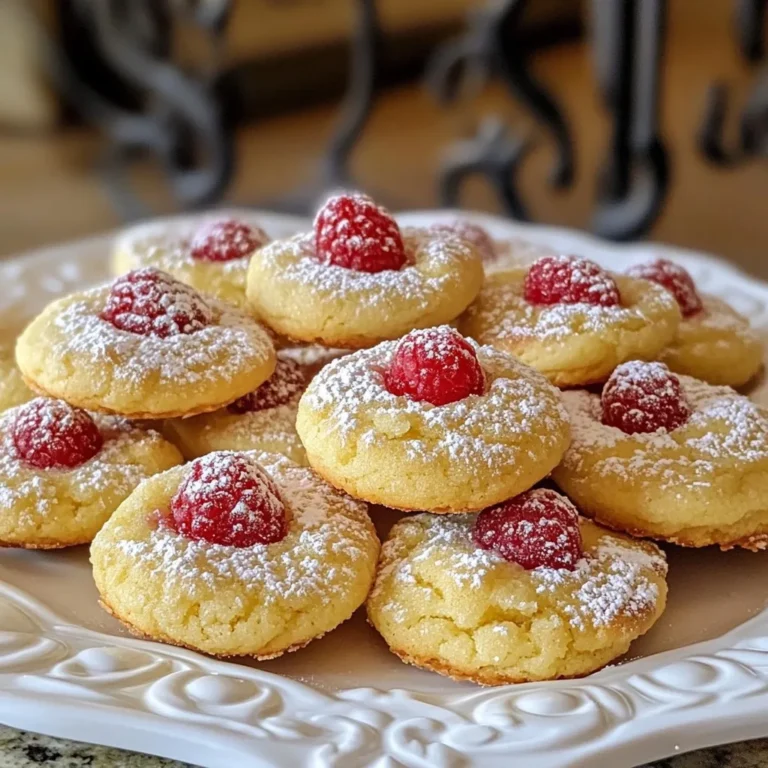 - 1 cup unsalted butter, softened - 1 cup granulated sugar - 1 large egg - 1 teaspoon vanilla extract - Zest of 1 large lemon - 2 tablespoons fresh lemon juice - 2 cups all-purpose flour - 1 teaspoon baking powder - ½ teaspoon baking soda - ¼ teaspoon salt - 1 cup fresh raspberries (or frozen, thawed and drained) - ½ cup powdered sugar (for dusting) Each ingredient plays a key role in making these cookies shine. The unsalted butter gives a rich flavor and soft texture. Granulated sugar sweetens the cookies and helps them spread. The egg binds all the ingredients together. Vanilla extract adds warmth to the taste. Lemon zest and juice provide a bright, zesty flavor that makes these cookies refreshing. All-purpose flour forms the base of the cookie dough. Baking powder and baking soda give the cookies lift and help them rise. Salt balances the sweetness. Fresh raspberries add bursts of tartness and color. Finally, powdered sugar dusting gives a lovely finish. - Lemon extract - White chocolate chips - Chopped nuts (like almonds or walnuts) You can swap lemon extract for fresh lemon juice for a stronger lemon flavor. White chocolate chips can add sweetness and creaminess. Chopped nuts give crunch and extra texture. You can mix and match to find your favorite combination. {{ingredient_image_1}} First, preheat your oven to 350°F (175°C). This step helps the cookies bake evenly. Next, line two baking sheets with parchment paper. This keeps the cookies from sticking and makes cleanup easy. In a large mixing bowl, cream together the softened butter and granulated sugar. Use an electric mixer for about 2 to 3 minutes. You want it light and fluffy. This process adds air to the dough and helps the cookies rise. Now, add in the egg, vanilla extract, lemon zest, and lemon juice. Mix until everything is well combined. This adds flavor and moisture to the dough. In a separate bowl, whisk together the flour, baking powder, baking soda, and salt. Mix these dry ingredients well. Gradually add the dry mixture to the wet ingredients. Stir just until combined. Avoid over-mixing to keep the cookies tender. Next, gently fold in the fresh raspberries. Be careful not to mash them too much. You want to keep their color and texture intact. Using a spoon or a cookie scoop, drop rounded tablespoons of dough onto the prepared baking sheets. Make sure to space them about 2 inches apart. This gives them room to spread while baking. Bake in the preheated oven for 12 to 15 minutes. Look for lightly golden edges and a set center. Once baked, remove the cookies and let them cool on the sheets for about 5 minutes. Then, transfer them to a wire rack to cool completely. For a sweet finish, dust the cooled cookies with powdered sugar before serving. This adds a nice touch and makes them look beautiful. Enjoy your lemon raspberry cookies! To make great cookies, focus on the right texture. Start with soft, room temperature butter. This helps create a light and fluffy mix. Cream the butter and sugar well. This step adds air and makes the cookies rise nicely. Avoid overmixing the dough. Mix just until the dry and wet ingredients blend. If you stir too much, the cookies can turn tough. Gently fold in the raspberries. This keeps their shape and color. For an extra burst of flavor, try adding lemon extract. A teaspoon will boost that zesty taste. You can also mix in some lemon zest for more citrus notes. When serving these cookies, pair them with lemon tea or a light soda. The flavors complement each other well. Dust the cookies with powdered sugar for a sweet finish. Enjoy them fresh with friends or family! Pro Tips Use Room Temperature Butter: Allow the butter to soften at room temperature before creaming with sugar for a light and fluffy texture. Fresh vs. Frozen Raspberries: Fresh raspberries will provide the best flavor and texture, but if using frozen, make sure they are completely thawed and drained to prevent excess moisture. Don’t Overmix the Dough: When combining wet and dry ingredients, mix just until combined to keep cookies tender and prevent them from becoming tough. Cooling Matters: Allow cookies to cool on the baking sheet for a few minutes before transferring them to a wire rack. This helps them set properly and prevents breakage. {{image_2}} You can switch raspberries with other fruits for fun flavors. Strawberries work well, adding a sweet twist. Blueberries also give a burst of flavor and color. You could even try peaches for a summer vibe. Each fruit brings a new taste and feel to the cookies. Mixing different citrus fruits can change the whole cookie. Try using lime or orange juice instead of lemon. Lime offers a tangy kick, while orange adds a sweet note. You can even blend lemon and lime together for a unique taste. Each combo will surprise your taste buds! If you want gluten-free cookies, use almond flour or a gluten-free blend. Just make sure to check the ratios. For a vegan option, swap butter for coconut oil and use a flax egg. That’s one tablespoon of flaxseed meal mixed with two and a half tablespoons of water. It works like magic! To cut sugar, you can reduce the granulated sugar by half. You can also use a sugar substitute like stevia or erythritol. Both keep the cookies sweet without the extra calories. Just remember to adjust the amounts based on the product you choose. To keep your lemon raspberry cookies fresh, store them in an airtight container. Place a piece of parchment paper between layers to prevent sticking. This method keeps cookies soft for up to one week. If you want to keep them longer, consider freezing. You can freeze both unbaked and baked cookies. For unbaked cookies, scoop the dough onto a baking sheet and freeze until firm. Then, transfer them to a freezer-safe bag. For baked cookies, let them cool completely. Then, wrap them tightly in plastic wrap and place in a freezer bag. To defrost, leave cookies at room temperature for about 30 minutes. Enjoy their fresh taste just like the day you baked them! Can I use frozen raspberries in this recipe? Yes, you can use frozen raspberries. Just thaw and drain them first. This helps keep the cookies from getting too wet. Frozen berries can work well and still taste great. How do I know when the cookies are done? Look for light golden edges. The centers should look set, not shiny. If they seem puffy, they need a bit more time. You can also check them with a toothpick. It should come out clean or with a few crumbs. What can I do with overripe raspberries? You can blend them into smoothies or sauces. They are also great for making jams. If they are too soft for baking, try mixing them into yogurt or oatmeal. We’ve explored all you need for perfect Lemon Raspberry Cookies. We covered required and optional ingredients, along with step-by-step instructions for baking. I shared tips to get the right texture and flavor, as well as fun variations to try. Lastly, you learned the best storage methods for keeping your cookies fresh. Now, you're ready to bake delicious cookies that your friends and family will love. Enjoy the process and have fun in the kitchen!
