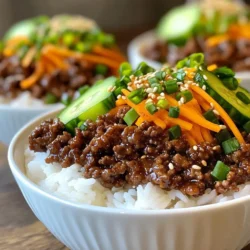 - 1 pound ground beef (85% lean) - 1 tablespoon sesame oil - 4 cloves garlic, minced - 1-inch piece of ginger, grated - 3 tablespoons soy sauce (low-sodium) - 2 tablespoons brown sugar - 1 tablespoon rice vinegar - 1 tablespoon gochujang (Korean chili paste) - 1 cup green onions, chopped (white and green parts separated) - 2 cups cooked jasmine rice - 1 cup shredded carrots - 1 cup cucumber, thinly sliced - 1 tablespoon sesame seeds for garnish - Optional: Kimchi for serving These ingredients come together to create a tasty Korean ground beef bowl. The ground beef gives a hearty base, while the sesame oil adds a rich flavor. Garlic and ginger bring warmth and depth to the dish. Soy sauce and brown sugar create a sweet and salty sauce. Rice vinegar adds a nice tang, and gochujang gives it a spicy kick. Green onions brighten the dish with freshness. Jasmine rice serves as the perfect bed for all those flavors. The shredded carrots and cucumber add crunch and color. Don’t forget the sesame seeds on top! They add a nice texture. If you love kimchi, serve it on the side for a classic touch. {{ingredient_image_1}} 1. Start by heating the sesame oil in a skillet over medium-high heat. 2. Add the minced garlic and grated ginger to the oil. Sauté for about one minute. This step makes the kitchen smell amazing! 3. Now, add the ground beef. Break it apart with a spatula. Cook until it turns brown, about five to seven minutes. 1. In a small bowl, whisk together the soy sauce, brown sugar, rice vinegar, and gochujang. Mix until well combined. 2. Pour this flavorful sauce over the cooked beef in the skillet. Stir to coat the beef evenly. Let it simmer for two to three minutes to allow the flavors to meld. 1. Stir in the white parts of the green onions and the shredded carrots. Cook for an additional two minutes. This will soften the carrots just a bit. 2. While the beef mixture finishes cooking, prepare your serving bowls. Place a scoop of cooked jasmine rice at the bottom of each bowl. 3. Top each bowl with a portion of the Korean ground beef mixture. Add sliced cucumbers for a fresh crunch. Finally, garnish with the green parts of the onions and sprinkle sesame seeds on top for that perfect finish. Enjoy your meal! To ensure your ground beef is perfectly browned, use a hot skillet. Heat the sesame oil until it shimmers. Add the minced garlic and grated ginger. This brings out the flavors. Next, add the ground beef. Break it apart with a spatula. Let it cook without stirring too much. This helps it brown well. Cook it for about 5 to 7 minutes. You want it to be a rich brown color. If you want to adjust the spiciness, start with a small amount of gochujang. Add one tablespoon and taste. You can always add more later if needed. This chili paste gives the dish heat and flavor. Remember, you can control how spicy it gets! Arranging the bowl well makes your meal look great. Start with a scoop of jasmine rice at the bottom. This helps soak up all the tasty sauce. Then, add the Korean ground beef mixture on top. Next, layer sliced cucumbers around the beef. This adds color and crunch. For extra appeal, sprinkle sesame seeds on top. They add a nice texture and look beautiful. Serve each bowl with a side of kimchi. It adds a spicy kick and a pop of color. This makes your dish even more exciting! Pro Tips Use Fresh Ingredients: Fresh garlic and ginger will enhance the flavor of the dish significantly. Opt for whole roots to maximize freshness. Adjust Spice Level: The amount of gochujang can be tailored to your taste. Start with less and add more if you prefer a spicier kick. Meal Prep Friendly: This recipe is great for meal prep. Cook a larger batch and divide it into containers for quick lunches throughout the week. Garnish for Appeal: Adding a sprinkle of sesame seeds and fresh herbs not only enhances the flavor but also the visual appeal of your dish. {{image_2}} You can change the protein in this dish. Here are some great options: - Pork: Use ground pork for a richer flavor. - Turkey: Lean ground turkey gives a lighter taste. - Tofu: Crumbled tofu works well for a vegetarian twist. For a vegan version, swap the ground beef with crumbled tempeh or a mix of mushrooms and beans. This keeps the heartiness of the dish while being plant-based. Rice is a great base for your bowl. You can switch it up with different grains: - Brown rice: Adds more fiber and nutrients. - Quinoa: A protein-rich option for a healthy twist. - Cauliflower rice: A low-carb choice for a lighter meal. You can also add extra vegetables or toppings to make it colorful and fun: - Spinach: Toss in fresh spinach for a pop of green. - Bell peppers: Add sliced bell peppers for extra crunch. - Avocado: Creamy avocado slices make the dish richer. Feel free to get creative! Mixing in different textures and flavors can make each bowl unique. To store leftovers, let the dish cool first. Then, place it in a container with a tight seal. Glass containers or BPA-free plastic containers work best. They keep the food fresh and prevent spills. You can store the Korean ground beef in the fridge for up to three days. This way, you can enjoy it again soon. For long-term storage, consider freezing the beef. Place it in a freezer-safe bag or container. Remove as much air as possible to keep it fresh. You can freeze the beef for up to three months. When you want to eat it, thaw it in the fridge overnight. To reheat, warm it in a skillet over medium heat. Stir often to heat evenly. You can also use the microwave. Heat in short bursts, stirring in between. This ensures your meal stays tasty and moist. Can I use frozen ground beef? Yes, you can use frozen ground beef. Just thaw it first. You can leave it in the fridge overnight. If you need it fast, use the microwave. Be sure to cook it fully before adding the sauce. How long can I keep the leftovers? You can keep leftovers in the fridge for up to three days. Store them in an airtight container. If you want to keep them longer, freeze them. They last about three months in the freezer. What is gochujang, and where can I find it? Gochujang is a Korean chili paste made from red chili powder, glutinous rice, fermented soybeans, and salt. It has a sweet and spicy flavor. You can find it in Asian grocery stores or online. Look for it in the international aisle of your local supermarket. Can I omit the sesame oil? You can skip the sesame oil if you want. It adds a nice nutty flavor, but you can use another oil. Olive oil or vegetable oil works too. Just remember, it may change the dish's taste a bit. What are some ideas for customizing the recipe? You can add vegetables like bell peppers or snap peas. Try using different proteins like turkey or tofu. You can also switch the type of rice, using brown rice for a healthier option. How to make this dish gluten-free? To make this dish gluten-free, use tamari instead of soy sauce. Tamari is a gluten-free soy sauce. Make sure the gochujang you choose is also gluten-free. Check labels to be sure. This recipe for Korean ground beef offers flavor and ease. You learned the key steps: cooking the beef, making the sauce, and preparing the bowl. I shared tips on perfect browning and how to spice it up. We explored variations and storage methods to help you enjoy this dish longer. In wrapping up, cooking at home can be fun and tasty. Try new ingredients and make it your own. Enjoy every bite of your delicious meal!