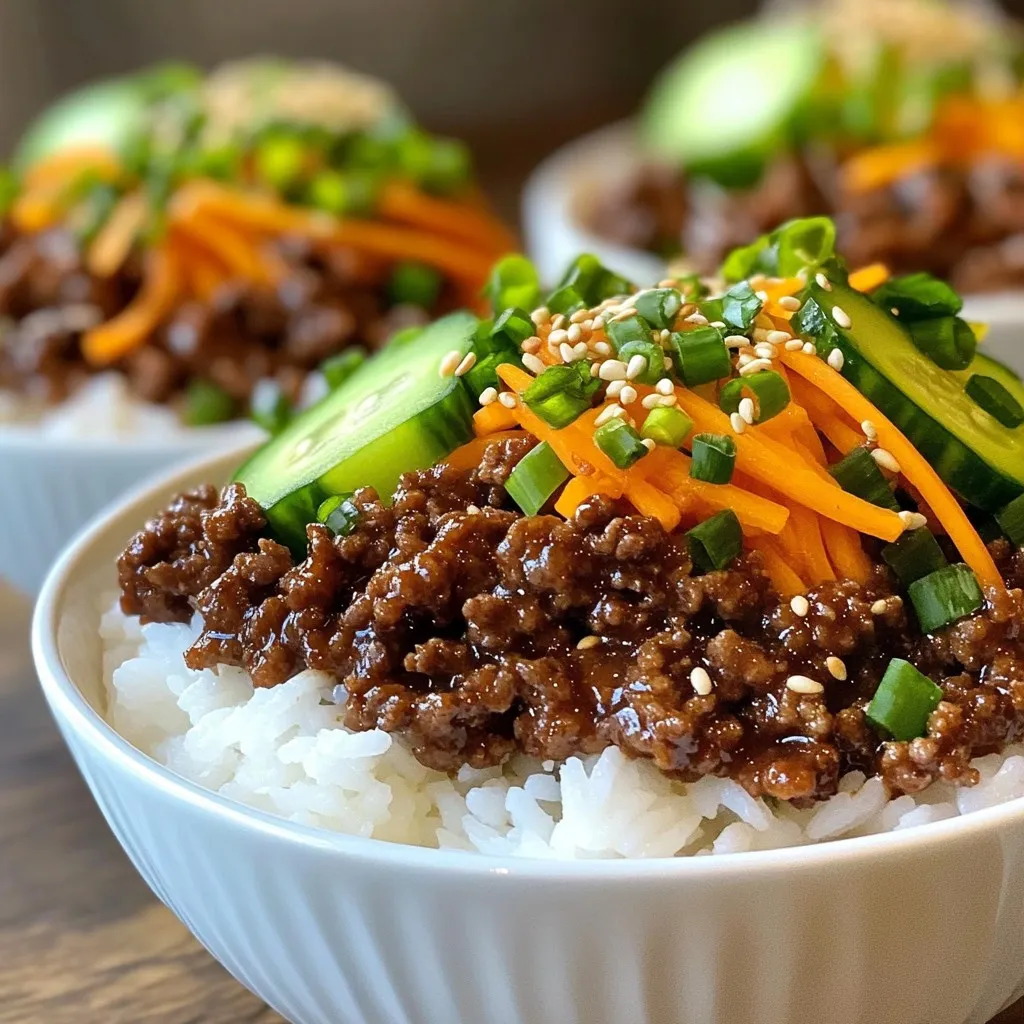 - 1 pound ground beef (85% lean) - 1 tablespoon sesame oil - 4 cloves garlic, minced - 1-inch piece of ginger, grated - 3 tablespoons soy sauce (low-sodium) - 2 tablespoons brown sugar - 1 tablespoon rice vinegar - 1 tablespoon gochujang (Korean chili paste) - 1 cup green onions, chopped (white and green parts separated) - 2 cups cooked jasmine rice - 1 cup shredded carrots - 1 cup cucumber, thinly sliced - 1 tablespoon sesame seeds for garnish - Optional: Kimchi for serving These ingredients come together to create a tasty Korean ground beef bowl. The ground beef gives a hearty base, while the sesame oil adds a rich flavor. Garlic and ginger bring warmth and depth to the dish. Soy sauce and brown sugar create a sweet and salty sauce. Rice vinegar adds a nice tang, and gochujang gives it a spicy kick. Green onions brighten the dish with freshness. Jasmine rice serves as the perfect bed for all those flavors. The shredded carrots and cucumber add crunch and color. Don’t forget the sesame seeds on top! They add a nice texture. If you love kimchi, serve it on the side for a classic touch. {{ingredient_image_1}} 1. Start by heating the sesame oil in a skillet over medium-high heat. 2. Add the minced garlic and grated ginger to the oil. Sauté for about one minute. This step makes the kitchen smell amazing! 3. Now, add the ground beef. Break it apart with a spatula. Cook until it turns brown, about five to seven minutes. 1. In a small bowl, whisk together the soy sauce, brown sugar, rice vinegar, and gochujang. Mix until well combined. 2. Pour this flavorful sauce over the cooked beef in the skillet. Stir to coat the beef evenly. Let it simmer for two to three minutes to allow the flavors to meld. 1. Stir in the white parts of the green onions and the shredded carrots. Cook for an additional two minutes. This will soften the carrots just a bit. 2. While the beef mixture finishes cooking, prepare your serving bowls. Place a scoop of cooked jasmine rice at the bottom of each bowl. 3. Top each bowl with a portion of the Korean ground beef mixture. Add sliced cucumbers for a fresh crunch. Finally, garnish with the green parts of the onions and sprinkle sesame seeds on top for that perfect finish. Enjoy your meal! To ensure your ground beef is perfectly browned, use a hot skillet. Heat the sesame oil until it shimmers. Add the minced garlic and grated ginger. This brings out the flavors. Next, add the ground beef. Break it apart with a spatula. Let it cook without stirring too much. This helps it brown well. Cook it for about 5 to 7 minutes. You want it to be a rich brown color. If you want to adjust the spiciness, start with a small amount of gochujang. Add one tablespoon and taste. You can always add more later if needed. This chili paste gives the dish heat and flavor. Remember, you can control how spicy it gets! Arranging the bowl well makes your meal look great. Start with a scoop of jasmine rice at the bottom. This helps soak up all the tasty sauce. Then, add the Korean ground beef mixture on top. Next, layer sliced cucumbers around the beef. This adds color and crunch. For extra appeal, sprinkle sesame seeds on top. They add a nice texture and look beautiful. Serve each bowl with a side of kimchi. It adds a spicy kick and a pop of color. This makes your dish even more exciting! Pro Tips Use Fresh Ingredients: Fresh garlic and ginger will enhance the flavor of the dish significantly. Opt for whole roots to maximize freshness. Adjust Spice Level: The amount of gochujang can be tailored to your taste. Start with less and add more if you prefer a spicier kick. Meal Prep Friendly: This recipe is great for meal prep. Cook a larger batch and divide it into containers for quick lunches throughout the week. Garnish for Appeal: Adding a sprinkle of sesame seeds and fresh herbs not only enhances the flavor but also the visual appeal of your dish. {{image_2}} You can change the protein in this dish. Here are some great options: - Pork: Use ground pork for a richer flavor. - Turkey: Lean ground turkey gives a lighter taste. - Tofu: Crumbled tofu works well for a vegetarian twist. For a vegan version, swap the ground beef with crumbled tempeh or a mix of mushrooms and beans. This keeps the heartiness of the dish while being plant-based. Rice is a great base for your bowl. You can switch it up with different grains: - Brown rice: Adds more fiber and nutrients. - Quinoa: A protein-rich option for a healthy twist. - Cauliflower rice: A low-carb choice for a lighter meal. You can also add extra vegetables or toppings to make it colorful and fun: - Spinach: Toss in fresh spinach for a pop of green. - Bell peppers: Add sliced bell peppers for extra crunch. - Avocado: Creamy avocado slices make the dish richer. Feel free to get creative! Mixing in different textures and flavors can make each bowl unique. To store leftovers, let the dish cool first. Then, place it in a container with a tight seal. Glass containers or BPA-free plastic containers work best. They keep the food fresh and prevent spills. You can store the Korean ground beef in the fridge for up to three days. This way, you can enjoy it again soon. For long-term storage, consider freezing the beef. Place it in a freezer-safe bag or container. Remove as much air as possible to keep it fresh. You can freeze the beef for up to three months. When you want to eat it, thaw it in the fridge overnight. To reheat, warm it in a skillet over medium heat. Stir often to heat evenly. You can also use the microwave. Heat in short bursts, stirring in between. This ensures your meal stays tasty and moist. Can I use frozen ground beef? Yes, you can use frozen ground beef. Just thaw it first. You can leave it in the fridge overnight. If you need it fast, use the microwave. Be sure to cook it fully before adding the sauce. How long can I keep the leftovers? You can keep leftovers in the fridge for up to three days. Store them in an airtight container. If you want to keep them longer, freeze them. They last about three months in the freezer. What is gochujang, and where can I find it? Gochujang is a Korean chili paste made from red chili powder, glutinous rice, fermented soybeans, and salt. It has a sweet and spicy flavor. You can find it in Asian grocery stores or online. Look for it in the international aisle of your local supermarket. Can I omit the sesame oil? You can skip the sesame oil if you want. It adds a nice nutty flavor, but you can use another oil. Olive oil or vegetable oil works too. Just remember, it may change the dish's taste a bit. What are some ideas for customizing the recipe? You can add vegetables like bell peppers or snap peas. Try using different proteins like turkey or tofu. You can also switch the type of rice, using brown rice for a healthier option. How to make this dish gluten-free? To make this dish gluten-free, use tamari instead of soy sauce. Tamari is a gluten-free soy sauce. Make sure the gochujang you choose is also gluten-free. Check labels to be sure. This recipe for Korean ground beef offers flavor and ease. You learned the key steps: cooking the beef, making the sauce, and preparing the bowl. I shared tips on perfect browning and how to spice it up. We explored variations and storage methods to help you enjoy this dish longer. In wrapping up, cooking at home can be fun and tasty. Try new ingredients and make it your own. Enjoy every bite of your delicious meal!
