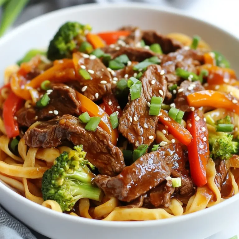 - 300g beef sirloin, thinly sliced - 200g fresh rice noodles - 2 tablespoons soy sauce - 1 tablespoon dark soy sauce - 2 tablespoons hoisin sauce - 1 tablespoon oyster sauce - 2 cloves garlic, minced - 1 inch ginger, grated - 1 red bell pepper, sliced - 1 cup broccoli florets - 1 tablespoon sesame oil - 1 tablespoon vegetable oil - 1 teaspoon sugar - Chopped scallions and sesame seeds for garnish When making sticky beef noodles, ingredient quality matters. Choose fresh beef sirloin for the best flavor and texture. Look for vibrant, crisp vegetables. Fresh rice noodles are key for a soft and chewy bite. High-quality soy sauce and hoisin sauce enhance the dish's umami taste. You can switch beef sirloin for chicken or tofu for a lighter option. If rice noodles are hard to find, try using wheat noodles instead. For soy sauce, coconut aminos are a good gluten-free choice. You can also replace broccoli with snap peas or green beans, depending on your taste. {{ingredient_image_1}} To start, I mix soy sauce, dark soy sauce, hoisin sauce, oyster sauce, minced garlic, grated ginger, and sugar in a bowl. This mix gives the beef a rich flavor. I then add the thinly sliced beef. I make sure each slice gets well coated. I let it marinate for at least 15 minutes. This step makes a big difference in taste. While the beef marinates, I prepare the rice noodles. I follow the package instructions for cooking. Once they are soft, I drain them. I rinse them under cold water to stop the cooking. This also keeps them from sticking together. I set the noodles aside for later. Next, I heat vegetable oil in a large wok or skillet over medium-high heat. I add the broccoli florets and sliced red bell pepper. I stir-fry them for about 3-4 minutes. I want them to be tender but still crispy. Once cooked, I remove the vegetables from the wok and set them aside. In the same wok, I add sesame oil and heat it quickly. I then add the marinated beef, spreading it out in one layer. I let it cook for 2-3 minutes. This helps to brown the beef and cook it through. The smell is incredible! Once the beef is cooked, I add the stir-fried vegetables back into the wok. I also add the cooked rice noodles. I gently toss everything together, mixing well. I cook for an additional 2 minutes. This ensures the noodles heat up and soak up the sauce. To achieve tender beef, you need to start with good meat. Use fresh beef sirloin. Slice the beef thinly against the grain. This helps break down the muscle fibers. Marinating the beef for at least 15 minutes makes it more tender. The soy sauce and hoisin sauce in the marinade help too. Cook the rice noodles according to package instructions. After cooking, drain them well. Rinse the noodles under cold water. This step cools them and stops the cooking process. It also helps prevent sticking. Toss the noodles with a little vegetable oil before adding them to the dish. This adds flavor and keeps them separate. Taste as you cook. You can adjust the flavors easily. If you like it sweeter, add more hoisin sauce. If you want it saltier, add more soy sauce. For heat, try adding chili flakes or fresh chili. Start with small amounts. You can always add more, but you can’t take it out. Enjoy experimenting! Pro Tips Marinate for Flavor: Allowing the beef to marinate for at least 15 minutes enhances its flavor, but for an even deeper taste, try marinating for up to an hour. Fresh Noodles Are Best: If possible, use fresh rice noodles instead of dried ones for a softer, chewier texture that absorbs the sauce better. Vegetable Variations: Feel free to mix in other vegetables like snap peas or carrots to add extra color and nutrition to your dish. Adjust the Heat: If you enjoy spicy food, consider adding a splash of chili oil or sliced fresh chili peppers when stir-frying the vegetables. {{image_2}} You can make sticky noodles without meat. Use tofu or tempeh instead of beef. Both options absorb flavors well. They give a nice texture and protein. Marinate them in the same sauce for great taste. Add extra vegetables like mushrooms or carrots to boost flavor. This keeps the dish colorful and healthy. If you prefer other meats, try chicken or pork. Slice them thin, just like beef. Marinate them with the same sauce for a rich taste. Shrimp is another fun option. It cooks quickly and brings a sweet flavor. Adjust cooking time to ensure everything is tender and juicy. You can change the sauce to mix things up. Try sweet chili sauce for a spicy kick. Peanut sauce can add creaminess and nutty flavor. You can also use teriyaki sauce for a sweeter taste. Each sauce gives the dish a new twist. Experiment with your favorites to find the best fit. After enjoying your sticky beef noodles, store any leftovers promptly. Place them in an airtight container. This keeps the flavors fresh and prevents the noodles from drying out. You can store them in the fridge for up to three days. If you want to keep them longer, freezing is a good option. When you’re ready to eat your leftovers, reheating them correctly is key. Use a pan over medium heat. Add a splash of water or broth to help steam the noodles. Stir gently to avoid sticking. Heat until everything is warm, which usually takes about 5 to 7 minutes. You can also use a microwave, but cover the dish to keep moisture in. If you plan to freeze your sticky beef noodles, it's best to do so without the veggies. The texture of cooked vegetables can change when frozen. Place the beef and noodles in a freezer-safe bag or container. They can last up to three months in the freezer. When ready to eat, thaw in the fridge overnight before reheating. You can serve Sticky Beef Noodles with many sides. Here are some great options: - Steamed rice: This helps soak up the sauce. - Spring rolls: They add a crunchy texture. - Asian slaw: A fresh salad with cabbage and carrots works well. - Stir-fried greens: Broccoli or bok choy add more veggies. These sides balance the rich flavors of the noodles. Yes, you can make Sticky Beef Noodles ahead of time. Here’s how: - Cook and store: Prepare the noodles and beef as directed. - Store in the fridge: Keep leftovers in an airtight container for up to 3 days. - Reheat: Warm them in a pan over low heat. Add a splash of water or sauce to keep them moist. Making them ahead can save time on busy nights. To add some heat to your Sticky Beef Noodles, try these tips: - Chili paste: Mix in one tablespoon when marinating the beef. - Fresh chilies: Slice in fresh red or green chilies during cooking. - Cayenne pepper: Sprinkle a bit while cooking the vegetables. These options will crank up the spice and make the dish even tastier. This blog post covered all you need for sticky beef noodles. We explored the best ingredients, how to cook them, and tips for great results. You learned ways to substitute ingredients and how to store leftovers. In the end, you can easily adapt this dish to fit your taste. Enjoy making sticky beef noodles that your friends and family will love!