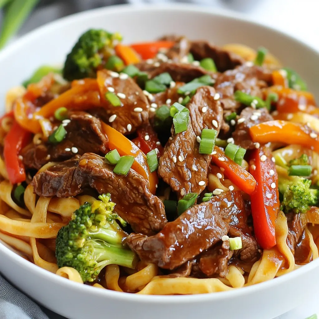 - 300g beef sirloin, thinly sliced - 200g fresh rice noodles - 2 tablespoons soy sauce - 1 tablespoon dark soy sauce - 2 tablespoons hoisin sauce - 1 tablespoon oyster sauce - 2 cloves garlic, minced - 1 inch ginger, grated - 1 red bell pepper, sliced - 1 cup broccoli florets - 1 tablespoon sesame oil - 1 tablespoon vegetable oil - 1 teaspoon sugar - Chopped scallions and sesame seeds for garnish When making sticky beef noodles, ingredient quality matters. Choose fresh beef sirloin for the best flavor and texture. Look for vibrant, crisp vegetables. Fresh rice noodles are key for a soft and chewy bite. High-quality soy sauce and hoisin sauce enhance the dish's umami taste. You can switch beef sirloin for chicken or tofu for a lighter option. If rice noodles are hard to find, try using wheat noodles instead. For soy sauce, coconut aminos are a good gluten-free choice. You can also replace broccoli with snap peas or green beans, depending on your taste. {{ingredient_image_1}} To start, I mix soy sauce, dark soy sauce, hoisin sauce, oyster sauce, minced garlic, grated ginger, and sugar in a bowl. This mix gives the beef a rich flavor. I then add the thinly sliced beef. I make sure each slice gets well coated. I let it marinate for at least 15 minutes. This step makes a big difference in taste. While the beef marinates, I prepare the rice noodles. I follow the package instructions for cooking. Once they are soft, I drain them. I rinse them under cold water to stop the cooking. This also keeps them from sticking together. I set the noodles aside for later. Next, I heat vegetable oil in a large wok or skillet over medium-high heat. I add the broccoli florets and sliced red bell pepper. I stir-fry them for about 3-4 minutes. I want them to be tender but still crispy. Once cooked, I remove the vegetables from the wok and set them aside. In the same wok, I add sesame oil and heat it quickly. I then add the marinated beef, spreading it out in one layer. I let it cook for 2-3 minutes. This helps to brown the beef and cook it through. The smell is incredible! Once the beef is cooked, I add the stir-fried vegetables back into the wok. I also add the cooked rice noodles. I gently toss everything together, mixing well. I cook for an additional 2 minutes. This ensures the noodles heat up and soak up the sauce. To achieve tender beef, you need to start with good meat. Use fresh beef sirloin. Slice the beef thinly against the grain. This helps break down the muscle fibers. Marinating the beef for at least 15 minutes makes it more tender. The soy sauce and hoisin sauce in the marinade help too. Cook the rice noodles according to package instructions. After cooking, drain them well. Rinse the noodles under cold water. This step cools them and stops the cooking process. It also helps prevent sticking. Toss the noodles with a little vegetable oil before adding them to the dish. This adds flavor and keeps them separate. Taste as you cook. You can adjust the flavors easily. If you like it sweeter, add more hoisin sauce. If you want it saltier, add more soy sauce. For heat, try adding chili flakes or fresh chili. Start with small amounts. You can always add more, but you can’t take it out. Enjoy experimenting! Pro Tips Marinate for Flavor: Allowing the beef to marinate for at least 15 minutes enhances its flavor, but for an even deeper taste, try marinating for up to an hour. Fresh Noodles Are Best: If possible, use fresh rice noodles instead of dried ones for a softer, chewier texture that absorbs the sauce better. Vegetable Variations: Feel free to mix in other vegetables like snap peas or carrots to add extra color and nutrition to your dish. Adjust the Heat: If you enjoy spicy food, consider adding a splash of chili oil or sliced fresh chili peppers when stir-frying the vegetables. {{image_2}} You can make sticky noodles without meat. Use tofu or tempeh instead of beef. Both options absorb flavors well. They give a nice texture and protein. Marinate them in the same sauce for great taste. Add extra vegetables like mushrooms or carrots to boost flavor. This keeps the dish colorful and healthy. If you prefer other meats, try chicken or pork. Slice them thin, just like beef. Marinate them with the same sauce for a rich taste. Shrimp is another fun option. It cooks quickly and brings a sweet flavor. Adjust cooking time to ensure everything is tender and juicy. You can change the sauce to mix things up. Try sweet chili sauce for a spicy kick. Peanut sauce can add creaminess and nutty flavor. You can also use teriyaki sauce for a sweeter taste. Each sauce gives the dish a new twist. Experiment with your favorites to find the best fit. After enjoying your sticky beef noodles, store any leftovers promptly. Place them in an airtight container. This keeps the flavors fresh and prevents the noodles from drying out. You can store them in the fridge for up to three days. If you want to keep them longer, freezing is a good option. When you’re ready to eat your leftovers, reheating them correctly is key. Use a pan over medium heat. Add a splash of water or broth to help steam the noodles. Stir gently to avoid sticking. Heat until everything is warm, which usually takes about 5 to 7 minutes. You can also use a microwave, but cover the dish to keep moisture in. If you plan to freeze your sticky beef noodles, it's best to do so without the veggies. The texture of cooked vegetables can change when frozen. Place the beef and noodles in a freezer-safe bag or container. They can last up to three months in the freezer. When ready to eat, thaw in the fridge overnight before reheating. You can serve Sticky Beef Noodles with many sides. Here are some great options: - Steamed rice: This helps soak up the sauce. - Spring rolls: They add a crunchy texture. - Asian slaw: A fresh salad with cabbage and carrots works well. - Stir-fried greens: Broccoli or bok choy add more veggies. These sides balance the rich flavors of the noodles. Yes, you can make Sticky Beef Noodles ahead of time. Here’s how: - Cook and store: Prepare the noodles and beef as directed. - Store in the fridge: Keep leftovers in an airtight container for up to 3 days. - Reheat: Warm them in a pan over low heat. Add a splash of water or sauce to keep them moist. Making them ahead can save time on busy nights. To add some heat to your Sticky Beef Noodles, try these tips: - Chili paste: Mix in one tablespoon when marinating the beef. - Fresh chilies: Slice in fresh red or green chilies during cooking. - Cayenne pepper: Sprinkle a bit while cooking the vegetables. These options will crank up the spice and make the dish even tastier. This blog post covered all you need for sticky beef noodles. We explored the best ingredients, how to cook them, and tips for great results. You learned ways to substitute ingredients and how to store leftovers. In the end, you can easily adapt this dish to fit your taste. Enjoy making sticky beef noodles that your friends and family will love!