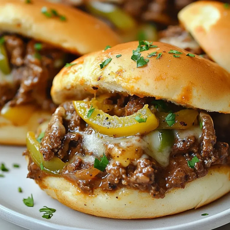 - 1 pound ground beef - 1/2 pound beef steak (flank or ribeye), thinly sliced - 1 medium onion, diced - 1 green bell pepper, diced - 2 cloves garlic, minced - 1 tablespoon Worcestershire sauce - 1 cup beef broth - 1 tablespoon soy sauce - 4 hamburger buns - 1 cup provolone cheese, shredded - Salt and pepper to taste - 2 tablespoons olive oil - Fresh parsley, chopped for garnish (optional) To make Philly cheesesteak sloppy joes, you need some key ingredients. First, the ground beef gives a nice base. Using beef steak, like flank or ribeye, adds rich flavor. Next, onions and green bell peppers bring sweetness and crunch. You also need seasonings like Worcestershire sauce and soy sauce. These add depth and umami. Beef broth gives moisture and helps create a nice sauce. Provolone cheese melts beautifully, adding creaminess. For the buns, choose sturdy hamburger buns to hold everything together. Salt and pepper help balance the flavors. A dash of olive oil is perfect for cooking the veggies. If you like, fresh parsley can brighten the dish as a garnish. With these ingredients, you’ll create a comforting and tasty meal. {{ingredient_image_1}} First, I heat olive oil in a large skillet over medium heat. I add the diced onion and green bell pepper. I sauté them until they soften, about five minutes. This step builds a great base for flavor. Next, I stir in minced garlic and cook for one more minute. The garlic adds a wonderful aroma and depth to the dish. Now, I add the ground beef to the skillet. I break it apart with a spatula as it cooks. I aim for it to brown nicely, which takes about seven to ten minutes. I season it with salt and pepper to enhance the taste. After that, I incorporate the thinly sliced steak into the mix. I let it cook for an additional three to four minutes. This step ensures both meats blend well. Next, I pour in Worcestershire sauce, soy sauce, and beef broth. I stir the mixture well to combine all the flavors. Then, I let it simmer for about five to seven minutes. This makes the mixture slightly thickened and rich. It’s a crucial step for achieving that sloppy joe consistency. I preheat my oven’s broiler while the mixture simmers. Then, I load the sloppy joe mix onto the bottom halves of the hamburger buns. I top each with a generous handful of provolone cheese. Finally, I place the assembled buns under the broiler for two to three minutes. I watch closely until the cheese is bubbly and golden. Once out of the oven, I add the tops of the buns. If I like, I garnish with chopped parsley for a fresh touch. To get the best flavor in your Philly Cheesesteak Sloppy Joes, focus on the meat. Use a mix of ground beef and thinly sliced steak. This combo gives great texture and taste. - Sauté your onions and peppers until soft. This adds sweetness. - Stir in minced garlic for a fragrant kick. It enhances the dish. - Always season with salt and pepper as you cook. Adjust to your taste. When you add sauces, don’t hold back. Worcestershire sauce and soy sauce add depth. Use beef broth to keep it juicy. Let everything simmer. This helps the flavors blend well. Pair your sloppy joes with sides to make a meal. Crispy fries are a classic choice. You can also serve a simple green salad for a fresh touch. For presentation, serve on a wooden board. This gives a rustic feel. Garnish with pickles or sliced jalapeños for a pop of color and flavor. These small touches make your dish look fun and inviting. Pro Tips Use Fresh Ingredients: Freshly sliced vegetables and high-quality beef will enhance the flavor and texture of your sloppy joes. Customize Your Cheese: While provolone is traditional, feel free to mix in mozzarella or even cheddar for a unique flavor twist. Don’t Skip the Broiler: Broiling the cheese adds a delicious bubbly texture; watch it closely to avoid burning. Serve with Style: Present your sloppy joes with a side of crispy fries or a salad for a complete meal that looks as good as it tastes. {{image_2}} You can switch up the cheese for your Philly Cheesesteak Sloppy Joes. Provolone is great, but Cheez Whiz adds a creamy, classic touch. Mozzarella melts beautifully and gives a nice stretch. Try different cheeses to find your favorite. Each choice brings its own unique flavor and texture. If you want a plant-based option, use veggie meat. Many brands mimic the taste and texture of beef. You can also use lentils or mushrooms for a hearty mix. These options keep the sandwich flavorful and satisfying without meat. Don’t be afraid to get creative with your veggie choices! To spice things up, add hot sauce or chili flakes to the mix. This boosts the flavor and adds heat. For a tangier taste, mix in some barbecue sauce or mustard. These small changes can transform your Sloppy Joes into something special. Adjust the sauce to fit your taste. To keep your Philly Cheesesteak Sloppy Joes fresh, cool them first. Place the leftovers in an airtight container. Make sure to store them in the fridge within two hours of cooking. They stay good for up to three days. Reheat them on the stove or in the microwave until hot. This helps maintain their flavor and texture. If you want to save some for later, freezing is a great option. Let the sloppy joe mixture cool completely. Then, scoop it into a freezer-safe bag or container. Remove as much air as possible before sealing. They can last for up to three months in the freezer. When you’re ready to eat, thaw them overnight in the fridge. Reheat on the stove or microwave, and enjoy! Yes, you can use chicken or turkey! Ground chicken or turkey works well in this recipe. The taste will change, but the dish will still be tasty. You can also slice chicken or turkey breast thin, just like the beef steak. Remember to adjust the cooking time as poultry cooks faster than beef. This way, you can enjoy a lighter version of Philly Cheesesteak Sloppy Joes without losing the fun! To make this dish gluten-free, choose gluten-free buns. Many brands offer these options at stores. For the sauces, check labels to find gluten-free Worcestershire and soy sauce. You can also use tamari instead of soy sauce for a gluten-free option. These small swaps ensure everyone can enjoy this delicious meal without worry. Philly Cheesesteak Sloppy Joes pair well with many sides! Crispy fries are a classic choice. You can also serve them with a simple green salad for a fresh touch. Another fun option is coleslaw, which adds crunch. If you want something warm, try baked potato wedges or a side of pickles. Each side adds a new flavor to your meal, making it even better! You learned how to create mouth-watering Philly Cheesesteak Sloppy Joes. We covered essential ingredients, like beef, veggies, and sauces, along with easy step-by-step cooking instructions. Remember to adjust flavors with tips I shared to make each bite perfect. You can also try fun variations or store leftovers for later. Enjoy this dish with fries or a salad for a tasty meal. With these tips, you can impress anyone and satisfy cravings. Now you’re ready to whip up your Sloppy Joes!