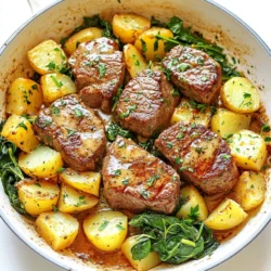 - 1 lb sirloin steak, cut into 1-inch cubes - 4 medium potatoes, diced - 4 tablespoons unsalted butter - 4 cloves garlic, minced - 1 teaspoon rosemary, chopped (fresh or dried) - 1 teaspoon thyme, chopped (fresh or dried) - Salt and pepper to taste - 2 tablespoons olive oil - 1 cup baby spinach (optional, for added greens) - Fresh parsley, chopped for garnish If you can’t find sirloin steak, use ribeye or flank steak. Both work well. For potatoes, feel free to swap in sweet potatoes for a different flavor. If you want less butter, try using olive oil instead. You can also replace fresh herbs with dried ones if needed. Just use less, as they’re stronger. You will need a large skillet for cooking. A wooden spoon or spatula helps to stir the food. Use a sharp knife for cutting the steak and potatoes. A cutting board is also handy. Lastly, have a measuring spoon for precise ingredient amounts. {{ingredient_image_1}} Start by heating a large skillet over medium-high heat. Add 2 tablespoons of olive oil to the pan. Once the oil is hot, toss in 4 diced potatoes. Make sure to season them with salt and pepper. Cook for about 10-12 minutes, stirring often. You want the potatoes to turn golden and tender. When they are ready, remove them from the skillet and set them aside. In the same skillet, add 1 pound of cubed sirloin steak. Season it with salt and pepper. Sear the steak for about 4-5 minutes. You should see it brown on all sides. Once done, remove the steak from the skillet and place it aside. Now, reduce the heat to medium. Add 4 tablespoons of unsalted butter to the skillet. Once the butter melts, add 4 minced garlic cloves, 1 teaspoon of chopped rosemary, and 1 teaspoon of chopped thyme. Sauté this mixture for about 1-2 minutes. You want to stir until it smells amazing. Return the steak and cooked potatoes to the skillet. Toss everything together to coat with the garlic butter. If you like, add 1 cup of baby spinach now. Cook until it wilts, which takes about 1 minute. Finally, taste and adjust the seasoning with more salt and pepper if needed. Remove from heat and garnish with chopped parsley before serving. To cook steak well, choose a good cut, like sirloin. Cut the steak into 1-inch cubes for quick cooking. Heat the skillet until hot before adding the steak. This helps to sear the meat and lock in juices. Cook the steak for 4-5 minutes, turning it often. Look for a brown crust on all sides. If you like your steak more done, cook it a minute longer. Herbs and spices can take your dish to the next level. For this recipe, I use garlic, rosemary, and thyme. These add rich and warm notes to the steak and potatoes. Fresh herbs are great, but dried herbs work too. Add them to the melted butter to release their flavors. Feel free to experiment with your favorite herbs, like oregano or basil. A large skillet is best for this recipe. Use a heavy-bottomed pan to ensure even heat. Non-stick skillets are helpful but not necessary. Make sure the skillet is hot before adding any ingredients. This helps everything cook nicely. Avoid overcrowding the pan. If you have a lot of steak or potatoes, cook them in batches. This way, they will brown better. Pro Tips Choose the Right Cut: For this recipe, sirloin steak provides a great balance of flavor and tenderness. However, feel free to experiment with other cuts like ribeye or flank for different textures. Perfectly Cooked Potatoes: To ensure your potatoes cook evenly, try to dice them into uniform sizes. This will help them cook through at the same rate. Don't Overcrowd the Pan: When cooking the steak, avoid overcrowding the skillet to allow for proper searing. If necessary, cook in batches to achieve a nice brown crust. Make It Your Own: Feel free to add other vegetables like bell peppers or mushrooms to the skillet for added flavor and nutrition. Adjust the herbs based on your personal preferences as well. {{image_2}} You can switch up the veggies in this dish. Add bell peppers for crunch. Zucchini brings a fresh taste. Carrots add color and sweetness. Feel free to mix and match. Just cut them to the same size as your potatoes. This ensures everything cooks evenly. While sirloin is great, you can use other cuts. Ribeye gives a richer flavor. Flank steak is lean and tasty. Tenderloin offers a soft bite. Each cut changes the dish's taste and texture. Pick what you like best. Spices can really boost the flavor. Try adding paprika for warmth. Cumin gives a nice earthy taste. A bit of chili powder can add heat. You can also mix in Italian seasoning for a new twist. Adjust the spice level to your liking. To store leftovers, let the dish cool down first. Place it in an airtight container. You can keep it in the fridge for up to three days. Make sure the lid is tight to keep the flavors fresh. When you reheat, use a skillet for best results. Heat it over low to medium heat. Add a splash of water or broth to keep it moist. Stir often until everything is hot. This method helps maintain the dish's texture and taste. You can freeze this dish for later use. Let it cool completely before freezing. Place it in a freezer-safe container. It can last up to three months in the freezer. When ready to eat, thaw it in the fridge overnight. Then, reheat it on the stove for the best taste. You can serve Garlic Butter Steak and Potato Skillet with a few easy sides. A fresh salad makes a great match. Try a simple green salad with lemon dressing. Crusty bread is also awesome to soak up the garlic butter. If you want more greens, add steamed broccoli or green beans. Each side adds color and flavor to your meal. Yes, you can prepare parts of this dish in advance. You can dice the potatoes and cut the steak a day before. Store them in the fridge in separate containers. You can also make the garlic butter sauce ahead of time. Just keep it in the fridge and warm it up when ready to cook. However, it’s best to cook the dish fresh for the best taste. You can make this dish healthier with a few swaps. Use less butter or opt for olive oil instead. Choose leaner cuts of steak, like flank or tenderloin. You can also add more veggies, like bell peppers or zucchini, to boost nutrition. If you want, replace regular potatoes with sweet potatoes for a healthier option. In this blog post, we explored the key ingredients for a delicious garlic butter steak and potato skillet. I shared helpful tips on cooking techniques and suggested tools to make it easier for you. We also discussed variations to suit your taste and ideas for storing leftovers. Enjoying this meal can be simple and quick. Keep experimenting with different flavors and ingredients. Cooking can be fun and rewarding, so dive in, and make it your own.