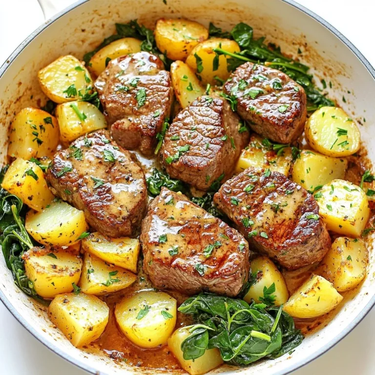 - 1 lb sirloin steak, cut into 1-inch cubes - 4 medium potatoes, diced - 4 tablespoons unsalted butter - 4 cloves garlic, minced - 1 teaspoon rosemary, chopped (fresh or dried) - 1 teaspoon thyme, chopped (fresh or dried) - Salt and pepper to taste - 2 tablespoons olive oil - 1 cup baby spinach (optional, for added greens) - Fresh parsley, chopped for garnish If you can’t find sirloin steak, use ribeye or flank steak. Both work well. For potatoes, feel free to swap in sweet potatoes for a different flavor. If you want less butter, try using olive oil instead. You can also replace fresh herbs with dried ones if needed. Just use less, as they’re stronger. You will need a large skillet for cooking. A wooden spoon or spatula helps to stir the food. Use a sharp knife for cutting the steak and potatoes. A cutting board is also handy. Lastly, have a measuring spoon for precise ingredient amounts. {{ingredient_image_1}} Start by heating a large skillet over medium-high heat. Add 2 tablespoons of olive oil to the pan. Once the oil is hot, toss in 4 diced potatoes. Make sure to season them with salt and pepper. Cook for about 10-12 minutes, stirring often. You want the potatoes to turn golden and tender. When they are ready, remove them from the skillet and set them aside. In the same skillet, add 1 pound of cubed sirloin steak. Season it with salt and pepper. Sear the steak for about 4-5 minutes. You should see it brown on all sides. Once done, remove the steak from the skillet and place it aside. Now, reduce the heat to medium. Add 4 tablespoons of unsalted butter to the skillet. Once the butter melts, add 4 minced garlic cloves, 1 teaspoon of chopped rosemary, and 1 teaspoon of chopped thyme. Sauté this mixture for about 1-2 minutes. You want to stir until it smells amazing. Return the steak and cooked potatoes to the skillet. Toss everything together to coat with the garlic butter. If you like, add 1 cup of baby spinach now. Cook until it wilts, which takes about 1 minute. Finally, taste and adjust the seasoning with more salt and pepper if needed. Remove from heat and garnish with chopped parsley before serving. To cook steak well, choose a good cut, like sirloin. Cut the steak into 1-inch cubes for quick cooking. Heat the skillet until hot before adding the steak. This helps to sear the meat and lock in juices. Cook the steak for 4-5 minutes, turning it often. Look for a brown crust on all sides. If you like your steak more done, cook it a minute longer. Herbs and spices can take your dish to the next level. For this recipe, I use garlic, rosemary, and thyme. These add rich and warm notes to the steak and potatoes. Fresh herbs are great, but dried herbs work too. Add them to the melted butter to release their flavors. Feel free to experiment with your favorite herbs, like oregano or basil. A large skillet is best for this recipe. Use a heavy-bottomed pan to ensure even heat. Non-stick skillets are helpful but not necessary. Make sure the skillet is hot before adding any ingredients. This helps everything cook nicely. Avoid overcrowding the pan. If you have a lot of steak or potatoes, cook them in batches. This way, they will brown better. Pro Tips Choose the Right Cut: For this recipe, sirloin steak provides a great balance of flavor and tenderness. However, feel free to experiment with other cuts like ribeye or flank for different textures. Perfectly Cooked Potatoes: To ensure your potatoes cook evenly, try to dice them into uniform sizes. This will help them cook through at the same rate. Don't Overcrowd the Pan: When cooking the steak, avoid overcrowding the skillet to allow for proper searing. If necessary, cook in batches to achieve a nice brown crust. Make It Your Own: Feel free to add other vegetables like bell peppers or mushrooms to the skillet for added flavor and nutrition. Adjust the herbs based on your personal preferences as well. {{image_2}} You can switch up the veggies in this dish. Add bell peppers for crunch. Zucchini brings a fresh taste. Carrots add color and sweetness. Feel free to mix and match. Just cut them to the same size as your potatoes. This ensures everything cooks evenly. While sirloin is great, you can use other cuts. Ribeye gives a richer flavor. Flank steak is lean and tasty. Tenderloin offers a soft bite. Each cut changes the dish's taste and texture. Pick what you like best. Spices can really boost the flavor. Try adding paprika for warmth. Cumin gives a nice earthy taste. A bit of chili powder can add heat. You can also mix in Italian seasoning for a new twist. Adjust the spice level to your liking. To store leftovers, let the dish cool down first. Place it in an airtight container. You can keep it in the fridge for up to three days. Make sure the lid is tight to keep the flavors fresh. When you reheat, use a skillet for best results. Heat it over low to medium heat. Add a splash of water or broth to keep it moist. Stir often until everything is hot. This method helps maintain the dish's texture and taste. You can freeze this dish for later use. Let it cool completely before freezing. Place it in a freezer-safe container. It can last up to three months in the freezer. When ready to eat, thaw it in the fridge overnight. Then, reheat it on the stove for the best taste. You can serve Garlic Butter Steak and Potato Skillet with a few easy sides. A fresh salad makes a great match. Try a simple green salad with lemon dressing. Crusty bread is also awesome to soak up the garlic butter. If you want more greens, add steamed broccoli or green beans. Each side adds color and flavor to your meal. Yes, you can prepare parts of this dish in advance. You can dice the potatoes and cut the steak a day before. Store them in the fridge in separate containers. You can also make the garlic butter sauce ahead of time. Just keep it in the fridge and warm it up when ready to cook. However, it’s best to cook the dish fresh for the best taste. You can make this dish healthier with a few swaps. Use less butter or opt for olive oil instead. Choose leaner cuts of steak, like flank or tenderloin. You can also add more veggies, like bell peppers or zucchini, to boost nutrition. If you want, replace regular potatoes with sweet potatoes for a healthier option. In this blog post, we explored the key ingredients for a delicious garlic butter steak and potato skillet. I shared helpful tips on cooking techniques and suggested tools to make it easier for you. We also discussed variations to suit your taste and ideas for storing leftovers. Enjoying this meal can be simple and quick. Keep experimenting with different flavors and ingredients. Cooking can be fun and rewarding, so dive in, and make it your own.