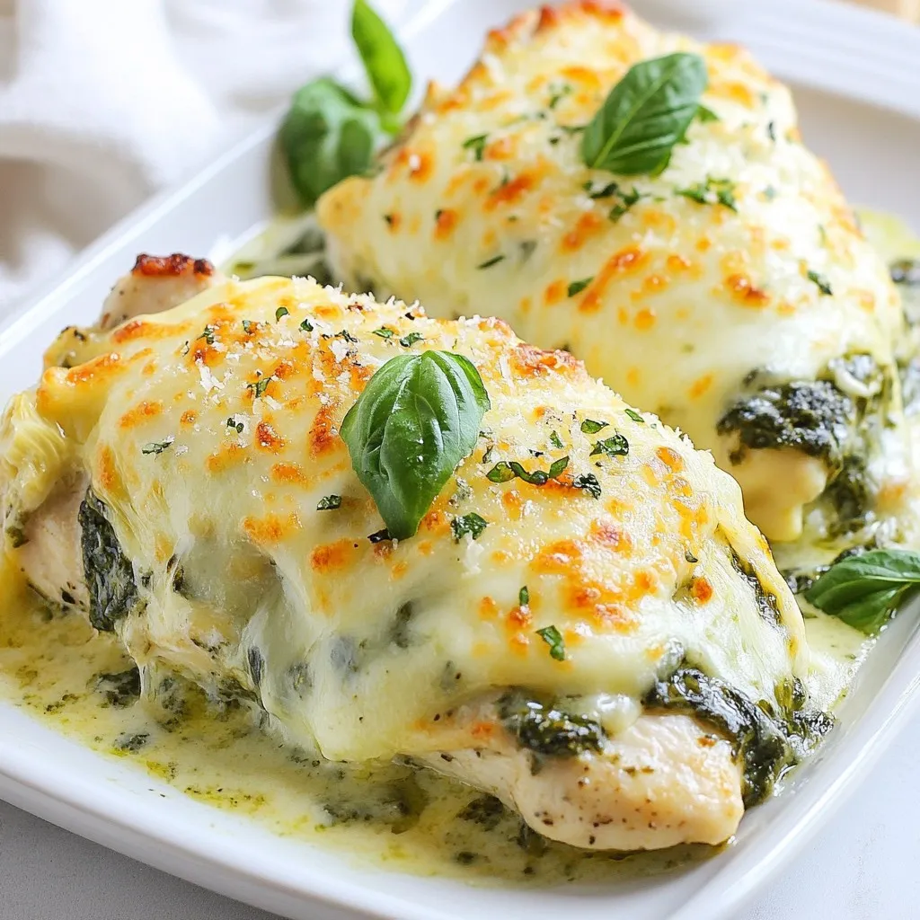 - 2 boneless, skinless chicken breasts - 1 cup fresh spinach, chopped - 1 cup artichoke hearts, drained and chopped - 1 cup cream cheese, softened - 1/2 cup sour cream - 1/2 cup mayonnaise - 1 cup shredded mozzarella cheese - 1/2 cup grated Parmesan cheese To make this dish, you need fresh chicken, spinach, and artichokes. They bring flavor and color. Cream cheese, sour cream, and mayonnaise add creaminess. The mix of mozzarella and Parmesan gives a tasty topping. - 2 cloves garlic, minced - 1 teaspoon onion powder - 1/2 teaspoon salt - 1/4 teaspoon black pepper - 1/4 teaspoon crushed red pepper flakes (optional) - Olive oil for greasing For seasoning, I use garlic and onion powder. They boost flavor with ease. Salt and pepper enhance taste, while red pepper flakes add a hint of heat. Grease the baking dish with olive oil to keep it from sticking. This simple step makes serving easier. {{ingredient_image_1}} - Preheat your oven to 375°F (190°C). - Grease a baking dish with olive oil to prevent sticking. - In a large bowl, combine softened cream cheese, sour cream, and mayonnaise. Mix until smooth. - Add the chopped spinach, artichoke hearts, minced garlic, onion powder, salt, black pepper, and red pepper flakes if you like heat. Stir until well combined. - Season the chicken breasts with salt and pepper on both sides. - Place the seasoned chicken in the greased baking dish. Spread the spinach-artichoke mixture evenly over the chicken. - Top it all off with shredded mozzarella and grated Parmesan cheese. - Cover the baking dish with foil to trap moisture and heat. Bake for 25 minutes. - After 25 minutes, remove the foil and bake for another 15 minutes. Check that the chicken reaches 165°F (75°C). The cheese should be bubbly and golden brown. - Once cooked, let it rest for 5 minutes before slicing. Enjoy your delicious dish! - Ensuring Chicken is Fully Cooked Always check the chicken's internal temperature. It should reach 165°F (75°C). Use a meat thermometer for accuracy. This keeps the chicken safe and tender. - Achieving Ideal Cheese Melt and Browning For great cheese, avoid covering the dish for the last 15 minutes. This helps the cheese get bubbly and brown. Keep an eye on it to prevent burning. - Garnishing with Fresh Herbs After baking, add fresh herbs like basil or parsley. This adds color and flavor. Just sprinkle them on top before serving. - Pairing Suggestions for Serving Serve your chicken bake with a side salad. A crisp salad balances the creamy dish. You can also add crusty bread for a full meal. Pro Tips Use Fresh Ingredients: Fresh spinach and artichokes will enhance the flavor and texture of your dish, making it more vibrant and enjoyable. Adjust the Spice Level: If you prefer a milder dish, omit the crushed red pepper flakes. For more heat, increase the amount according to your taste. Check Chicken Doneness: Always use a meat thermometer to ensure your chicken reaches an internal temperature of 165°F (75°C) for safe consumption. Make Ahead: You can prepare the spinach-artichoke mixture a day in advance and store it in the fridge. Just assemble and bake when ready to serve! {{image_2}} Different Cheeses to Use You can switch up the cheeses in this dish. Instead of mozzarella, try using Gouda or cheddar. They add a great flavor twist. If you want a sharper taste, opt for aged cheddar. For creaminess, cream cheese is a must, but you can mix in some ricotta for a different texture. Substituting Vegetables Want to change the veggies? You can add kale or Swiss chard instead of spinach. Both give a nice texture. If you like more flavor, try adding sun-dried tomatoes or bell peppers. These will make your dish even more colorful and tasty. Making it Gluten-Free This dish is naturally gluten-free. Just make sure that any added ingredients, like cheese or condiments, are gluten-free. Always check the labels to be sure. Dairy-Free Alternatives For a dairy-free option, use vegan cream cheese and dairy-free sour cream. Nutritional yeast can replace cheese for a cheesy flavor. You can also use almond milk for creaminess. These swaps help keep the dish rich and comforting without dairy. - Refrigeration Guidelines: Once your Spinach Artichoke Chicken Bake cools, place leftovers in an airtight container. This keeps it fresh in the fridge for up to three days. Label the container with the date. This helps you track how long it's been stored. - Freezing Instructions: For longer storage, you can freeze this dish. First, let it cool completely. Then, wrap it tightly in plastic wrap and place it in a freezer-safe bag. This way, it lasts for up to three months. When you're ready to enjoy it again, thaw it overnight in the fridge. - Best Methods to Reheat: To reheat, use the oven for best results. Preheat to 350°F (175°C). Place the dish in a baking pan, cover with foil, and heat for about 20 minutes. You can also use the microwave if you're in a hurry. Just heat in short intervals, checking often. - Maintaining Texture and Flavor: Covering the dish while reheating helps keep it moist. If using the oven, removing the foil for the last few minutes helps the cheese get bubbly again. This keeps the flavors fresh and delicious! Can I use frozen spinach? Yes, you can use frozen spinach. Just make sure to thaw and drain it well. This helps avoid excess water in your dish. How do I know when chicken is fully cooked? The chicken is fully cooked when it reaches an internal temperature of 165°F (75°C). Use a meat thermometer for best results. The meat should also be white and juices should run clear. Can I prepare this dish in advance? Absolutely! You can assemble the dish a day before. Just cover it and keep it in the fridge. Bake it when you're ready to eat. What if the cheese didn't melt properly? If the cheese didn’t melt well, it may need more time in the oven. Make sure to uncover it for the last 15 minutes. This helps the cheese become bubbly and golden. How do I fix a runny mixture? If the mixture is too runny, add more cream cheese or a bit of cornstarch. This will help thicken the dish and give it a creamy texture. In this article, I shared how to make Spinach Artichoke Chicken Bake, focusing on essential ingredients, step-by-step instructions, and tips for success. I covered ways to adapt the recipe to fit different diets and offered storage advice for leftovers. With these insights, you can create a delicious meal that wows your family or guests. Enjoy cooking, and remember, cooking is about finding joy in the process and sharing great food!