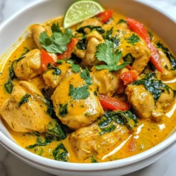 - 1 lb boneless chicken thighs, cut into bite-sized pieces - 1 can (13.5 oz) coconut milk - 2 tablespoons curry paste (red or green) - 1 onion, finely chopped - 3 cloves garlic, minced - 1-inch piece of ginger, grated - 1 bell pepper, sliced (red or yellow) - 1 cup spinach (fresh or frozen) - 2 tablespoons vegetable oil - Salt to taste In this recipe, the foundation is simple yet full of flavor. The boneless chicken thighs are juicy and tender. They absorb the rich taste of the coconut milk and curry paste well. Coconut milk adds creaminess and a hint of sweetness. The curry paste brings spices and warmth, while the veggies add crunch and nutrients. - Fresh cilantro - Lime wedges Garnishes like fresh cilantro and lime wedges can elevate your dish. Cilantro adds brightness, and lime gives a tangy kick. They create a perfect balance with the rich curry. - Chicken breast vs. thighs - Alternative curry pastes If you prefer, you can use chicken breast instead of thighs. Breast meat is leaner, but thighs offer more flavor. For curry paste, try different types. Green curry paste is spicier than red. Choose what suits your taste! {{ingredient_image_1}} 1. First, grab a large skillet. Heat 2 tablespoons of vegetable oil over medium heat. 2. Add 1 finely chopped onion and sauté it for 2-3 minutes. The onion should turn translucent. 3. Next, stir in 3 minced garlic cloves and 1-inch grated ginger. Cook for another minute. You'll love the smell! 1. Now, add 1 pound of boneless chicken thighs, cut into bite-sized pieces. 2. Lightly season the chicken with salt. Cook for about 5-7 minutes. You want the chicken to brown nicely. 3. Stir in 2 tablespoons of curry paste. Cook for an additional minute. Make sure the chicken is coated well. 1. Pour in 1 can of coconut milk. Bring this mixture to a gentle simmer. 2. Let it cook for 5-10 minutes. The chicken should be fully cooked, and the sauce should thicken slightly. 3. Add 1 sliced bell pepper and 1 cup of spinach. Stir to combine everything. Cook for another 2-3 minutes. The bell pepper should be tender, and the spinach wilted. 4. Taste the curry and adjust the seasoning if needed. Enjoy the burst of flavors! To save time, cut chicken into small pieces. This helps it cook faster. Use a hot skillet to sear the chicken quickly. For seasoning, add salt early while cooking the chicken. This allows the flavors to blend well. Taste as you go. Adjust the salt and spice level based on your preference. A large skillet works best for this dish. It gives enough space for the chicken and sauce. A wooden spoon helps you stir without scratching the pan. Use a sharp knife and cutting board for prepping. These tools make chopping fast and safe. To thicken the curry, simmer it longer without the lid. This lets steam escape and reduces liquid. If it seems too thick, add a splash of coconut milk or water. For creaminess, use full-fat coconut milk. It gives a rich flavor that makes the dish stand out. Stir well to mix the milk into the sauce. Pro Tips Use Fresh Spices: Fresh spices can elevate the flavor profile of your curry. If possible, use freshly ground spices instead of pre-ground ones for a more vibrant taste. Customize Heat Level: Adjust the amount of curry paste based on your heat preference. Start with a smaller amount and increase until you reach your desired spice level. Add Vegetables: Feel free to incorporate other vegetables such as zucchini or peas to enhance the nutritional value and texture of your curry. Serve with Sides: Pair your coconut chicken curry with rice or naan to soak up the delicious sauce, making for a complete meal experience. {{image_2}} You can change the protein in this dish. Try tofu or shrimp for a twist. Tofu works great for a vegan option. It soaks up all the flavor. Shrimp cooks quickly and adds a nice touch. For a plant-based meal, use chickpeas instead of chicken. They add protein and texture. Want it mild? Use less curry paste. Start with one tablespoon, then taste. You can always add more later. To make it spicy, go for extra curry paste. Add red pepper flakes or chopped chili for heat. Mixing spices like cumin or turmeric can add depth, too. This curry is best served with rice or naan. The rice soaks up the sauce nicely. Naan is perfect for dipping! You can also serve it with a side salad or steamed veggies. Fresh cilantro and lime add brightness and flavor. Enjoy this dish with friends and family for a fun meal! After enjoying your Minute Coconut Chicken Curry, let it cool down. Store it in an airtight container. Place it in the fridge for up to three days. If you need to keep it longer, freezing works well too. Just pour it into a freezer-safe container. It can stay good for up to three months in the freezer. To reheat your curry, the stovetop is best. Place it in a skillet over medium heat. Stir often to keep it from sticking. You can also use a microwave. Heat it in short bursts, stirring in between. This keeps the flavors fresh and tasty. Enjoy your curry within three days if stored in the fridge. If frozen, use it within three months for the best taste. Always check for signs of spoilage. If it smells off or looks strange, toss it out. Food safety is key! Making Minute Coconut Chicken Curry is quick and easy. It takes about 10 minutes to prep. The cooking time adds another 15 minutes. So, the total time is around 25 minutes from start to finish. You can have a tasty meal ready in no time! Yes, you can use homemade curry paste. Homemade curry paste can taste fresher and bolder. You control the flavors and spice level. Store-bought curry paste is quick and easy but may not match homemade's taste. Both options work well, so choose what suits you best! Coconut Chicken Curry pairs well with many sides. Here are some great options: - Steamed rice - Naan bread - Quinoa - Roasted vegetables - Fresh salad Each side enhances the meal and adds balance to the dish. Enjoy! In this post, we explored how to make a tasty Coconut Chicken Curry. We covered ingredients like chicken thighs, coconut milk, and veggies. You learned step-by-step cooking instructions, plus tips for faster cooking and great equipment. Variations let you swap proteins or adjust spice levels. Proper storage and reheating tips help you enjoy leftovers too. Overall, this dish is quick and flexible. Try it out and enjoy your meal!