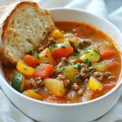 To make a tasty Hearty Hamburger Vegetable Soup, you need the following: - 1 lb ground beef - 1 onion, chopped - 2 cloves garlic, minced - 2 carrots, diced - 2 celery stalks, diced - 1 bell pepper, chopped (any color) - 1 zucchini, diced - 1 can (14.5 oz) diced tomatoes with juice - 4 cups beef broth - 1 cup frozen corn - 1 cup green beans, cut into 1-inch pieces - 1 teaspoon dried oregano - 1 teaspoon dried basil - 1/2 teaspoon salt - 1/2 teaspoon black pepper - 2 tablespoons olive oil - Fresh parsley, chopped (for garnish) Each ingredient plays a key role in the soup's flavor and texture. The ground beef adds heartiness, while the fresh vegetables bring color and nutrition. The canned tomatoes add sweetness and acidity. Meanwhile, the broth helps create a savory base. When you gather these ingredients, think about quality. Fresh vegetables and good beef make a big difference. I recommend using low-sodium broth for better control over saltiness. This soup is not just filling; it’s also a great way to enjoy a variety of veggies. {{ingredient_image_1}} 1. Sauté onions and garlic: Start by heating the olive oil in a large pot over medium heat. Add the chopped onion and sauté it for about 3 to 4 minutes. You want the onion to become soft and clear. Then, stir in the minced garlic. Cook it for another minute until it gives off a nice smell. 2. Brown ground beef: Next, add the ground beef to the pot. Use a spoon to break it into small pieces. Cook the beef for about 5 to 7 minutes until it turns brown. If there is extra fat, drain it off. 3. Add vegetables and sauté: Now, it’s time to add the diced carrots, celery, and bell pepper. Stir them into the pot. Sauté these veggies for about 5 minutes until they start to soften a bit. 1. Combine remaining ingredients: Add the diced zucchini, canned tomatoes (with juice), beef broth, frozen corn, and green beans into the pot. This mix will create a rich and hearty soup. 2. Bring to boil and simmer: Season the soup with oregano, basil, salt, and black pepper. Stir well to combine everything. Bring the soup to a boil, then lower the heat. Let it simmer uncovered for 25 to 30 minutes. This helps the flavors blend together nicely. 3. Adjust seasoning before serving: After simmering, taste the soup. If it needs more flavor, adjust the seasoning to your liking. Then, it's ready to serve! Sautéing vegetables is key to building flavor. When you heat the olive oil, add the onions first. Let them cook until they are soft and see-through. This process brings out their natural sweetness. Next, add the garlic. Cook it just until you smell its great aroma. This step makes your soup taste rich and warm. When it comes to browning ground beef, use a wide pot. Break up the meat with a spoon. Let it sit for a minute before stirring. This helps it brown nicely. Don't rush this step. A good brown color adds flavor to the soup. Once browned, drain any extra fat to keep the soup light. Garnishing your soup can make it look extra tasty. Fresh parsley adds a pop of color. Chop it finely and sprinkle it on top just before serving. You can also add a sprinkle of cheese for creaminess. For sides, crusty bread is a perfect match. It’s great for dipping into the soup. You can also serve a simple salad on the side. This adds freshness and crunch to your meal. Pro Tips Use Lean Ground Beef: Opt for lean ground beef to reduce excess fat in the soup, making it a healthier option without compromising flavor. Add Extra Vegetables: Feel free to throw in any leftover vegetables you have at home, like spinach or kale, to boost nutrition and flavor. Make It Ahead: This soup tastes even better the next day! Prepare it ahead of time and let the flavors meld in the refrigerator overnight. Customize Spices: Adjust the herbs and spices to your preference. A pinch of red pepper flakes can add a delightful kick! {{image_2}} You can change the vegetables in your soup. Use what you like or have. Try adding: - Spinach or kale for more greens - Potatoes for extra heartiness - Peas for sweetness You can also swap meats. Ground turkey or chicken works well. If you want a meat-free option, try lentils or chickpeas. These add protein and texture. To boost flavor, add spices or herbs. You can try: - A pinch of red pepper flakes for heat - Thyme for an earthy touch - Fresh herbs like dill or cilantro for brightness Toppings can make your soup special. Consider: - Shredded cheese for creaminess - A dollop of sour cream for tang - Croutons for crunch These small changes can make your soup unique and fun! After enjoying your hearty hamburger vegetable soup, you’ll want to save any leftovers. First, let the soup cool to room temperature. Then, transfer it to airtight containers. Glass or plastic containers work well. Store the soup in the fridge if you plan to eat it within the next three to four days. This keeps the flavors fresh and safe. If you want to keep it longer, freezing is a great option. You can freeze the soup for up to three months. Just make sure to leave some space in the container, as the soup will expand when frozen. To reheat your soup, the best method is using the stove. Pour the soup into a pot and heat over medium heat. Stir it often to ensure it warms evenly. This method helps keep the flavors rich and tasty. If you are in a hurry, you can use a microwave. Place the soup in a microwave-safe bowl. Cover it loosely with a microwave-safe lid to avoid spills. Heat it in 1-minute intervals, stirring in between, until hot. For long-term storage, freezing is ideal. Portion the soup into single servings. This makes it easy to grab and go. When you are ready to enjoy it again, simply thaw it in the fridge overnight before reheating. Can I use ground turkey instead of beef? Yes, you can use ground turkey. It makes the soup lighter. Just follow the same steps. Ground turkey cooks well and adds flavor. How do I make this soup vegetarian? To make this soup vegetarian, swap the beef for plant-based meat. You can also use cooked lentils or mushrooms. Use vegetable broth instead of beef broth. This keeps the soup rich and tasty. What can I do if the soup is too thick? If the soup is too thick, add more broth or water. Stir in small amounts until it reaches your desired texture. Taste your soup after adding liquid to keep the flavor strong. This blog post shows you how to make hearty hamburger vegetable soup. We covered the simple ingredients and detailed steps to prepare a tasty meal. I shared tips to enhance flavor and suggested some fun variations. Remember, everyone can make this soup their own with easy swaps and spices. Enjoy creating delicious meals that warm your heart and satisfy your hunger. Follow these steps, and you’ll be a soup pro in no time!