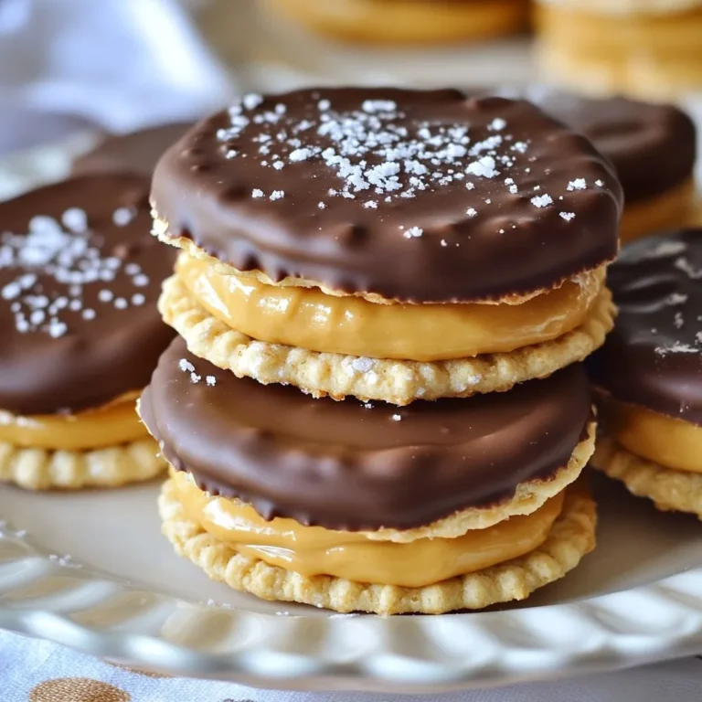 Here’s what you need to make Ritz Cracker Cookies: - 2 sleeves of Ritz crackers - 1 cup creamy peanut butter - 1 cup milk chocolate chips - 1/2 cup chopped nuts (e.g., walnuts or pecans) - 1/2 cup powdered sugar - Sea salt for garnish These ingredients come together to create a delightful treat. The Ritz crackers serve as a crispy base. Creamy peanut butter adds rich flavor. Milk chocolate chips bring sweetness and melt in your mouth. Chopped nuts provide crunch and texture. Powdered sugar adds a touch of sweetness. Finally, a sprinkle of sea salt enhances the flavors. When you gather these items, you are ready to start your fun cooking adventure. Each ingredient plays a key role in making these cookies simple and delectable! {{ingredient_image_1}} 1. Preheating the oven: Start by setting your oven to 350°F (175°C). This temperature helps the cookies bake evenly. 2. Assembling the cracker sandwiches: Take the Ritz crackers and spread a spoonful of creamy peanut butter on half of them. Then, place another cracker on top to make a sandwich. Repeat until all crackers are used. 3. Preparing the baking sheet: Line a baking sheet with parchment paper. This keeps the cookies from sticking and makes cleanup easy. Place the assembled cracker sandwiches on the sheet, leaving space between them. 1. Techniques for melting chocolate chips: Use a microwave-safe bowl for melting the milk chocolate chips. Heat them in 30-second intervals. Stir the chocolate after each interval. This method prevents the chocolate from burning and helps it melt smoothly. 2. Dipping cracker sandwiches in chocolate: Once the chocolate is melted, dip each cracker sandwich into the chocolate. Make sure to coat it well. Let any excess chocolate drip off before placing it back on the baking sheet. 1. Baking time and visual cues for doneness: Bake the cookies in the preheated oven for 6-8 minutes. Look for the chocolate to be slightly set. It should not be shiny. 2. Cooling process on a wire rack: After baking, remove the sheet from the oven. Let the cookies cool for a few minutes. Then, transfer them to a wire rack to cool completely. This step helps keep the cookies crisp. For the best flavor, use name-brand ingredients. I recommend Jif for peanut butter. It has a smooth texture and rich taste. For chocolate, Ghirardelli chocolate chips melt nicely and taste great. Watch out for common mistakes. First, do not overheat the chocolate. Melting in short bursts helps. Second, ensure you spread peanut butter evenly. This helps keep the cracker sandwiches together during baking. To take these cookies up a notch, try adding toppings. Chopped nuts like walnuts or pecans add crunch. You can also drizzle extra chocolate on top for a fun look. For drinks, pair these cookies with milk or hot cocoa. The richness of chocolate goes well with creamy beverages. If you're feeling adventurous, try them with coffee for a sweet twist! Pro Tips Use Room Temperature Peanut Butter: For easier spreading, make sure your peanut butter is at room temperature. This will help you create an even layer on the crackers. Experiment with Chocolate: Try using dark chocolate or white chocolate for a different flavor profile. Each type of chocolate will add its unique twist to these cookies. Chill Before Baking: If you have time, chill the assembled sandwiches before dipping them in chocolate. This helps the peanut butter firm up, making it less likely to ooze out during the chocolate coating process. Perfect Salt Balance: Be careful with the amount of sea salt you sprinkle on top. A little goes a long way, enhancing the flavors without overpowering the sweetness. {{image_2}} You can change up the flavors in Ritz Cracker Cookies easily. One fun way is to swap out the creamy peanut butter for different nut butters. Try almond butter or cashew butter for a new taste. Each nut butter adds its own flavor twist. Using white or dark chocolate instead of milk chocolate is another great option. White chocolate gives a sweet, creamy taste, while dark chocolate adds a rich note. Both choices will make your cookies unique and tasty. If you need gluten-free options, use gluten-free crackers instead of Ritz. Many brands make tasty gluten-free crackers that work well in this recipe. They will still give you that nice crunch. For those who want vegan treats, look for dairy-free chocolate and nut butter. Many stores offer vegan chocolate chips that melt nicely. Nut butters are often vegan, but always check the label. These changes make the cookies fit for everyone. To keep your Ritz Cracker Cookies fresh, store them in a cool, dry place. The best temperature is around room temperature, about 70°F (21°C). Too much heat or moisture can make them soggy. Use an airtight container to seal in freshness. A tin or plastic box works great. You can also line the container with parchment paper to avoid sticking. You can freeze these cookies for later enjoyment. If you freeze unbaked cookies, assemble the cracker sandwiches first. Then place them on a baking sheet and freeze until firm. After that, transfer them to a freezer bag. Seal tightly and label with the date. For baked cookies, let them cool completely before freezing. Once cool, stack them in a freezer bag, separating layers with parchment paper. To thaw, place them in the fridge overnight or on the counter for a few hours. If you want them warm, pop them in the oven at 350°F (175°C) for a few minutes. Enjoy them fresh out of the oven! Can I make these cookies ahead of time? Yes, you can make these cookies ahead. Just prepare them and store them. You can keep them in an airtight container for up to one week. This makes them great for parties or snacks! How do I store leftover cookies? To store leftover cookies, place them in a sealed container. Keep them in a cool, dry place. If you want them to last longer, store them in the fridge. Just remember to let them come to room temperature before enjoying. What can I substitute for peanut butter? If you need a substitute for peanut butter, try almond butter or cashew butter. You can also use sun butter if you want a nut-free option. Each will give a unique flavor, but they still pair well with Ritz crackers. How do I know if my cookies are properly baked? You will know the cookies are done when the chocolate is slightly set. After baking for 6-8 minutes, look for a shiny and soft finish on the chocolate. Let them cool on the sheet for a few minutes before moving them. Ritz cracker cookies are simple, tasty, and fun to make. We covered ingredients, baking steps, and tips for perfect results. Don’t be afraid to try variations or adapt for dietary needs. By storing them right, you keep them fresh longer. Enjoy your delicious treats with family and friends. I hope you feel inspired to bake these cookies and share them with loved ones. Happy baking!