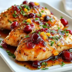 - 4 boneless, skinless chicken breasts - 1 cup fresh or frozen cranberries - 1/2 cup honey - 1/4 cup orange juice - 2 tablespoons soy sauce - 1 tablespoon Dijon mustard - 1 teaspoon garlic powder - 1 teaspoon dried thyme - Salt and pepper to taste - 2 tablespoons olive oil - Fresh parsley, chopped for garnish Cranberry glazed chicken is a dish full of flavor and color. The main star is the chicken. Use boneless, skinless chicken breasts for a quick cook and easy eating. Cranberries add a sweet and tart taste. You can use fresh or frozen cranberries. Both work well. Honey plays a big role in the glaze. It brings sweetness and helps the glaze stick to the chicken. Add a splash of orange juice for bright flavor. Soy sauce gives depth and a hint of saltiness. Dijon mustard adds a touch of heat and complexity. Garlic powder and dried thyme enhance the dish, giving it warmth and earthiness. You’ll need salt and pepper to season the chicken. Olive oil helps to sear the chicken, giving it a nice crust. Finally, fresh parsley adds a pop of green and freshness when you serve the dish. These ingredients come together to make a simple yet delicious meal. Each bite is a mix of sweet, tangy, and savory flavors. {{ingredient_image_1}} 1. Preheating the oven: Start by preheating your oven to 400°F (200°C). This step gets the oven ready for the chicken. 2. Cooking the cranberry glaze: In a medium saucepan, mix together cranberries, honey, orange juice, soy sauce, Dijon mustard, garlic powder, and thyme. Heat on medium until the cranberries burst and the sauce thickens, about 10-12 minutes. 3. Searing the chicken breasts: While the glaze cooks, take four boneless, skinless chicken breasts. Season them with salt and pepper on both sides. In a large oven-safe skillet, heat two tablespoons of olive oil over medium-high heat. Add the chicken and sear for about five minutes on each side until golden brown. 4. Baking the chicken with glaze: Once the chicken is seared, pour the thick cranberry glaze over it. Make sure each piece is coated. Place the skillet in the preheated oven and bake for 20-25 minutes. The chicken is done when it reaches an internal temperature of 165°F (75°C). - Tips for properly searing chicken: Make sure the skillet is hot before adding the chicken. This helps create a nice golden crust. Avoid moving the chicken too much while it cooks for the best sear. - How to make the glaze thick and flavorful: Stir the glaze often while it cooks. This helps the cranberries break down and mix with the other flavors. If it is too thin, let it simmer a bit longer. - Resting period for the chicken: After baking, take the chicken out and let it rest for a few minutes. This helps keep it juicy. - Spoon extra glaze before serving: Before serving, drizzle some extra glaze over the chicken. This adds extra flavor and looks great on the plate. - Garnishing techniques: Chop fresh parsley and sprinkle it on top. This adds a pop of color and a fresh taste. Serve your cranberry glazed chicken on a rustic board or a white platter to highlight the dish. To make sure your chicken is cooked well, check its internal temperature. It should reach 165°F (75°C). Use a meat thermometer to be accurate. This step keeps it safe to eat and juicy. You can adjust the glaze to fit your taste. Want it sweeter? Add more honey. Prefer a tangy flavor? Increase the orange juice. This dish is flexible, so feel free to experiment. For side dishes, steamed green beans work great. A light salad also pairs nicely. These sides add color and texture to your plate. When plating, use a rustic wooden board or a white platter. This helps the vibrant cranberry sauce stand out. Garnish with fresh parsley for an extra touch of color. You will need a medium saucepan for the glaze. A large oven-safe skillet helps with searing and baking the chicken. Keep a meat thermometer handy. It helps ensure your chicken is cooked just right. A spatula makes it easy to handle the chicken while cooking and serving. Pro Tips Tip Title: Fresh Cranberries for Brightness: Using fresh cranberries instead of frozen will give your glaze a brighter flavor and a more vibrant color. Tip Title: Sear for Flavor: Don’t skip the searing step! It adds a delicious crust to the chicken and enhances the overall flavor. Tip Title: Resting Time: Allow the chicken to rest for a few minutes after baking. This helps the juices redistribute, keeping the meat tender and juicy. Tip Title: Customize Your Glaze: Feel free to experiment with additional spices, such as cinnamon or ginger, to give the cranberry glaze a unique twist. {{image_2}} You can change the glaze’s sweetness using different sweeteners. Maple syrup or agave nectar works great. Each brings its unique taste to the dish. You can also add spices or herbs to change the flavor. Try adding a pinch of cayenne pepper for heat or rosemary for a woodsy flavor. These small changes can make a big difference. If you prefer, you can swap chicken for turkey. Turkey breast works well with this glaze and is just as tasty. For a vegetarian option, try tofu. Just make sure to press the tofu to remove excess water. Cooking times will change with different proteins. Turkey may need a bit longer, while tofu takes less time. You can get creative with how you serve this dish. Try making wraps or sandwiches. Use the glazed chicken as a filling with fresh greens and your favorite sauce. You can also add more vegetables to the dish. Stir in steamed broccoli or roasted bell peppers for color and extra nutrition. These variations keep the meal fun and fresh! After you enjoy your cranberry glazed chicken, store any leftovers in an airtight container. This helps keep the chicken moist and fresh. Place the container in the fridge. You can safely store it for up to three days. If you're unsure, check the smell and color before eating. Always label the container with the date so you know when you made it. To freeze cranberry glazed chicken, first let it cool completely. Then, wrap each piece tightly in plastic wrap. Place the wrapped chicken in a freezer bag or a freezer-safe container. This prevents freezer burn. You can freeze the chicken for up to three months. When ready to eat, thaw the chicken in the fridge overnight before reheating. Reheating your cranberry glazed chicken correctly keeps it tasty. Here are some methods: - Oven: Preheat your oven to 350°F (175°C). Place the chicken in a baking dish, cover it with foil, and heat for about 15-20 minutes. - Microwave: Place the chicken on a microwave-safe plate. Heat for 1-2 minutes, checking every 30 seconds to avoid overcooking. - Stovetop: Heat a skillet over medium heat. Add a splash of water or broth, then add the chicken. Cover and heat for about 5-7 minutes. These methods help maintain the flavor and texture. Enjoy your meal! How long does it take to cook cranberry glazed chicken? It takes about 45 minutes to cook cranberry glazed chicken. This includes 10 minutes of prep time and 25 minutes of baking time. The chicken will cook fully and be ready to enjoy in just over half an hour. Can I use dried cranberries instead of fresh/frozen? You can use dried cranberries, but the glaze will be different. Dried cranberries are sweet and may not give the same tart flavor as fresh or frozen. If you use dried, add a bit of water to help create the glaze. What sides go well with cranberry glazed chicken? Many sides pair well with cranberry glazed chicken. I recommend steamed green beans or a light salad. You could also serve it with mashed potatoes or rice to soak up the delicious glaze. How do I know when the chicken is fully cooked? The chicken is fully cooked when it reaches an internal temperature of 165°F (75°C). Use a meat thermometer to check the thickest part. The chicken should no longer be pink and the juices should run clear. This blog post covered a delicious cranberry glazed chicken recipe. You learned about the key ingredients, preparation steps, and useful cooking techniques. With tips for presentation and variations in flavors, I hope you feel confident to try this dish. Remember, personal touches can make your meal unique. Enjoy exploring storage methods to keep leftovers fresh. Keep experimenting with proteins and flavors to find your favorite. This recipe is not just easy; it's also a fun way to impress friends and family. Happy cooking!