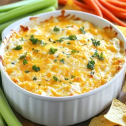To make a great Buffalo chicken dip, gather these must-have items: - 2 cups shredded cooked chicken - 1 (8 oz) package cream cheese, softened - 1/2 cup sour cream - 1/2 cup mayonnaise - 1 cup Buffalo sauce - 1 cup shredded cheddar cheese - 1/2 teaspoon garlic powder - 1/4 teaspoon onion powder - Salt and pepper to taste These ingredients mix well to create a creamy, spicy dip. The chicken adds protein while the cream cheese, sour cream, and mayonnaise bring richness. You can enhance your dip with these optional ingredients: - 1/2 cup crumbled blue cheese - Fresh celery and carrot sticks for serving Adding blue cheese gives a tangy taste. The veggies bring crunch and freshness to every bite. The Buffalo sauce is key for flavor. You can choose mild, medium, or hot sauces. For a milder dip, use less sauce or select a mild brand. To kick up the heat, use extra hot sauce or add more to your mix. Always taste as you go to find your perfect spice level. {{ingredient_image_1}} - Preheating the Oven Start by preheating your oven to 350°F (175°C). This helps the dip cook evenly and become bubbly. - Mixing the Ingredients In a large bowl, add 1 package of softened cream cheese, 1/2 cup of sour cream, and 1/2 cup of mayonnaise. Mix these until smooth and creamy. Then, add 2 cups of shredded cooked chicken and 1 cup of Buffalo sauce. You can adjust the sauce to fit your spice level. Next, sprinkle in 1/2 teaspoon of garlic powder and 1/4 teaspoon of onion powder. Stir well to combine everything. Finally, mix in 1 cup of shredded cheddar cheese and, if you like, 1/2 cup of crumbled blue cheese. Don’t forget to add salt and pepper to taste. - Baking the Dip Transfer the mixture to a greased baking dish, about 8x8 inches. Spread it out evenly. Bake in your preheated oven for 20-25 minutes. The dip is done when it is hot and bubbly. Once it's ready, take it out and let it cool for a few minutes before serving. For a creamier dip, mix your ingredients well. Make sure the cream cheese is fully softened. If you like a thicker texture, add less Buffalo sauce. For a lighter dip, you can use Greek yogurt instead of sour cream. Serve your Buffalo chicken dip warm. You can garnish it with chopped green onions or parsley for color. Pair it with fresh celery and carrot sticks for crunch. Don’t forget to include tortilla chips or pita chips for dipping. This way, everyone can enjoy it! To change the heat, adjust the Buffalo sauce. Use less sauce for a milder dip. For more heat, add extra sauce or use a hotter brand. You can also mix in some diced jalapeños or hot sauce for a spicy kick. Taste as you go. This way, you find your perfect balance. Start with softened cream cheese for easy mixing. This helps create a smooth texture. Mix the cream cheese, sour cream, and mayonnaise first. Make sure these are well combined before adding the chicken and sauce. Stir gently when adding cheese to keep it fluffy. Avoid using cold cream cheese. It makes mixing hard and lumpy. Don’t skip the garlic powder and onion powder; they add great flavor. Watch the baking time closely. If you bake it too long, it can dry out. Let the dip cool a bit before serving, so it’s safe to eat. Pro Tips Adjust the Spice Level: If you prefer a milder dip, reduce the amount of Buffalo sauce or use a milder variety. You can also mix in some ranch dressing to balance the heat. Make it Ahead: Prepare the dip a day in advance and store it in the refrigerator. Just bake it when you're ready to serve for a quick and easy appetizer. Serving Suggestions: Pair the dip with a variety of dipping options like tortilla chips, pita chips, or fresh vegetables to cater to all guests' preferences. Garnish for Presentation: Add a sprinkle of chopped green onions or fresh parsley on top after baking for a colorful and appetizing look. {{image_2}} You can change the cheese in your dip. Instead of cheddar, try pepper jack for a kick. You could also use mozzarella for a milder taste. Cream cheese is a must, but you can mix in goat cheese for a tangy touch. Sour cream can be swapped with Greek yogurt for a healthier option. Want to add more flavor? Mix in some veggies! Chopped bell peppers or diced onions can boost the taste. If you love extra protein, add cooked bacon bits or shredded turkey. You can even toss in black beans for a twist. They add texture and flavor without extra calories. You can make this dip healthier without losing taste. Use low-fat cream cheese to cut calories. Swap out regular mayonnaise for a light version. Instead of Buffalo sauce, try a homemade version with less salt. You can also serve the dip with veggie sticks instead of chips for a crunchy, healthy choice. To store leftover Buffalo chicken dip, let it cool first. Once cool, place it in an airtight container. Keep it in the fridge. It stays fresh for about 3 to 5 days. Label your container with the date. This helps you know when to use it. When you want to enjoy your dip again, reheating is key. Preheat your oven to 350°F (175°C). Place the dip in a baking dish. Cover it with foil to keep it moist. Bake for about 15-20 minutes until hot. You can also microwave it. Heat in short bursts, stirring in between. This way, it heats evenly. You can freeze Buffalo chicken dip for later. Use a freezer-safe container. Make sure to leave some space at the top. The dip expands when frozen. It can last for up to 2 months in the freezer. To thaw, place it in the fridge overnight before reheating. This keeps the flavor and texture just right. Yes, you can make Buffalo Chicken Dip ahead of time. Just prepare the dip and store it in the fridge. Cover it well so it stays fresh. You can bake it later when you are ready to serve. This makes it easy for parties or game days. You can serve many tasty things with Buffalo Chicken Dip. Here are some ideas: - Tortilla chips - Pita chips - Fresh celery sticks - Carrot sticks - Crackers - Toasted baguette slices These options add crunch and flavor to your dip. Buffalo Chicken Dip can last about 3 to 4 days in the fridge. Make sure it is in an airtight container. Always check for any changes in smell or color before eating. If it looks or smells off, it is best to throw it away. Yes, you can make a vegetarian version of Buffalo Chicken Dip. Instead of chicken, use shredded jackfruit or cooked cauliflower. You can also add beans for protein. Replace the Buffalo sauce with a spicy sauce that fits your taste. This keeps the dip flavorful and fun for everyone. Buffalo chicken dip combines simple ingredients for delicious flavors. We covered essential and optional items, along with tips to adjust spice levels. I shared clear steps to prepare, bake, and serve the dip just right. You also learned variations to suit your taste and how to store leftovers properly. Now you have all you need to create this crowd-pleaser. Enjoy every cheesy, spicy bite!
