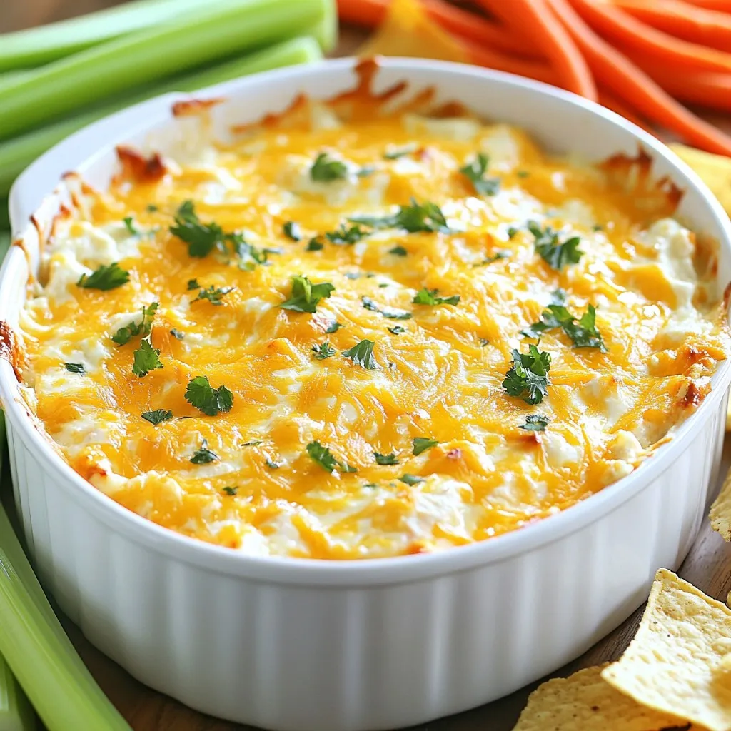 To make a great Buffalo chicken dip, gather these must-have items: - 2 cups shredded cooked chicken - 1 (8 oz) package cream cheese, softened - 1/2 cup sour cream - 1/2 cup mayonnaise - 1 cup Buffalo sauce - 1 cup shredded cheddar cheese - 1/2 teaspoon garlic powder - 1/4 teaspoon onion powder - Salt and pepper to taste These ingredients mix well to create a creamy, spicy dip. The chicken adds protein while the cream cheese, sour cream, and mayonnaise bring richness. You can enhance your dip with these optional ingredients: - 1/2 cup crumbled blue cheese - Fresh celery and carrot sticks for serving Adding blue cheese gives a tangy taste. The veggies bring crunch and freshness to every bite. The Buffalo sauce is key for flavor. You can choose mild, medium, or hot sauces. For a milder dip, use less sauce or select a mild brand. To kick up the heat, use extra hot sauce or add more to your mix. Always taste as you go to find your perfect spice level. {{ingredient_image_1}} - Preheating the Oven Start by preheating your oven to 350°F (175°C). This helps the dip cook evenly and become bubbly. - Mixing the Ingredients In a large bowl, add 1 package of softened cream cheese, 1/2 cup of sour cream, and 1/2 cup of mayonnaise. Mix these until smooth and creamy. Then, add 2 cups of shredded cooked chicken and 1 cup of Buffalo sauce. You can adjust the sauce to fit your spice level. Next, sprinkle in 1/2 teaspoon of garlic powder and 1/4 teaspoon of onion powder. Stir well to combine everything. Finally, mix in 1 cup of shredded cheddar cheese and, if you like, 1/2 cup of crumbled blue cheese. Don’t forget to add salt and pepper to taste. - Baking the Dip Transfer the mixture to a greased baking dish, about 8x8 inches. Spread it out evenly. Bake in your preheated oven for 20-25 minutes. The dip is done when it is hot and bubbly. Once it's ready, take it out and let it cool for a few minutes before serving. For a creamier dip, mix your ingredients well. Make sure the cream cheese is fully softened. If you like a thicker texture, add less Buffalo sauce. For a lighter dip, you can use Greek yogurt instead of sour cream. Serve your Buffalo chicken dip warm. You can garnish it with chopped green onions or parsley for color. Pair it with fresh celery and carrot sticks for crunch. Don’t forget to include tortilla chips or pita chips for dipping. This way, everyone can enjoy it! To change the heat, adjust the Buffalo sauce. Use less sauce for a milder dip. For more heat, add extra sauce or use a hotter brand. You can also mix in some diced jalapeños or hot sauce for a spicy kick. Taste as you go. This way, you find your perfect balance. Start with softened cream cheese for easy mixing. This helps create a smooth texture. Mix the cream cheese, sour cream, and mayonnaise first. Make sure these are well combined before adding the chicken and sauce. Stir gently when adding cheese to keep it fluffy. Avoid using cold cream cheese. It makes mixing hard and lumpy. Don’t skip the garlic powder and onion powder; they add great flavor. Watch the baking time closely. If you bake it too long, it can dry out. Let the dip cool a bit before serving, so it’s safe to eat. Pro Tips Adjust the Spice Level: If you prefer a milder dip, reduce the amount of Buffalo sauce or use a milder variety. You can also mix in some ranch dressing to balance the heat. Make it Ahead: Prepare the dip a day in advance and store it in the refrigerator. Just bake it when you're ready to serve for a quick and easy appetizer. Serving Suggestions: Pair the dip with a variety of dipping options like tortilla chips, pita chips, or fresh vegetables to cater to all guests' preferences. Garnish for Presentation: Add a sprinkle of chopped green onions or fresh parsley on top after baking for a colorful and appetizing look. {{image_2}} You can change the cheese in your dip. Instead of cheddar, try pepper jack for a kick. You could also use mozzarella for a milder taste. Cream cheese is a must, but you can mix in goat cheese for a tangy touch. Sour cream can be swapped with Greek yogurt for a healthier option. Want to add more flavor? Mix in some veggies! Chopped bell peppers or diced onions can boost the taste. If you love extra protein, add cooked bacon bits or shredded turkey. You can even toss in black beans for a twist. They add texture and flavor without extra calories. You can make this dip healthier without losing taste. Use low-fat cream cheese to cut calories. Swap out regular mayonnaise for a light version. Instead of Buffalo sauce, try a homemade version with less salt. You can also serve the dip with veggie sticks instead of chips for a crunchy, healthy choice. To store leftover Buffalo chicken dip, let it cool first. Once cool, place it in an airtight container. Keep it in the fridge. It stays fresh for about 3 to 5 days. Label your container with the date. This helps you know when to use it. When you want to enjoy your dip again, reheating is key. Preheat your oven to 350°F (175°C). Place the dip in a baking dish. Cover it with foil to keep it moist. Bake for about 15-20 minutes until hot. You can also microwave it. Heat in short bursts, stirring in between. This way, it heats evenly. You can freeze Buffalo chicken dip for later. Use a freezer-safe container. Make sure to leave some space at the top. The dip expands when frozen. It can last for up to 2 months in the freezer. To thaw, place it in the fridge overnight before reheating. This keeps the flavor and texture just right. Yes, you can make Buffalo Chicken Dip ahead of time. Just prepare the dip and store it in the fridge. Cover it well so it stays fresh. You can bake it later when you are ready to serve. This makes it easy for parties or game days. You can serve many tasty things with Buffalo Chicken Dip. Here are some ideas: - Tortilla chips - Pita chips - Fresh celery sticks - Carrot sticks - Crackers - Toasted baguette slices These options add crunch and flavor to your dip. Buffalo Chicken Dip can last about 3 to 4 days in the fridge. Make sure it is in an airtight container. Always check for any changes in smell or color before eating. If it looks or smells off, it is best to throw it away. Yes, you can make a vegetarian version of Buffalo Chicken Dip. Instead of chicken, use shredded jackfruit or cooked cauliflower. You can also add beans for protein. Replace the Buffalo sauce with a spicy sauce that fits your taste. This keeps the dip flavorful and fun for everyone. Buffalo chicken dip combines simple ingredients for delicious flavors. We covered essential and optional items, along with tips to adjust spice levels. I shared clear steps to prepare, bake, and serve the dip just right. You also learned variations to suit your taste and how to store leftovers properly. Now you have all you need to create this crowd-pleaser. Enjoy every cheesy, spicy bite!
