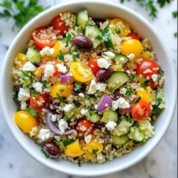 - 1 cup quinoa, rinsed - 2 cups water or vegetable broth - 1 cup cherry tomatoes, halved - 1 cucumber, diced - 1 bell pepper (red or yellow), diced - 1/2 red onion, finely chopped - 1/2 cup Kalamata olives, pitted and halved - 1/2 cup feta cheese, crumbled - 1/4 cup fresh parsley, chopped - 1 tablespoon dried oregano - 3 tablespoons olive oil - 2 tablespoons lemon juice - Salt and pepper to taste Quinoa is a great source of protein. It has all nine amino acids. This makes it a perfect choice for a filling meal. Quinoa also has fiber. Fiber helps with digestion and keeps you full longer. Cherry tomatoes are rich in vitamins C and K. They also have antioxidants. These help fight free radicals in your body. Cucumbers are low in calories. They hydrate you and are great for skin health. Bell peppers are full of vitamin A and C. They help boost your immune system. Kalamata olives are good for heart health. They contain healthy fats that support overall wellness. Feta cheese adds calcium and flavor to the mix. When picking quinoa, look for a clean and dry bag. It should not have any odd smells. For tomatoes, choose firm ones with bright colors. This means they are ripe and tasty. Cucumbers should feel heavy for their size. This shows they are fresh and full of water. Bell peppers should have smooth skin. Avoid any with wrinkles or soft spots. Choose Kalamata olives that are firm and plump. They should smell fresh, not sour. For feta cheese, pick the one packed in brine. This keeps it fresh longer. Last, always look for fresh herbs. They should smell strong and vibrant. {{ingredient_image_1}} Start by rinsing 1 cup of quinoa in cold water. This step removes any bitter taste. Next, boil 2 cups of water or vegetable broth in a medium pot. Once it boils, add the rinsed quinoa. Lower the heat to a simmer and cover the pot. Cook for about 15 minutes until all the water is gone. After cooking, let it sit for 5 minutes with the lid on. Fluff the quinoa with a fork to make it light and airy. While the quinoa cooks, grab a large mixing bowl. Add 1 cup of halved cherry tomatoes, 1 diced cucumber, and 1 diced bell pepper. You can use red or yellow bell pepper, depending on your taste. Next, chop 1/2 a red onion finely and add it to the bowl. Add 1/2 cup of pitted and halved Kalamata olives, along with 1/2 cup of crumbled feta cheese. Finally, toss in 1/4 cup of chopped fresh parsley. These fresh ingredients bring color and flavor to your salad. In a small bowl, mix together 3 tablespoons of olive oil and 2 tablespoons of lemon juice. Add 1 tablespoon of dried oregano, salt, and pepper to taste. Whisk these ingredients until they blend well. This dressing adds a bright, zesty flavor to your salad. Once the quinoa has cooled, add it to the bowl with the vegetables and cheese. Drizzle your dressing over the top. Gently toss everything together until well mixed. Taste your salad and adjust the seasoning if needed. You might want more lemon juice, salt, or pepper. For the best flavor, chill the salad for at least 30 minutes before serving. This wait allows the flavors to blend beautifully. Serve in lovely bowls, and enjoy your nutrient-packed delight! You want your quinoa to be fluffy and light. Start by rinsing 1 cup of quinoa under cold water. This removes bitter flavors. Next, boil 2 cups of water or vegetable broth in a medium pot. Add the rinsed quinoa, then cover and lower the heat. Let it simmer for about 15 minutes. When all the liquid absorbs, remove it from heat. Let it sit for 5 minutes before fluffing with a fork. Perfect quinoa should be soft but not mushy. To boost flavor, add fresh herbs like parsley or mint. You can also toss in some roasted red peppers for a sweet touch. If you want more crunch, consider adding chopped nuts like almonds or walnuts. A sprinkle of lemon zest can brighten the dish. For extra protein, add chickpeas or grilled chicken. These additions can tailor the salad to your tastes and make it even more satisfying. A beautiful salad makes every meal special. Serve your Greek quinoa salad in large, shallow bowls. This allows the colors to shine. Garnish with extra lemon wedges and a sprinkle of parsley. A drizzle of olive oil on top adds a nice sheen and extra flavor. If you want to impress guests, layer the salad in a clear dish. This way, they can see the colorful ingredients. Enjoy this vibrant dish at your next gathering! Pro Tips Use Fresh Ingredients: Always opt for fresh vegetables and herbs for the best flavor and nutritional value in your salad. Rinse Quinoa Thoroughly: Rinsing quinoa before cooking removes its natural coating, called saponin, which can have a bitter taste. Experiment with Dressings: Feel free to add different herbs or spices to the dressing for a unique twist on the classic flavor. Make Ahead: This salad keeps well in the fridge, making it a great option for meal prep. Just add the feta just before serving to keep it fresh. {{image_2}} You can easily make this salad vegetarian or vegan. For a vegetarian option, keep the feta cheese. It adds creaminess and flavor. If you want a vegan version, simply leave out the feta or use a plant-based cheese instead. Nutritional yeast is a great choice. It brings a cheesy flavor without dairy. You can also add more veggies, like carrots or zucchini, for extra crunch. Adding protein can make your salad more filling. Grilled chicken is a tasty option. Just slice it and mix it in. If you prefer plant-based protein, use chickpeas. Canned chickpeas are easy to add. Rinse them well and toss them in. You can also try using cooked lentils. They add texture and are packed with nutrients. Quinoa is naturally gluten-free, making this salad a safe choice. If you want a different grain, try brown rice or millet. Both grains work well and keep the salad hearty. You can also use gluten-free pasta if you prefer a different texture. Just make sure to cook it al dente to keep it from getting mushy. To keep your Healthy Greek Quinoa Salad fresh, store leftovers in an airtight container. Make sure to cool the salad first. This helps keep it crisp. Place the container in the fridge. It will stay tasty for a few days. The salad can last in the fridge for 3 to 5 days. After that, flavors may fade. If you notice any bad smell or change in color, it’s best to toss it. Always check before eating. To keep it fresh, avoid mixing in the dressing if you plan to store it. Add the dressing just before serving. You can freeze quinoa salad, but some ingredients may change in texture. I recommend freezing only the quinoa and veggies. Leave out the feta and dressing. Store in a freezer-safe bag or container. It can last up to 3 months in the freezer. When you're ready to eat, thaw it in the fridge overnight. Then, add fresh ingredients and dressing for the best taste. Yes, you can make this salad ahead. It tastes even better after sitting. Prepare it a few hours in advance. This time lets the flavors mix well. Just chill it in the fridge until serving. If you want a swap for feta, try goat cheese or ricotta. You can also use a vegan cheese for a dairy-free option. These choices add creaminess without losing taste. To spice it up, add diced jalapeños or crushed red pepper flakes. These ingredients bring heat and flavor. You can also mix in a dash of hot sauce to the dressing for extra zing. This blog post covered key ingredients for a great quinoa salad and their health benefits. I shared tips to pick fresh items and gave steps to cook and prepare the dish. You learned ways to enhance flavor and create variations for different diets. I also included storage tips to keep your salad fresh. Remember, cooking should be fun and easy. Enjoy experimenting with your quinoa salad, and make it your own!