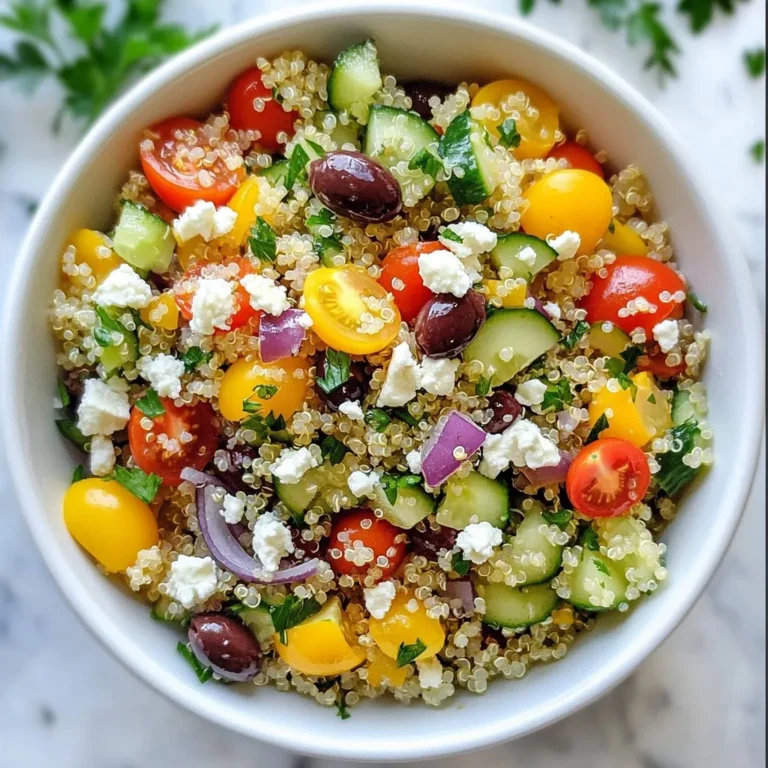 - 1 cup quinoa, rinsed - 2 cups water or vegetable broth - 1 cup cherry tomatoes, halved - 1 cucumber, diced - 1 bell pepper (red or yellow), diced - 1/2 red onion, finely chopped - 1/2 cup Kalamata olives, pitted and halved - 1/2 cup feta cheese, crumbled - 1/4 cup fresh parsley, chopped - 1 tablespoon dried oregano - 3 tablespoons olive oil - 2 tablespoons lemon juice - Salt and pepper to taste Quinoa is a great source of protein. It has all nine amino acids. This makes it a perfect choice for a filling meal. Quinoa also has fiber. Fiber helps with digestion and keeps you full longer. Cherry tomatoes are rich in vitamins C and K. They also have antioxidants. These help fight free radicals in your body. Cucumbers are low in calories. They hydrate you and are great for skin health. Bell peppers are full of vitamin A and C. They help boost your immune system. Kalamata olives are good for heart health. They contain healthy fats that support overall wellness. Feta cheese adds calcium and flavor to the mix. When picking quinoa, look for a clean and dry bag. It should not have any odd smells. For tomatoes, choose firm ones with bright colors. This means they are ripe and tasty. Cucumbers should feel heavy for their size. This shows they are fresh and full of water. Bell peppers should have smooth skin. Avoid any with wrinkles or soft spots. Choose Kalamata olives that are firm and plump. They should smell fresh, not sour. For feta cheese, pick the one packed in brine. This keeps it fresh longer. Last, always look for fresh herbs. They should smell strong and vibrant. {{ingredient_image_1}} Start by rinsing 1 cup of quinoa in cold water. This step removes any bitter taste. Next, boil 2 cups of water or vegetable broth in a medium pot. Once it boils, add the rinsed quinoa. Lower the heat to a simmer and cover the pot. Cook for about 15 minutes until all the water is gone. After cooking, let it sit for 5 minutes with the lid on. Fluff the quinoa with a fork to make it light and airy. While the quinoa cooks, grab a large mixing bowl. Add 1 cup of halved cherry tomatoes, 1 diced cucumber, and 1 diced bell pepper. You can use red or yellow bell pepper, depending on your taste. Next, chop 1/2 a red onion finely and add it to the bowl. Add 1/2 cup of pitted and halved Kalamata olives, along with 1/2 cup of crumbled feta cheese. Finally, toss in 1/4 cup of chopped fresh parsley. These fresh ingredients bring color and flavor to your salad. In a small bowl, mix together 3 tablespoons of olive oil and 2 tablespoons of lemon juice. Add 1 tablespoon of dried oregano, salt, and pepper to taste. Whisk these ingredients until they blend well. This dressing adds a bright, zesty flavor to your salad. Once the quinoa has cooled, add it to the bowl with the vegetables and cheese. Drizzle your dressing over the top. Gently toss everything together until well mixed. Taste your salad and adjust the seasoning if needed. You might want more lemon juice, salt, or pepper. For the best flavor, chill the salad for at least 30 minutes before serving. This wait allows the flavors to blend beautifully. Serve in lovely bowls, and enjoy your nutrient-packed delight! You want your quinoa to be fluffy and light. Start by rinsing 1 cup of quinoa under cold water. This removes bitter flavors. Next, boil 2 cups of water or vegetable broth in a medium pot. Add the rinsed quinoa, then cover and lower the heat. Let it simmer for about 15 minutes. When all the liquid absorbs, remove it from heat. Let it sit for 5 minutes before fluffing with a fork. Perfect quinoa should be soft but not mushy. To boost flavor, add fresh herbs like parsley or mint. You can also toss in some roasted red peppers for a sweet touch. If you want more crunch, consider adding chopped nuts like almonds or walnuts. A sprinkle of lemon zest can brighten the dish. For extra protein, add chickpeas or grilled chicken. These additions can tailor the salad to your tastes and make it even more satisfying. A beautiful salad makes every meal special. Serve your Greek quinoa salad in large, shallow bowls. This allows the colors to shine. Garnish with extra lemon wedges and a sprinkle of parsley. A drizzle of olive oil on top adds a nice sheen and extra flavor. If you want to impress guests, layer the salad in a clear dish. This way, they can see the colorful ingredients. Enjoy this vibrant dish at your next gathering! Pro Tips Use Fresh Ingredients: Always opt for fresh vegetables and herbs for the best flavor and nutritional value in your salad. Rinse Quinoa Thoroughly: Rinsing quinoa before cooking removes its natural coating, called saponin, which can have a bitter taste. Experiment with Dressings: Feel free to add different herbs or spices to the dressing for a unique twist on the classic flavor. Make Ahead: This salad keeps well in the fridge, making it a great option for meal prep. Just add the feta just before serving to keep it fresh. {{image_2}} You can easily make this salad vegetarian or vegan. For a vegetarian option, keep the feta cheese. It adds creaminess and flavor. If you want a vegan version, simply leave out the feta or use a plant-based cheese instead. Nutritional yeast is a great choice. It brings a cheesy flavor without dairy. You can also add more veggies, like carrots or zucchini, for extra crunch. Adding protein can make your salad more filling. Grilled chicken is a tasty option. Just slice it and mix it in. If you prefer plant-based protein, use chickpeas. Canned chickpeas are easy to add. Rinse them well and toss them in. You can also try using cooked lentils. They add texture and are packed with nutrients. Quinoa is naturally gluten-free, making this salad a safe choice. If you want a different grain, try brown rice or millet. Both grains work well and keep the salad hearty. You can also use gluten-free pasta if you prefer a different texture. Just make sure to cook it al dente to keep it from getting mushy. To keep your Healthy Greek Quinoa Salad fresh, store leftovers in an airtight container. Make sure to cool the salad first. This helps keep it crisp. Place the container in the fridge. It will stay tasty for a few days. The salad can last in the fridge for 3 to 5 days. After that, flavors may fade. If you notice any bad smell or change in color, it’s best to toss it. Always check before eating. To keep it fresh, avoid mixing in the dressing if you plan to store it. Add the dressing just before serving. You can freeze quinoa salad, but some ingredients may change in texture. I recommend freezing only the quinoa and veggies. Leave out the feta and dressing. Store in a freezer-safe bag or container. It can last up to 3 months in the freezer. When you're ready to eat, thaw it in the fridge overnight. Then, add fresh ingredients and dressing for the best taste. Yes, you can make this salad ahead. It tastes even better after sitting. Prepare it a few hours in advance. This time lets the flavors mix well. Just chill it in the fridge until serving. If you want a swap for feta, try goat cheese or ricotta. You can also use a vegan cheese for a dairy-free option. These choices add creaminess without losing taste. To spice it up, add diced jalapeños or crushed red pepper flakes. These ingredients bring heat and flavor. You can also mix in a dash of hot sauce to the dressing for extra zing. This blog post covered key ingredients for a great quinoa salad and their health benefits. I shared tips to pick fresh items and gave steps to cook and prepare the dish. You learned ways to enhance flavor and create variations for different diets. I also included storage tips to keep your salad fresh. Remember, cooking should be fun and easy. Enjoy experimenting with your quinoa salad, and make it your own!