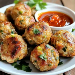 - 1 lb ground chicken - 1/2 cup breadcrumbs - 1/4 cup finely chopped fresh cilantro - 2 tablespoons green onions, finely chopped - 1 tablespoon fish sauce - 1 tablespoon soy sauce - 1 tablespoon minced ginger - 2 cloves garlic, minced - 1 teaspoon red curry paste - 1 tablespoon lime juice - 1/2 teaspoon salt - 1/2 teaspoon black pepper For these Thai baked chicken meatballs, you need fresh, simple ingredients. Ground chicken is the star here. It gives a great base for flavor. Breadcrumbs help bind the meatballs together. Fresh cilantro adds a bright taste. Green onions bring a mild onion flavor that lifts the dish. Fish sauce and soy sauce bring umami depth. Minced ginger and garlic add warmth and spice. Red curry paste gives a hint of heat and a lot of flavor. Lime juice adds zing and brightens all the tastes. Lastly, salt and black pepper enhance the overall flavor. - Sriracha - Sweet chili sauce For dipping, you can use Sriracha for heat. Sweet chili sauce adds sweetness and a little spice. Both sauces pair well with the meatballs, making them even more enjoyable. {{ingredient_image_1}} - Preheat your oven to 400°F (200°C). - Line a baking sheet with parchment paper. - In a large mixing bowl, combine: - 1 lb ground chicken - 1/2 cup breadcrumbs - 1/4 cup finely chopped fresh cilantro - 2 tablespoons finely chopped green onions - 1 tablespoon fish sauce - 1 tablespoon soy sauce - 1 tablespoon minced ginger - 2 cloves minced garlic - 1 teaspoon red curry paste - 1 tablespoon lime juice - 1/2 teaspoon salt - 1/2 teaspoon black pepper Mix everything well until fully combined. - Use your hands to shape the mixture into small meatballs. - Make them about 1-inch in diameter. - Place the meatballs on the prepared baking sheet, spacing them about an inch apart. - Bake in the preheated oven for 20-25 minutes. - Check for doneness; they should be cooked through and slightly golden. - Remove the meatballs from the oven and let them cool for a few minutes. - Serve with Sriracha or sweet chili sauce for dipping. To make the best Thai baked chicken meatballs, start with the right texture. Mix the ground chicken with breadcrumbs until it feels firm but not dry. Using fresh herbs like cilantro adds a bright taste. I love adding minced ginger and garlic for a boost of flavor. You can also try a splash of lime juice for extra zest. For extra flavor, consider adding a touch more red curry paste. This gives the meatballs a warm kick. If you want a hint of sweetness, mix in a little more fish sauce or soy sauce. This will help balance the bold flavors. These meatballs shine with simple side dishes. I recommend pairing them with jasmine rice or a fresh green salad. You can also serve them with steamed veggies for color and crunch. For presentation, make a colorful platter. Arrange the meatballs neatly and add a small bowl of Sriracha or sweet chili sauce for dipping. A sprinkle of fresh cilantro on top adds a nice touch. Feel free to swap ingredients to suit your taste. Instead of ground chicken, you can use turkey or even pork. This adds different flavors and textures to your dish. Adjust the spice level to your liking as well. If you love heat, add more red curry paste or serve with spicy sauce. For a milder taste, reduce the amount of curry paste. Enjoy experimenting! Pro Tips Use Fresh Ingredients: Fresh herbs like cilantro and green onions can significantly enhance the flavor of your meatballs. Try to use them fresh rather than dried for the best taste. Adjust Spice Level: If you prefer a milder flavor, reduce the amount of red curry paste. You can also serve the meatballs with a side of sweet chili sauce for a sweeter dipping option. Keep Them Moist: To ensure your meatballs remain juicy, avoid overmixing the meat mixture and do not bake them for too long. They should be cooked through but not dry. Perfect Pairing: These meatballs pair wonderfully with jasmine rice or a fresh salad. Consider serving them with a side dish to make a complete meal. {{image_2}} You can switch up the meat in this recipe. Turkey works well for a leaner option. Pork meatballs can add a bit more flavor and juiciness. Each protein brings a new taste. For a vegetarian option, use chickpeas or lentils. Mash them up and mix with breadcrumbs and spices. You’ll get a tasty meatball without meat. You can adjust the flavors to suit your taste. Adding fresh herbs like basil or mint can brighten the dish. Try using lemongrass for a zesty kick. For heat, increase the red curry paste. If you prefer mild, use less. You can also serve with spicy sauces like Sriracha. This way, each bite fits your heat level. These meatballs can be great as appetizers. Serve them on toothpicks for easy eating. Pair with dipping sauces like sweet chili sauce. As a main dish, serve them over rice or noodles. Add fresh veggies for color and crunch. You can also toss them in a salad or grain bowl for a healthy meal. Each style brings a new twist to this dish. To store leftover Thai baked chicken meatballs, let them cool first. Place them in an airtight container. You can keep them in the fridge for up to three days. For longer storage, freeze them in a single layer on a baking sheet. After they freeze solid, transfer them to a freezer bag. This way, they won’t stick together. The best way to reheat meatballs is in the oven. Preheat the oven to 350°F (175°C). Place the meatballs on a baking sheet and heat for about 10-15 minutes. You can also use the microwave, but be careful. Heat them in short bursts of 30 seconds. Check if they are warm throughout. In the fridge, these meatballs last about three days. If you freeze them, they can stay good for up to three months. Always label your containers with the date. This helps you keep track of freshness. Yes, you can use ground chicken breast. It will be leaner and less juicy. Thighs add flavor and moisture. If you use breast, consider adding a bit more fat. You might use some oil or egg to keep them moist. Check for a golden color on the outside. Use a meat thermometer to be sure. The internal temperature should reach 165°F (75°C). If you cut one open, it should not be pink inside. Absolutely! You can prepare them up to a day ahead. Store them in the fridge before baking. You can also freeze them before or after cooking. Just thaw them in the fridge before reheating. You can use soy sauce as a substitute. It adds umami flavor too. If you want a fishy taste, try using Worcestershire sauce. You can also mix soy sauce with a bit of lime juice for a fresh twist. Yes, if you use gluten-free breadcrumbs. The other ingredients are naturally gluten-free. Just check the labels to be sure. This way, everyone can enjoy these tasty meatballs. These meatballs are simple to make and pack a lot of flavor. You learned about the key ingredients, steps for preparation, and ways to customize. Great meatballs come from good techniques and tasty add-ons. Try different proteins or herbs to make them your own. Store leftovers well and reheat for later enjoyment. These tips will help you create a dish your friends and family will love. Enjoy your cooking journey!