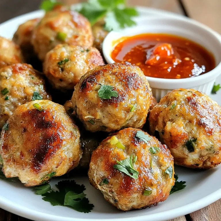 - 1 lb ground chicken - 1/2 cup breadcrumbs - 1/4 cup finely chopped fresh cilantro - 2 tablespoons green onions, finely chopped - 1 tablespoon fish sauce - 1 tablespoon soy sauce - 1 tablespoon minced ginger - 2 cloves garlic, minced - 1 teaspoon red curry paste - 1 tablespoon lime juice - 1/2 teaspoon salt - 1/2 teaspoon black pepper For these Thai baked chicken meatballs, you need fresh, simple ingredients. Ground chicken is the star here. It gives a great base for flavor. Breadcrumbs help bind the meatballs together. Fresh cilantro adds a bright taste. Green onions bring a mild onion flavor that lifts the dish. Fish sauce and soy sauce bring umami depth. Minced ginger and garlic add warmth and spice. Red curry paste gives a hint of heat and a lot of flavor. Lime juice adds zing and brightens all the tastes. Lastly, salt and black pepper enhance the overall flavor. - Sriracha - Sweet chili sauce For dipping, you can use Sriracha for heat. Sweet chili sauce adds sweetness and a little spice. Both sauces pair well with the meatballs, making them even more enjoyable. {{ingredient_image_1}} - Preheat your oven to 400°F (200°C). - Line a baking sheet with parchment paper. - In a large mixing bowl, combine: - 1 lb ground chicken - 1/2 cup breadcrumbs - 1/4 cup finely chopped fresh cilantro - 2 tablespoons finely chopped green onions - 1 tablespoon fish sauce - 1 tablespoon soy sauce - 1 tablespoon minced ginger - 2 cloves minced garlic - 1 teaspoon red curry paste - 1 tablespoon lime juice - 1/2 teaspoon salt - 1/2 teaspoon black pepper Mix everything well until fully combined. - Use your hands to shape the mixture into small meatballs. - Make them about 1-inch in diameter. - Place the meatballs on the prepared baking sheet, spacing them about an inch apart. - Bake in the preheated oven for 20-25 minutes. - Check for doneness; they should be cooked through and slightly golden. - Remove the meatballs from the oven and let them cool for a few minutes. - Serve with Sriracha or sweet chili sauce for dipping. To make the best Thai baked chicken meatballs, start with the right texture. Mix the ground chicken with breadcrumbs until it feels firm but not dry. Using fresh herbs like cilantro adds a bright taste. I love adding minced ginger and garlic for a boost of flavor. You can also try a splash of lime juice for extra zest. For extra flavor, consider adding a touch more red curry paste. This gives the meatballs a warm kick. If you want a hint of sweetness, mix in a little more fish sauce or soy sauce. This will help balance the bold flavors. These meatballs shine with simple side dishes. I recommend pairing them with jasmine rice or a fresh green salad. You can also serve them with steamed veggies for color and crunch. For presentation, make a colorful platter. Arrange the meatballs neatly and add a small bowl of Sriracha or sweet chili sauce for dipping. A sprinkle of fresh cilantro on top adds a nice touch. Feel free to swap ingredients to suit your taste. Instead of ground chicken, you can use turkey or even pork. This adds different flavors and textures to your dish. Adjust the spice level to your liking as well. If you love heat, add more red curry paste or serve with spicy sauce. For a milder taste, reduce the amount of curry paste. Enjoy experimenting! Pro Tips Use Fresh Ingredients: Fresh herbs like cilantro and green onions can significantly enhance the flavor of your meatballs. Try to use them fresh rather than dried for the best taste. Adjust Spice Level: If you prefer a milder flavor, reduce the amount of red curry paste. You can also serve the meatballs with a side of sweet chili sauce for a sweeter dipping option. Keep Them Moist: To ensure your meatballs remain juicy, avoid overmixing the meat mixture and do not bake them for too long. They should be cooked through but not dry. Perfect Pairing: These meatballs pair wonderfully with jasmine rice or a fresh salad. Consider serving them with a side dish to make a complete meal. {{image_2}} You can switch up the meat in this recipe. Turkey works well for a leaner option. Pork meatballs can add a bit more flavor and juiciness. Each protein brings a new taste. For a vegetarian option, use chickpeas or lentils. Mash them up and mix with breadcrumbs and spices. You’ll get a tasty meatball without meat. You can adjust the flavors to suit your taste. Adding fresh herbs like basil or mint can brighten the dish. Try using lemongrass for a zesty kick. For heat, increase the red curry paste. If you prefer mild, use less. You can also serve with spicy sauces like Sriracha. This way, each bite fits your heat level. These meatballs can be great as appetizers. Serve them on toothpicks for easy eating. Pair with dipping sauces like sweet chili sauce. As a main dish, serve them over rice or noodles. Add fresh veggies for color and crunch. You can also toss them in a salad or grain bowl for a healthy meal. Each style brings a new twist to this dish. To store leftover Thai baked chicken meatballs, let them cool first. Place them in an airtight container. You can keep them in the fridge for up to three days. For longer storage, freeze them in a single layer on a baking sheet. After they freeze solid, transfer them to a freezer bag. This way, they won’t stick together. The best way to reheat meatballs is in the oven. Preheat the oven to 350°F (175°C). Place the meatballs on a baking sheet and heat for about 10-15 minutes. You can also use the microwave, but be careful. Heat them in short bursts of 30 seconds. Check if they are warm throughout. In the fridge, these meatballs last about three days. If you freeze them, they can stay good for up to three months. Always label your containers with the date. This helps you keep track of freshness. Yes, you can use ground chicken breast. It will be leaner and less juicy. Thighs add flavor and moisture. If you use breast, consider adding a bit more fat. You might use some oil or egg to keep them moist. Check for a golden color on the outside. Use a meat thermometer to be sure. The internal temperature should reach 165°F (75°C). If you cut one open, it should not be pink inside. Absolutely! You can prepare them up to a day ahead. Store them in the fridge before baking. You can also freeze them before or after cooking. Just thaw them in the fridge before reheating. You can use soy sauce as a substitute. It adds umami flavor too. If you want a fishy taste, try using Worcestershire sauce. You can also mix soy sauce with a bit of lime juice for a fresh twist. Yes, if you use gluten-free breadcrumbs. The other ingredients are naturally gluten-free. Just check the labels to be sure. This way, everyone can enjoy these tasty meatballs. These meatballs are simple to make and pack a lot of flavor. You learned about the key ingredients, steps for preparation, and ways to customize. Great meatballs come from good techniques and tasty add-ons. Try different proteins or herbs to make them your own. Store leftovers well and reheat for later enjoyment. These tips will help you create a dish your friends and family will love. Enjoy your cooking journey!