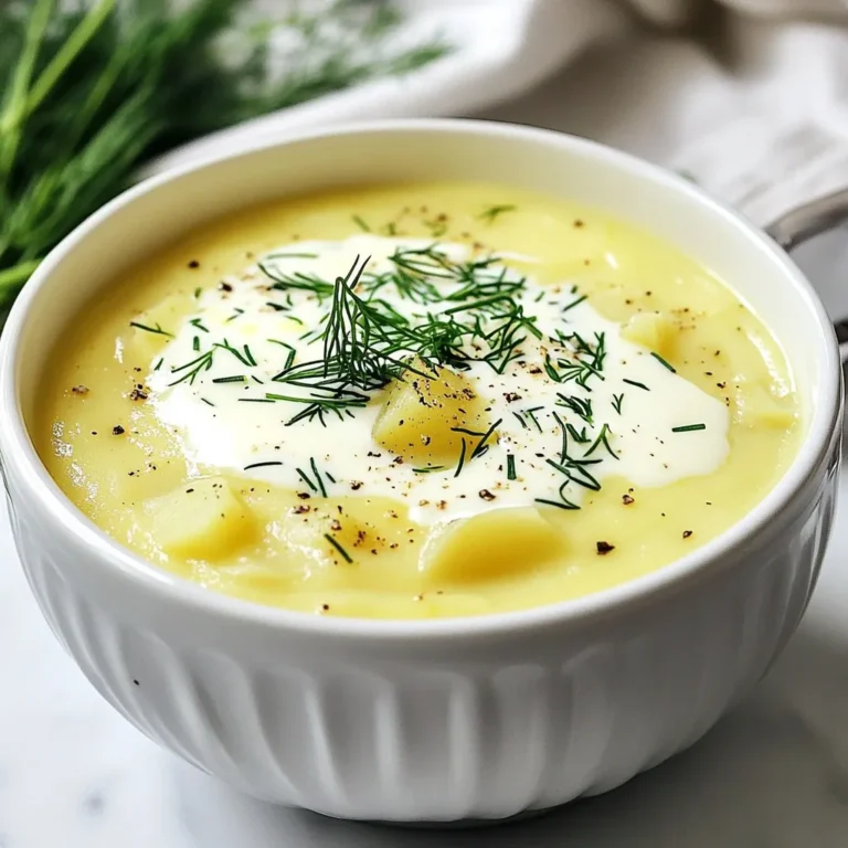 To make Polish potato soup, you'll need some key ingredients that create its rich and creamy flavor: - 4 medium russet potatoes, peeled and diced - 1 large yellow onion, finely chopped - 2 cloves garlic, minced - 4 cups vegetable broth, for a hearty base - 1 cup heavy cream, to make it smooth - 1 teaspoon dried marjoram, for herbal notes - 2 tablespoons olive oil, to sauté the veggies - Salt and pepper to taste, for seasoning - Fresh dill or chives for garnish, adding color and taste Each ingredient plays an important role in the soup's overall flavor and texture. The russet potatoes give it a creamy base when blended. The onion and garlic add a wonderful aroma and depth. The vegetable broth keeps it light yet flavorful. Heavy cream makes it indulgent, while marjoram brings a touch of earthiness. For garnish, fresh dill or chives not only look great but also enhance the dish with fresh flavors. This mix of ingredients guarantees a comforting bowl of Polish potato soup that warms you from the inside out. {{ingredient_image_1}} 1. Start by heating 2 tablespoons of olive oil in a large pot over medium heat. 2. Next, add 1 large chopped yellow onion to the pot. Sauté it for about 5 minutes. The onion should turn translucent and soft. 3. Now, stir in 2 minced garlic cloves. Sauté for another minute until the garlic smells good. 4. Add 4 peeled and diced medium russet potatoes to the pot. Mix them well with the onions and garlic. 5. Pour in 4 cups of vegetable broth and add 1 teaspoon of dried marjoram. Bring this mix to a boil. 6. Reduce the heat to low and let it simmer for 20 to 25 minutes. Check if the potatoes are tender. 1. Once the potatoes are soft, use an immersion blender to puree the soup. If you want some chunks, blend only half of it and mix it back. 2. Stir in 1 cup of heavy cream. Now season with salt and pepper to taste. 3. Let the soup simmer for another 5 minutes. This helps all the flavors blend together. 4. Serve the soup hot. You can garnish it with fresh dill or chives for extra flavor and color. - To sauté vegetables perfectly, use medium heat. Add olive oil to your pot. Then add finely chopped onions. Cook until they look clear, about five minutes. Next, add minced garlic and cook for one more minute. - For pureeing soups, an immersion blender works best. It lets you blend right in the pot. If you want a chunkier soup, blend half and mix it back in. This gives you a nice texture. - Timing is key for the best texture. Cook your potatoes until they are very soft. This usually takes about 20-25 minutes. Check with a fork; they should break apart easily. - Try adding spices like thyme or paprika for a new twist. These spices add depth and warmth. A sprinkle of cayenne can also give a nice kick. - For garnishes, fresh dill or chives add color and flavor. You can also use crispy bacon bits or a dollop of sour cream. These add a fun texture and taste to your soup. Pro Tips Tip Title: Use Fresh Herbs: Fresh dill or chives add a vibrant flavor and aroma that elevates the soup. Add them just before serving for the best results. Tip Title: Adjust Creaminess: If you prefer a lighter soup, you can substitute half of the heavy cream with low-fat milk or a non-dairy alternative. Tip Title: Blend for Texture: For a unique texture, reserve a cup of diced potatoes before blending. Stir them back into the soup after pureeing. Tip Title: Flavor Boost: Enhance the flavor by adding a splash of white wine or a squeeze of lemon juice right before serving. {{image_2}} You can change the type of potatoes in this soup. Russet potatoes work well, but you can use Yukon Gold or red potatoes too. Each type offers a unique taste and texture. If you want a lighter version, consider using cauliflower instead of potatoes. This option adds a nice twist and reduces carbs. If you need a vegan or dairy-free option, swap out the heavy cream for coconut milk or a cashew cream. Both will give your soup a rich, creamy feel without dairy. You can also skip the heavy cream completely for a lighter soup. Just season it well to keep the flavors strong. Adding proteins can make this soup even heartier. Consider crispy bacon or smoked sausage. Both options add great flavor and texture. Simply cook the meat first, then add it to the soup before serving. This way, the flavors blend nicely. You can also pack in more nutrition by adding vegetables. Carrots, celery, or even spinach work well in this soup. Just chop them small and add them when you add the potatoes. They will cook down and blend beautifully with the other flavors. To keep your Polish potato soup fresh, store it in an airtight container. Let the soup cool to room temperature before sealing it. Place it in the fridge if you plan to eat it within three days. For longer storage, freeze the soup. Use freezer-safe containers and leave some space at the top for expansion. The soup can last up to three months in the freezer. When you’re ready to eat the soup again, reheat it gently. Pour the soup into a pot over low heat. Stir it often to warm it evenly. You can also use a microwave, but be careful to heat it in short bursts. If the soup looks thick, add a splash of broth or cream to keep it creamy. This way, you’ll enjoy a delicious bowl just like the first time! What is the origin of Polish Potato Soup? Polish Potato Soup, known as "Zupa Ziemniaczana," comes from Poland. It has roots in home cooking. Families made this dish from simple, local ingredients. It reflects the hearty and warming nature of Polish cuisine. Can I make it ahead of time? Yes, you can make this soup ahead of time. It stores well in the fridge for three days. Just reheat it gently on the stove. If it thickens, add a bit of broth or water. How do I make it gluten-free? To make this soup gluten-free, use gluten-free vegetable broth. Ensure that all your ingredients, like seasonings, are gluten-free. This way, you can enjoy the soup without worry. What to serve with Polish Potato Soup? I love pairing this soup with a fresh salad. A simple green salad adds crunch and balance. You can also serve it with pickles for a tangy contrast. Best bread pairings for this dish Crusty bread or rye bread works best with this soup. They soak up the creamy goodness. You can also try warm rolls or even garlic bread. Enjoy every bite! You learned how to make Polish Potato Soup from scratch. Start with essential ingredients like potatoes, onion, and garlic. Use the right techniques for sautéing and pureeing to get the best flavor. Feel free to modify the recipe to suit your tastes, and store leftovers properly for later. Remember, this soup is not only tasty but also flexible, making it easy to adapt. Enjoy this comforting dish, and don’t hesitate to get creative with flavors and textures!