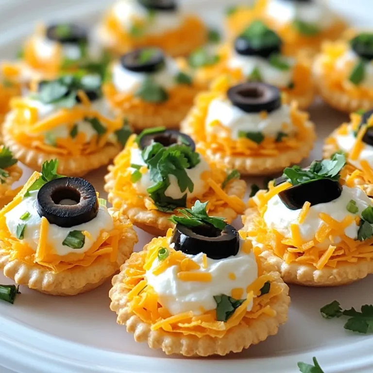 - 1 box of Ritz crackers - 1 cup cream cheese, softened - 1/2 cup salsa - 1/2 cup shredded cheddar cheese - 1/4 cup sliced black olives - 1/4 cup chopped green onions - 1/2 teaspoon garlic powder - 1/2 teaspoon chili powder - Fresh cilantro for garnish These ingredients create a perfect party snack. The Ritz crackers give a nice crunch. The cream cheese adds a creamy base. Salsa brings a burst of flavor. The cheese and olives add saltiness. Green onions give a fresh bite. Garlic and chili powder add depth. Want to mix things up? Try these optional ingredients: - Diced tomatoes for extra freshness - Jalapeños for heat - Sour cream for added creaminess - Avocado slices for a rich texture - Different cheeses like pepper jack or feta These options let you customize the bites. You can make them spicy or keep them mild. Use what you love! For the best flavor, choose quality brands. Here are my favorites: - Ritz for the crackers, of course! - Philadelphia for cream cheese, it’s rich and creamy. - Pace for salsa, it has great taste. - Kraft for shredded cheddar, it melts well. Using good brands makes a big difference. The flavors blend better and taste fresher. Trust me, your guests will notice! {{ingredient_image_1}} Start by gathering your ingredients. You need Ritz crackers, cream cheese, salsa, and more. In a bowl, mix the softened cream cheese, salsa, garlic powder, and chili powder. Stir until it’s smooth and creamy. This mixture is the star of your snack. Grab a Ritz cracker and spread a generous tablespoon of the cream cheese mix on top. Don’t be shy; a thick layer works best! Next, sprinkle shredded cheddar cheese over the cream cheese. Then, add a few slices of black olives and some chopped green onions. Top it all with another Ritz cracker to make a tasty sandwich. Repeat this for all your crackers. To mix well, use a sturdy spoon or spatula. Make sure the cream cheese is soft enough to blend easily. When spreading, use the back of a spoon for smoothness. This helps create an even layer on the cracker. If your mix is too thick, add a touch more salsa to loosen it up. Enjoy your creation! To make your Ritz Cracker Fiesta Bites stand out, use a bright platter. Choose one that contrasts with the bites' colors. Arrange the bites in a circle or a fun pattern. Add small bowls of salsa and fresh cilantro on the side. This adds color and makes it easy for guests to grab more. These bites taste great on their own, but dips can enhance the flavors. Serve with extra salsa, guacamole, or sour cream. You can also try a spicy ranch dip for an extra kick. Place the dips in small bowls near the bites. This way, guests can mix and match as they like. You can make these bites ahead of time, which is a huge help for parties. Prepare the cream cheese mixture and store it in the fridge. Spread it on the crackers just before serving. This keeps the crackers crisp. If you need to assemble them earlier, cover the bites with plastic wrap. Store in the fridge for up to two hours before serving. Pro Tips Use Room Temperature Cream Cheese: Make sure your cream cheese is softened to room temperature for easier mixing and spreading. Customize Your Salsa: Feel free to use your favorite salsa, whether it’s mild, medium, or hot, to cater to your taste preferences. Experiment with Toppings: Add other toppings like diced tomatoes, jalapeños, or avocado for a unique twist on these bites. Make Ahead: Prepare the cream cheese mixture a day in advance and store it in the fridge to save time during your event. {{image_2}} If you have dietary needs, you can easily adapt this recipe. Use low-fat cream cheese for a lighter option. Vegan cream cheese works well, too. You can swap regular salsa for a mild or spicy version. For gluten-free eaters, try gluten-free crackers. These changes keep the taste strong and fun. Want to add some zing? Try mixing in a few extras to the cream cheese. Add chopped jalapeños for heat. You can also stir in some ranch seasoning for a creamy, tangy taste. For a sweet twist, mix in a spoonful of honey or fig jam. This can give your snacks a unique flair. While cheddar cheese is great, you can explore other cheeses. Creamy goat cheese adds a rich flavor. Try feta for a saltier bite. You can also use hummus as a spread for a healthy twist. Just remember to keep the flavors balanced with your toppings! To keep your Ritz Cracker Fiesta Bites fresh, store them in an airtight container. This helps prevent the crackers from getting soggy. Place a layer of parchment paper between the layers if you stack them. This keeps toppings intact. Always refrigerate leftovers to maintain taste and texture. When stored properly, these snacks last about three days in the fridge. After that, the crackers may lose their crunch. If you notice any change in smell or texture, it’s best to toss them. Fresh is always best with these tasty bites! You can freeze the assembled bites for later. Wrap each one in plastic wrap or place them in a freezer bag. They can last up to one month in the freezer. To enjoy, thaw them in the fridge overnight. Avoid refreezing once thawed, as this can change the texture. Yes, you can use different crackers. While Ritz crackers work great, you can try others like Wheat Thins or Triscuit. Each cracker has a unique taste. This can change the flavor of your snack. Experiment with gluten-free options if needed. Just make sure they can hold the toppings well. Pair these bites with fun dips. Salsa is a classic choice. Guacamole adds a creamy twist. Hummus also works well for a different flavor. You can serve fresh veggies on the side. Carrot sticks or cucumber slices add crunch. If you want sweetness, fruit platters are nice too. To make this recipe vegetarian, skip the meat toppings. Use more veggies like bell peppers or spinach. You can also add more cheese for extra flavor. Try using a variety of cheeses like feta or goat cheese. Just swap out any non-vegetarian items you may want. This way, everyone can enjoy your snacks! This blog post outlined key ingredients, step-by-step instructions, and useful tips for making Ritz cracker snacks. I shared ideas for variations, storage practices, and answered common questions. You now have all the tools to create a tasty snack. Try new flavors and enjoy them with friends. Your snack game just got better!