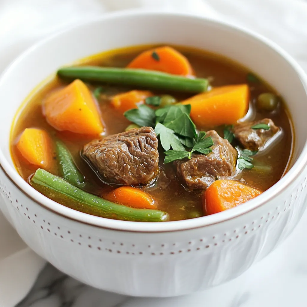 To make Cozy Vegetable Beef Soup, gather these key ingredients: - 1 lb (450g) beef chuck, cut into 1-inch cubes - 2 tablespoons olive oil - 1 onion, diced - 2 garlic cloves, minced - 3 carrots, sliced - 2 celery stalks, chopped - 1 red bell pepper, diced - 2 medium tomatoes, diced - 4 cups beef broth - 2 cups water - 1 cup green beans, trimmed and cut into 1-inch pieces - 1 teaspoon dried oregano - 1 teaspoon dried thyme - Salt and pepper to taste - Fresh parsley, chopped (for garnish) You can add your own twist to the soup with these optional ingredients: - Potatoes, diced for extra heartiness - Peas, for a pop of color - Corn, for sweetness - Spinach or kale, for added nutrition These ingredients let you make the soup your own. Feel free to mix and match based on what you love! If you have dietary needs, try these substitutions: - Use chicken or turkey instead of beef for a lighter option. - Replace beef broth with vegetable broth for a vegetarian version. - Use olive oil with coconut oil for a different flavor profile. These swaps keep the soup delicious while meeting your needs. Enjoy your cooking adventure! {{ingredient_image_1}} To make Cozy Vegetable Beef Soup, start by gathering your ingredients. You need: - 1 lb beef chuck, cut into 1-inch cubes - 2 tablespoons olive oil - 1 onion, diced - 2 garlic cloves, minced - 3 carrots, sliced - 2 celery stalks, chopped - 1 red bell pepper, diced - 2 medium tomatoes, diced - 4 cups beef broth - 2 cups water - 1 cup green beans, trimmed and cut into 1-inch pieces - 1 teaspoon dried oregano - 1 teaspoon dried thyme - Salt and pepper to taste - Fresh parsley, chopped (for garnish) Make sure you have everything ready. This will make cooking easier. 1. Heat the olive oil in a large pot over medium-high heat. 2. Add the beef cubes. Sear them until browned on all sides, about 5-7 minutes. Remove the beef and set it aside. 3. In the same pot, add the diced onion and minced garlic. Sauté them until soft and fragrant, about 2-3 minutes. 4. Stir in the sliced carrots, chopped celery, and diced red bell pepper. Cook these for another 5 minutes until they are slightly tender. 5. Return the seared beef to the pot. Add in the diced tomatoes, beef broth, and water. 6. Season the pot with dried oregano, thyme, salt, and pepper. Bring it to a boil, then reduce the heat to low. Let it simmer for 1 hour. 7. After an hour, add the green beans. Continue to simmer for an additional 20-30 minutes, or until the beef is tender. Once your soup is ready, taste it. Adjust the seasoning if needed. Serve the soup hot and garnish with fresh parsley. This adds a nice touch and a pop of color. Enjoy your cozy meal! To get a great flavor, start with a hot pot. Heat olive oil over medium-high heat. When the oil shimmers, add the beef cubes. Don’t crowd the pot; this helps them brown well. Sear each side for about 5-7 minutes until they’re brown. This step is key for flavor. Once browned, remove the beef and set it aside. Adding the right herbs and spices lifts the soup's taste. Use dried oregano and thyme for a warm flavor. Don’t forget salt and pepper! They help bring out the natural taste of the beef and veggies. You can also add bay leaves for more depth. As the soup simmers, the flavors meld together, creating a rich taste. Always taste the soup before serving. Adjust the seasoning if needed. Serve the soup hot in big bowls. I like to top it with fresh parsley for color and taste. Pair it with crusty bread or a salad for a complete meal. A sprinkle of grated cheese can also add a nice touch. Enjoy it with family or friends, and you’ll feel the cozy warmth in every bite! Pro Tips Choose the Right Cut: For the best flavor and tenderness, use beef chuck, as it becomes incredibly tender during the long cooking process. Don't Rush the Searing: Allow the beef to sear properly in the pot before adding other ingredients; this builds a rich, deep flavor base for your soup. Customize Your Vegetables: Feel free to add or substitute your favorite vegetables like potatoes or corn to suit your taste. Adjust Seasoning to Taste: Taste the soup towards the end of cooking and adjust the seasoning as necessary for a perfectly balanced flavor. {{image_2}} You can easily make this soup vegetarian or vegan. Instead of beef, use hearty vegetables like mushrooms or lentils. For broth, swap beef broth for vegetable broth. You can add tofu for protein. Use the same cooking method, and enjoy a rich, flavorful soup. If you're not a fan of beef, consider chicken or turkey. Both will work well in this soup. Cut the meat into cubes, just like the beef. You can use any leftover meat too; it adds great flavor. Just remember to adjust cooking time for quicker-cooking meats. This soup is perfect for using seasonal veggies. In the fall, add butternut squash or sweet potatoes. In the summer, try zucchini or corn. Fresh herbs like basil or dill can add bright flavor too. Adjust the soup based on what's fresh and in season for the best taste. To store leftover Cozy Vegetable Beef Soup, let it cool first. Pour the soup into airtight containers. Ensure you leave some space at the top to allow for expansion. Seal the containers tightly and place them in the fridge. The soup stays good for about three to four days. Always check for any off smells before eating. For long-term storage, freezing is the best option. Use freezer-safe containers or heavy-duty plastic bags. Divide the soup into portions for easy thawing. Label each container with the date and contents. You can freeze the soup for up to three months. When you’re ready to eat, let it thaw in the fridge overnight before reheating. To reheat your soup, pour it into a pot over medium heat. Stir it often to ensure even heating. If the soup is too thick, add a splash of water or broth. Heat until it’s hot, but don’t let it boil. For microwave reheating, use a microwave-safe bowl. Heat in short intervals, stirring in between to avoid hot spots. Enjoy your warm, hearty soup! You can store Cozy Vegetable Beef Soup in the fridge for about 3 to 4 days. Make sure to let it cool down first. Use an airtight container to keep it fresh. This helps keep the flavors intact. If you want to enjoy it later, freeze it. It can last up to 3 months in the freezer. When ready to eat, just thaw it overnight in the fridge before reheating. Yes, you can make this soup in a slow cooker! Start by searing the beef in a pan. This step adds great flavor. After that, add the beef and other ingredients to the slow cooker. Set it on low for about 6 to 8 hours or high for 3 to 4 hours. The slow cooker will make the beef very tender and the flavors will blend well. Cozy Vegetable Beef Soup pairs well with many sides. You can serve it with crusty bread for dipping. A simple green salad adds freshness. Rice or noodles can also make it heartier. If you want something sweet, try some fruit or a light dessert afterward. Enjoy your meal with a warm beverage, like tea or coffee, to complete the experience. This blog post covers everything you need for Cozy Vegetable Beef Soup. We explored the essential ingredients and options to suit your taste. I shared step-by-step instructions for easy cooking and added tips to enhance flavor. We also discussed delicious variations, storage methods, and answered common questions. In summary, this soup is hearty, versatile, and perfect for any season. Enjoy your cooking and savor each warm bowl!