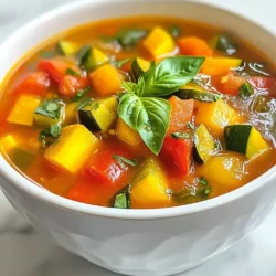 This soup shines with fresh vegetables. Here are the main ones you need: - 1 medium eggplant, diced - 2 medium zucchinis, diced - 1 bell pepper (any color), diced - 1 large onion, chopped - 3 cloves garlic, minced - 4 medium tomatoes, chopped (or 1 can diced tomatoes) These veggies bring color and taste. The eggplant adds a soft texture. Zucchini gives a light crunch. The bell pepper and tomatoes add sweetness. Onions and garlic create a strong base for flavor. Herbs and seasonings make this soup special. Use these: - 1 teaspoon dried basil - 1 teaspoon dried oregano - ½ teaspoon thyme - Salt and pepper to taste Basil gives a nice green note. Oregano adds warmth. Thyme brings a hint of earthiness. Salt and pepper balance the flavors. A few more items round out your soup: - 4 cups vegetable broth - 2 tablespoons olive oil - Fresh basil leaves for garnish Vegetable broth forms the soup's heart. Olive oil helps cook the veggies and adds richness. Fresh basil leaves make a lovely garnish. They add a fresh burst of flavor when you serve the soup. These ingredients together create a delicious, comforting bowl of Ratatouille Soup. Enjoy making it! {{ingredient_image_1}} Start by gathering your fresh vegetables. You will need: - 1 medium eggplant, diced - 2 medium zucchinis, diced - 1 bell pepper, diced - 1 large onion, chopped - 3 cloves garlic, minced - 4 medium tomatoes, chopped Dice the eggplant, zucchinis, and bell pepper. Chop the onion and garlic. If you use fresh tomatoes, chop them too. This step is key. Fresh veggies give the soup its bright flavor. Next, heat 2 tablespoons of olive oil in a large pot over medium heat. Add the chopped onion. Sauté for about 5 minutes until it turns translucent. This adds sweetness. Then, add the minced garlic and sauté for another minute. You want the garlic to smell good but not burn. Now, toss in the diced eggplant. Cook it for about 5 minutes. Stir it occasionally so it doesn’t stick. After that, add the zucchini, bell pepper, and chopped tomatoes. Stir it all together and let it cook for another 5 minutes. This lets the flavors mix well. Pour in 4 cups of vegetable broth. Add 1 teaspoon of dried basil, 1 teaspoon of dried oregano, and ½ teaspoon of thyme. Don’t forget to add salt and pepper to taste. Bring the mixture to a boil. This step builds the base of your soup. Once it boils, lower the heat. Let the soup simmer for 20-25 minutes. This makes all the vegetables tender. The longer it simmers, the better the flavor becomes. Stir occasionally to keep everything well blended. If you want a smooth texture, blend the soup. Use an immersion blender for ease. Blend until you reach your desired consistency. If you use a standard blender, do this in batches. Be careful with hot liquids! Ladle the soup into bowls. For a fresh touch, garnish with basil leaves. This adds a pop of color and a hint of flavor. Enjoy your delicious Ratatouille Soup! To get the best flavor in your Ratatouille Soup, choose fresh vegetables. Look for bright colors and firm textures. I like to use ripe tomatoes for their natural sweetness. Fresh herbs are key, too. Basil, oregano, and thyme bring out the taste of the veggies. Don’t skip the garlic; it adds depth and warmth. Sauté the onion and garlic until they are soft. This step builds a strong flavor base for your soup. Texture matters in this soup. I prefer a chunky style, so I don’t blend it fully. If you like smooth soup, use an immersion blender. Blend until you reach your desired consistency. Cooking the eggplant until soft helps it melt into the soup. Make sure to cut all vegetables into similar sizes. This way, they cook evenly. If you want a bit of crunch, add zucchini later in the cooking process. Serve your Ratatouille Soup hot. Ladle it into bowls and top with fresh basil leaves. A drizzle of extra virgin olive oil adds richness. Pair the soup with crusty bread for dipping. You can also serve it with a simple salad. This soup tastes even better the next day, so enjoy leftovers for lunch! Pro Tips Choose Fresh Vegetables: Select firm, vibrant vegetables for the best flavor and texture. Fresh produce will enhance the overall taste of your soup. Adjust Consistency: If you prefer a chunkier soup, skip the blending step. For a creamier texture, blend until smooth or to your desired consistency. Herb Variations: Feel free to experiment with other herbs like rosemary or parsley for a different flavor profile that suits your taste. Make Ahead: This soup tastes even better the next day! Prepare it in advance and store it in the refrigerator for an easy meal later. {{image_2}} To make Ratatouille Soup heartier, I often add protein. You can use cooked chicken, shrimp, or beans. For chicken, add shredded rotisserie for easy preparation. If you prefer seafood, toss in shrimp during the last few minutes of cooking. For a plant-based option, use lentils or chickpeas. These add great texture and nutrition. If you like heat, consider adding spice. You can include a dash of red pepper flakes or a chopped jalapeño. Stir these in with the onions to let the flavors develop. For more depth, add a splash of hot sauce before serving. This gives your soup a nice kick without overpowering it. Ratatouille Soup is great for vegetarian and vegan diets. The recipe is already meat-free. Just ensure your broth is vegetable-based. To boost the flavor, add nutritional yeast for a cheesy taste. You can also top with avocado slices for creaminess. Fresh herbs like parsley or cilantro add brightness too. After enjoying your Ratatouille Soup, you may have some left. Store the soup in an airtight container. Let it cool to room temperature first. Place it in the fridge and it will stay fresh for up to three days. Label the container with the date, so you know when to eat it. If you want to save some for later, freezing is a great option. Use freezer-safe containers or bags. Leave some space at the top for expansion when it freezes. The soup can last in the freezer for up to three months. When ready to eat, thaw it in the fridge overnight. Reheating is simple. You can use a pot on the stove or the microwave. If using the stove, heat over medium heat. Stir often to make sure it warms evenly. If using the microwave, use a microwave-safe bowl. Heat in short bursts and stir in between. This helps the soup heat evenly. Enjoy your comforting bowl of Ratatouille Soup! You can use zucchini or bell peppers instead of eggplant. Both options add texture and flavor. If you want a different taste, try using mushrooms. They add a nice earthy flavor too. Yes, you can! Making it ahead of time is a great idea. The flavors blend well when stored. Just keep it in the fridge for up to three days. You can also freeze it for later use. Add more vegetables like spinach or kale for extra nutrients. You can also toss in beans for protein and fiber. A sprinkle of nutritional yeast adds vitamins and a cheesy flavor. Ratatouille comes from southern France. It started as a way to use fresh summer veggies. The soup version makes it heartier and easier to enjoy. It reflects the rustic charm of French cooking. Yes, you can use canned vegetables! They save time and still taste good. Look for low-sodium options to keep it healthy. Just drain and rinse them before adding to the soup. Ratatouille soup combines fresh veggies, herbs, and spices for a delightful dish. You learned step-by-step how to prepare, cook, and serve it perfectly. Consider adding protein or making it spicy for a twist. Proper storage ensures you enjoy leftovers later. With these tips, you can make a tasty and healthy meal anytime. Dive into your cooking adventure!
