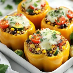 For these veggie stuffed bell peppers, you need simple and fresh items. Here’s what you will need: - 4 large bell peppers (any color) - 1 cup quinoa, rinsed - 2 cups vegetable broth - 1 can (15 oz) black beans, drained and rinsed - 1 cup corn (fresh, canned, or frozen) - 1 medium zucchini, diced - 1 cup cherry tomatoes, halved - 1 teaspoon ground cumin - 1 teaspoon chili powder - Salt and pepper to taste - 1 cup shredded cheese (cheddar or a vegan alternative) - Fresh cilantro or parsley for garnish These ingredients come together to create a colorful and tasty dish. You can add some fun touches to your stuffed peppers. Here are some ideas: - Avocado slices for creaminess - Sour cream or yogurt for richness - A squeeze of lime for brightness - Hot sauce for a spicy kick These extras can take your dish to the next level. Veggie stuffed bell peppers are not just tasty; they are also good for you. Here’s a quick look at the nutrition: - High in fiber from quinoa and beans - Packed with vitamins from the veggies - Good protein source from black beans - Low in calories, making it a great meal choice This dish supports a healthy diet while being delicious. {{ingredient_image_1}} Start by preheating your oven to 375°F (190°C). Take four large bell peppers and cut off the tops. Remove the seeds and membranes inside. This helps the peppers cook evenly. Brush the outside with a little olive oil. Place them upright in a baking dish. This keeps them stable while they bake. In a medium pot, bring two cups of vegetable broth to a boil. Add one cup of rinsed quinoa to the pot. Cover it and lower the heat. Let it simmer for about 15 minutes. The quinoa will become fluffy and absorb the liquid. This adds a nice texture and flavor to your filling. In a large mixing bowl, combine the fluffy quinoa, one can of drained black beans, and one cup of corn. Add one diced zucchini and one cup of halved cherry tomatoes. Sprinkle in one teaspoon of ground cumin and one teaspoon of chili powder. Season with salt and pepper to taste. Mix everything together until it is well combined. This filling is packed with nutrients and tastes great! To make your stuffed peppers truly shine, choose ripe and vibrant bell peppers. The colors add joy to your plate. Cut off the tops and clean out the seeds. This helps the peppers hold their shape and the filling stays inside. Lightly brush the outside with olive oil. This adds flavor and helps with browning. Bake them until just tender but not mushy. This keeps them firm and tasty. If you want to skip dairy, there are great cheese alternatives. Look for plant-based cheeses made from nuts or soy. Nutritional yeast is also a fantastic choice. It adds a cheesy flavor without the dairy. You can sprinkle it on top before baking. This keeps your dish creamy and delicious while keeping it vegetarian. To ensure even cooking, cover your baking dish with foil at first. This traps heat and steam, cooking the peppers through. Remove the foil for the last 10-15 minutes. This lets the cheese get bubbly and golden. Also, make sure your oven is preheated. This helps the cooking process start strong. Rotate the dish halfway through cooking for even heat. Pro Tips Choose Colorful Peppers: Use a mix of red, yellow, and green bell peppers to create a vibrant dish that is visually appealing and packed with different flavors. Customize the Filling: Feel free to add other vegetables or proteins like diced carrots, mushrooms, or even ground turkey to the quinoa mixture for added texture and nutrition. Make Ahead: Prepare the stuffed peppers a day in advance and store them in the refrigerator. Just bake them right before serving for a convenient meal. Adjust the Spices: If you prefer a spicier kick, add some chopped jalapeños or a sprinkle of cayenne pepper to the quinoa mixture. {{image_2}} You can change up the protein in your veggie stuffed bell peppers. Instead of black beans, try adding chickpeas or lentils. These beans offer protein and fiber. You can also use ground turkey or chicken for a meatier dish. If you want to stick with plant-based options, tempeh or tofu works well too. They soak up flavors and keep the dish healthy. Spices can make a big difference. You can use smoked paprika for a smoky taste. If you like heat, add cayenne pepper or jalapeños. Italian seasoning gives it a nice, herby flavor. Don't forget about garlic powder or onion powder for extra depth. Each spice adds its own flair to your dish. You don't have to bake your stuffed peppers. Try cooking them in an Instant Pot. Just place them on a trivet with a cup of water and cook for 10-12 minutes. You can also grill them for a smoky flavor. Just wrap them in foil and place them on the grill. This method gives the peppers a nice char while keeping the filling warm and tasty. To keep your leftover veggie stuffed bell peppers fresh, place them in an airtight container. Make sure they cool down to room temperature before sealing. Store them in the fridge for up to 3 days. I often use glass containers. They help me see the food inside and reduce waste. When you want to enjoy your leftovers, preheat your oven to 350°F (175°C). Place the stuffed peppers in an oven-safe dish. Add a splash of vegetable broth or a drizzle of olive oil for moisture. Cover with foil and heat for about 20 minutes. You can also microwave them. Just place a pepper on a microwave-safe plate, cover it, and heat for about 2-3 minutes. You can freeze these stuffed peppers for a quick meal later. First, let them cool completely. Then, wrap each pepper tightly in plastic wrap or aluminum foil. Place them in a freezer-safe bag or container. They can last in the freezer for up to 3 months. When you're ready to eat, thaw them in the fridge overnight. Reheat them using the oven or microwave for a tasty meal. Yes, you can make stuffed peppers ahead of time. Prepare them and store them in the fridge. Cover them tightly with foil or plastic wrap. You can stuff the peppers and bake them later. This saves time on busy days. If you cook them first, eat them within three days. If you need a substitute for quinoa, try rice or couscous. Brown rice adds a nutty flavor. White rice cooks faster and is softer. Couscous cooks quickly and gives a different texture. You can also use farro or barley for a chewy bite. Stuffed peppers last about three to four days in the fridge. Store them in a sealed container. If you made them with meat, eat them sooner, within three days. Always check for any signs of spoilage before eating. Veggie stuffed bell peppers are fun to make and eat. We learned about key ingredients, from quinoa to optional garnishes. I shared step-by-step instructions to help you prep, cook, and mix the filling. Tips like cheese swaps and cooking methods added flavor. We covered storage and answered your top questions. Now, get creative with your stuffed peppers and enjoy a delicious meal!