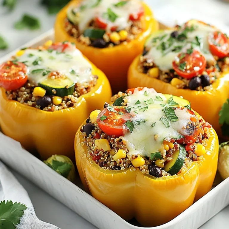 For these veggie stuffed bell peppers, you need simple and fresh items. Here’s what you will need: - 4 large bell peppers (any color) - 1 cup quinoa, rinsed - 2 cups vegetable broth - 1 can (15 oz) black beans, drained and rinsed - 1 cup corn (fresh, canned, or frozen) - 1 medium zucchini, diced - 1 cup cherry tomatoes, halved - 1 teaspoon ground cumin - 1 teaspoon chili powder - Salt and pepper to taste - 1 cup shredded cheese (cheddar or a vegan alternative) - Fresh cilantro or parsley for garnish These ingredients come together to create a colorful and tasty dish. You can add some fun touches to your stuffed peppers. Here are some ideas: - Avocado slices for creaminess - Sour cream or yogurt for richness - A squeeze of lime for brightness - Hot sauce for a spicy kick These extras can take your dish to the next level. Veggie stuffed bell peppers are not just tasty; they are also good for you. Here’s a quick look at the nutrition: - High in fiber from quinoa and beans - Packed with vitamins from the veggies - Good protein source from black beans - Low in calories, making it a great meal choice This dish supports a healthy diet while being delicious. {{ingredient_image_1}} Start by preheating your oven to 375°F (190°C). Take four large bell peppers and cut off the tops. Remove the seeds and membranes inside. This helps the peppers cook evenly. Brush the outside with a little olive oil. Place them upright in a baking dish. This keeps them stable while they bake. In a medium pot, bring two cups of vegetable broth to a boil. Add one cup of rinsed quinoa to the pot. Cover it and lower the heat. Let it simmer for about 15 minutes. The quinoa will become fluffy and absorb the liquid. This adds a nice texture and flavor to your filling. In a large mixing bowl, combine the fluffy quinoa, one can of drained black beans, and one cup of corn. Add one diced zucchini and one cup of halved cherry tomatoes. Sprinkle in one teaspoon of ground cumin and one teaspoon of chili powder. Season with salt and pepper to taste. Mix everything together until it is well combined. This filling is packed with nutrients and tastes great! To make your stuffed peppers truly shine, choose ripe and vibrant bell peppers. The colors add joy to your plate. Cut off the tops and clean out the seeds. This helps the peppers hold their shape and the filling stays inside. Lightly brush the outside with olive oil. This adds flavor and helps with browning. Bake them until just tender but not mushy. This keeps them firm and tasty. If you want to skip dairy, there are great cheese alternatives. Look for plant-based cheeses made from nuts or soy. Nutritional yeast is also a fantastic choice. It adds a cheesy flavor without the dairy. You can sprinkle it on top before baking. This keeps your dish creamy and delicious while keeping it vegetarian. To ensure even cooking, cover your baking dish with foil at first. This traps heat and steam, cooking the peppers through. Remove the foil for the last 10-15 minutes. This lets the cheese get bubbly and golden. Also, make sure your oven is preheated. This helps the cooking process start strong. Rotate the dish halfway through cooking for even heat. Pro Tips Choose Colorful Peppers: Use a mix of red, yellow, and green bell peppers to create a vibrant dish that is visually appealing and packed with different flavors. Customize the Filling: Feel free to add other vegetables or proteins like diced carrots, mushrooms, or even ground turkey to the quinoa mixture for added texture and nutrition. Make Ahead: Prepare the stuffed peppers a day in advance and store them in the refrigerator. Just bake them right before serving for a convenient meal. Adjust the Spices: If you prefer a spicier kick, add some chopped jalapeños or a sprinkle of cayenne pepper to the quinoa mixture. {{image_2}} You can change up the protein in your veggie stuffed bell peppers. Instead of black beans, try adding chickpeas or lentils. These beans offer protein and fiber. You can also use ground turkey or chicken for a meatier dish. If you want to stick with plant-based options, tempeh or tofu works well too. They soak up flavors and keep the dish healthy. Spices can make a big difference. You can use smoked paprika for a smoky taste. If you like heat, add cayenne pepper or jalapeños. Italian seasoning gives it a nice, herby flavor. Don't forget about garlic powder or onion powder for extra depth. Each spice adds its own flair to your dish. You don't have to bake your stuffed peppers. Try cooking them in an Instant Pot. Just place them on a trivet with a cup of water and cook for 10-12 minutes. You can also grill them for a smoky flavor. Just wrap them in foil and place them on the grill. This method gives the peppers a nice char while keeping the filling warm and tasty. To keep your leftover veggie stuffed bell peppers fresh, place them in an airtight container. Make sure they cool down to room temperature before sealing. Store them in the fridge for up to 3 days. I often use glass containers. They help me see the food inside and reduce waste. When you want to enjoy your leftovers, preheat your oven to 350°F (175°C). Place the stuffed peppers in an oven-safe dish. Add a splash of vegetable broth or a drizzle of olive oil for moisture. Cover with foil and heat for about 20 minutes. You can also microwave them. Just place a pepper on a microwave-safe plate, cover it, and heat for about 2-3 minutes. You can freeze these stuffed peppers for a quick meal later. First, let them cool completely. Then, wrap each pepper tightly in plastic wrap or aluminum foil. Place them in a freezer-safe bag or container. They can last in the freezer for up to 3 months. When you're ready to eat, thaw them in the fridge overnight. Reheat them using the oven or microwave for a tasty meal. Yes, you can make stuffed peppers ahead of time. Prepare them and store them in the fridge. Cover them tightly with foil or plastic wrap. You can stuff the peppers and bake them later. This saves time on busy days. If you cook them first, eat them within three days. If you need a substitute for quinoa, try rice or couscous. Brown rice adds a nutty flavor. White rice cooks faster and is softer. Couscous cooks quickly and gives a different texture. You can also use farro or barley for a chewy bite. Stuffed peppers last about three to four days in the fridge. Store them in a sealed container. If you made them with meat, eat them sooner, within three days. Always check for any signs of spoilage before eating. Veggie stuffed bell peppers are fun to make and eat. We learned about key ingredients, from quinoa to optional garnishes. I shared step-by-step instructions to help you prep, cook, and mix the filling. Tips like cheese swaps and cooking methods added flavor. We covered storage and answered your top questions. Now, get creative with your stuffed peppers and enjoy a delicious meal!