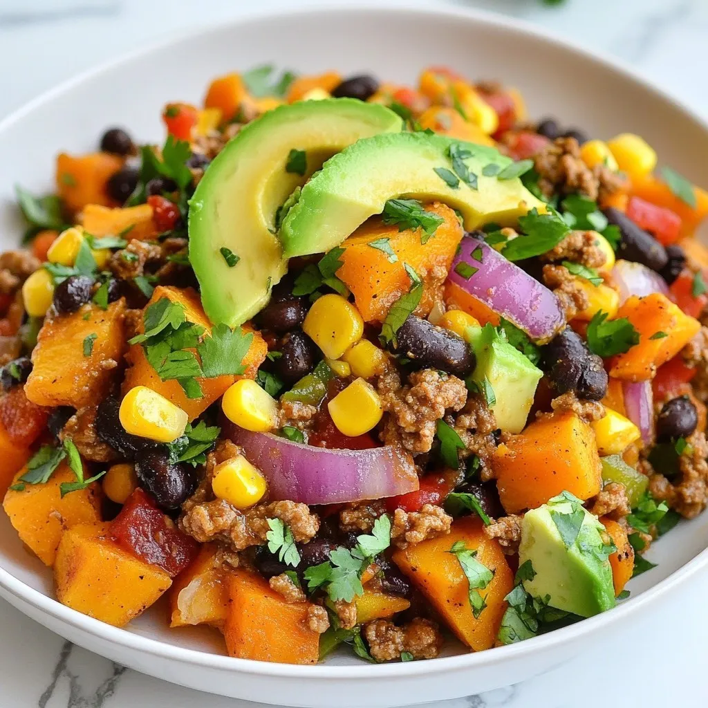 - 1 pound ground beef or ground turkey - 2 medium sweet potatoes, peeled and diced - 1 bell pepper, diced (red or yellow) - 1/2 red onion, finely chopped - 1 tablespoon chili powder - 1 teaspoon cumin - 1 teaspoon smoked paprika - 1/2 teaspoon salt - 1/4 teaspoon black pepper - 2 tablespoons olive oil - 1 can (15 oz) black beans, rinsed and drained - 1 cup corn (frozen or fresh) - Fresh cilantro, chopped (for garnish) - Avocado slices (for serving) The main ingredients make this dish hearty and filling. Ground beef adds protein and flavor. You can use turkey for a lighter option. Sweet potatoes bring natural sweetness and good nutrition. The bell pepper and red onion add crunch and color. Seasonings are key to flavor. Chili powder gives warmth. Cumin adds earthiness. Smoked paprika brings a hint of smoke. Salt and black pepper enhance all the tastes. Additional ingredients round out the meal. Olive oil is perfect for cooking. Black beans add fiber and texture. Corn adds a bit of sweetness. Fresh cilantro and avocado are great for garnishing. They not only look good but also add fresh flavors. Enjoy this easy meal that you can make any night of the week! {{ingredient_image_1}} First, heat 1 tablespoon of olive oil in a large skillet over medium heat. Add the diced sweet potatoes. Cook for 10 to 12 minutes. Stir them occasionally until they are tender. To check for doneness, poke them with a fork. If they slide off easily, they are ready. Once cooked, remove them from the skillet and set them aside. Next, add the remaining tablespoon of olive oil to the same skillet. Toss in the chopped red onion and bell pepper. Sauté for 3 to 5 minutes until they soften. The colors should brighten, and they will smell sweet. Now, add minced garlic and cook for another minute. Garlic adds a great depth of flavor that brightens the dish. Now, it’s time to cook the ground beef. Add it to the skillet and break it up with a spatula. Cook it for about 5 to 7 minutes until it turns brown. Stir often to ensure the beef cooks evenly. If there is extra fat, drain it from the skillet. This keeps the dish from being too greasy. Once the beef is browned, add the sweet potatoes back to the skillet. Then mix in the rinsed black beans, corn, chili powder, cumin, smoked paprika, salt, and black pepper. Stir everything together well. Cook for another 5 minutes. This allows the flavors to meld. You will notice how the spices lift the dish. After cooking, remove the skillet from heat. Garnish with fresh cilantro for a pop of color and flavor. You can also serve it with avocado slices on the side. The creaminess of the avocado balances the spices well. Enjoy your meal! Timing is key for each ingredient to shine. Start with the sweet potatoes. Cook them for 10 to 12 minutes until tender. Stir them often, so they cook evenly. Avoid overcooking them, as they can turn mushy. After cooking, set them aside. This keeps their shape and texture intact. Next, sauté the red onion and bell pepper for 3 to 5 minutes. This step softens them and brings out their sweetness. Add garlic for just one minute. Garlic cooks fast, so watch it closely. Too long can make it bitter. Brown the ground beef for 5 to 7 minutes. Break it apart with a spatula while it cooks. If there’s too much fat, drain it for a leaner dish. To amp up the flavor, consider adding more spices. Try a pinch of cayenne for heat or oregano for extra depth. You can also toss in chopped jalapeños for a spicy kick. Adjust to your taste, especially if you like it hot. Remember to balance flavors by tasting as you go. Adding a squeeze of lime at the end brightens the dish. Fresh herbs, like cilantro, give it a fresh punch. Use them as a garnish for extra flavor when you serve. For this dish, a large skillet is best. Use one that is heavy-bottomed for even heat. Cast iron or non-stick skillets work well. A good spatula is also important for breaking up the meat and mixing everything. You might want a cutting board and a sharp knife for prep. A can opener is handy for your black beans, too. Finally, have some measuring spoons ready for spices. Keeping your tools organized makes cooking smooth and fun. Pro Tips Choose the Right Protein: For a lighter option, substitute ground beef with ground turkey. It will still provide great flavor while reducing calories. Perfectly Cooked Sweet Potatoes: Ensure the sweet potatoes are cut into uniform sizes to cook evenly. You can test tenderness with a fork; they should be easily pierced. Spice it Up: Adjust the spices to your taste. If you like it spicier, consider adding some diced jalapeños or a dash of cayenne pepper. Garnish for Flavor: Fresh cilantro and avocado slices not only add a pop of color but also enhance the overall flavor profile of the dish. {{image_2}} You can swap ground beef with chicken or turkey. Ground turkey is leaner but still tasty. If you choose chicken, use boneless breasts and cut them into small pieces. Cook chicken for about 10-12 minutes until it’s no longer pink. For plant-based options, try crumbled tofu or tempeh. Cook these for about 5-7 minutes to get a nice texture. Feel free to add more vegetables to your skillet. Zucchini, spinach, or even corn can boost the flavor. If you want to add leafy greens like spinach, toss them in during the last minute of cooking. For firmer veggies, like carrots or broccoli, add them earlier to soften them well. Adjust cooking time based on how soft you want your veggies. To make this dish gluten-free, check all labels on your ingredients. Most beans and spices are gluten-free, but always confirm. For a dairy-free version, skip any cheese toppings. To lower carbs, replace sweet potatoes with cauliflower rice. You can also use less corn or beans for a keto-friendly meal. Adjustments like this keep the dish healthy without losing flavor. To keep your Southwest Beef Sweet Potato Skillet fresh, follow these tips: - Allow the dish to cool down before storing. - Use airtight containers to keep out air and moisture. - Store in the fridge for up to four days. When you’re ready to eat leftovers, here’s how to reheat: - Use the stovetop for even heating. - Add a splash of water or broth to keep it moist. - Heat over low to medium heat, stirring often. If you want to save some for later, freezing works well: - Let the skillet cool completely before freezing. - Use freezer-safe containers or bags to avoid freezer burn. - Label the container with the date for reference. When you're ready to eat, thaw in the fridge overnight. Reheat on the stovetop as before. It takes about 40 minutes to make this dish. You will need 15 minutes for prep and 25 minutes to cook. This time frame allows all flavors to blend well. You can serve this skillet with: - Rice or quinoa for added texture - A simple green salad for freshness - Tortilla chips for crunch - Sour cream or Greek yogurt for creaminess Yes, you can prep this dish ahead. Cook the sweet potatoes, beef, and veggies, then store them in the fridge. Reheat them when you are ready to serve. This saves time on busy days. Absolutely! This dish works well for meal prep. You can batch cook it and store portions in airtight containers. Keep it in the fridge for up to four days. Just reheat when you need a quick meal. Yes, you can use other beans. Some good options include: - Pinto beans for a creamier texture - Kidney beans for a firmer bite - Chickpeas for added protein and flavor Feel free to mix and match based on your taste. This blog post covered a tasty Southwest Beef Sweet Potato Skillet. We explored its main ingredients, seasonings, and cooking steps. I shared tips for the best texture and flavor. There are also ways to adapt the dish to fit your needs, like using different proteins or vegetables. Remember, cooking is about making flavors blend. Enjoy trying this dish with your own twists. Happy cooking!