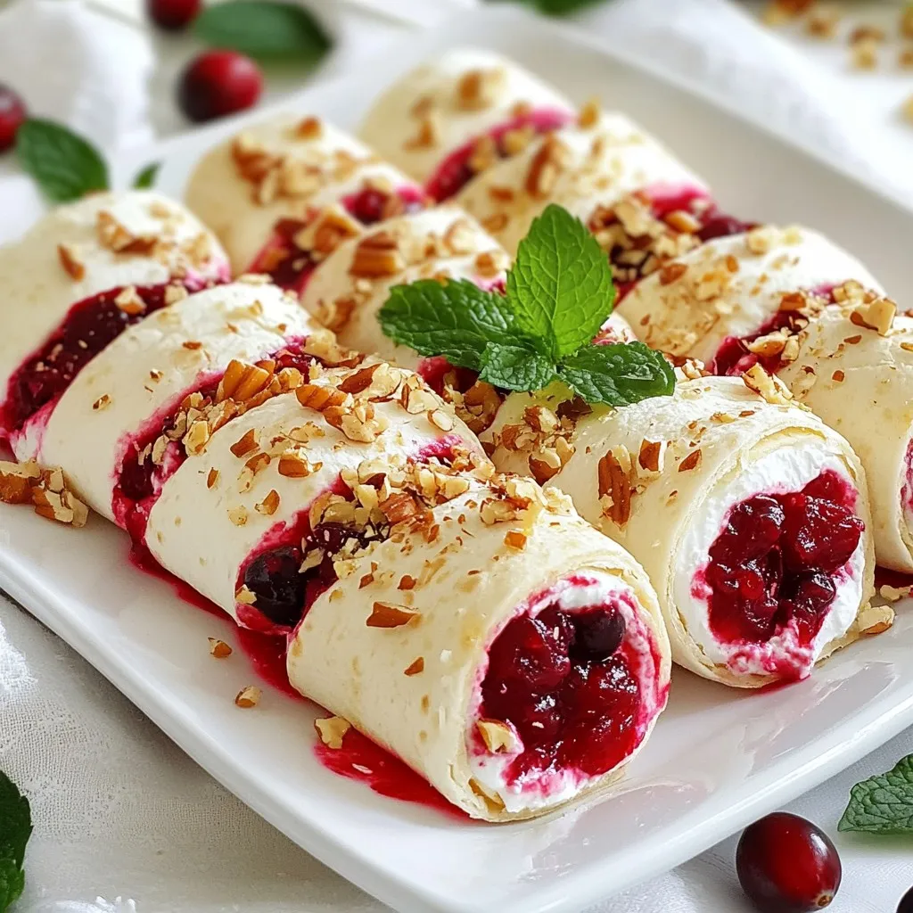 - 1 cup fresh or frozen cranberries - 1/2 cup sugar - 1/2 cup cream cheese, softened - 1/4 cup Greek yogurt - 1/4 teaspoon cinnamon - 1 tablespoon honey - 6 large flour tortillas - 1/2 cup chopped pecans (optional) - Fresh mint leaves for garnish (optional) The key to making Festive Cranberry Roll Ups is using fresh ingredients. You can use fresh or frozen cranberries for great flavor. Sugar balances the tartness of the cranberries. Cream cheese and Greek yogurt create a rich filling that pairs well with the sweet and tangy cranberry mix. The tortillas serve as a soft wrap. You can use any large flour tortillas. They hold the filling well. If you like crunch, add chopped pecans. For a pop of color, fresh mint leaves make a lovely garnish. - Saucepan - Mixing bowl - Spatula - Knife - Platter You will need a saucepan to cook the cranberries and sugar. A mixing bowl is key for blending the cream cheese mixture. A spatula helps with spreading the filling. Use a knife to slice the rolled tortillas. Finally, a platter is perfect to display your delicious roll-ups. This simple list of ingredients and tools makes it easy to prepare these festive treats. With these items on hand, you can get started on your cooking adventure. Enjoy the process and the tasty results! {{ingredient_image_1}} - In a saucepan, mix the cranberries and sugar. - Cook over medium heat for 8-10 minutes. - Stir until the cranberries burst and the mix thickens. - Remove from heat and let it cool completely. Cooling the filling is key. If it’s warm, it will soften the tortillas. - In a mixing bowl, blend the cream cheese and Greek yogurt. - Add cinnamon and honey for flavor. - Mix until smooth and creamy. This mixture brings a nice balance to the tart cranberries. - Lay a tortilla flat on your counter. - Spread a layer of cream cheese mix evenly on it. - Add a spoonful of cranberry filling. - If you like, sprinkle chopped pecans on top for crunch. Now, roll the tortilla tightly from one end to the other. - Repeat with the rest of the tortillas. - Slice each roll into bite-sized pieces, about 1-2 inches thick. These roll-ups are fun to eat and perfect for parties! To choose fresh cranberries, look for firm, shiny ones. They should be bright red without any blemishes. If you pick frozen cranberries, check the bag for icy clumps. This means they thawed and refroze, which can affect taste. You can adjust the sweetness of the filling to suit your taste. If you prefer a tart flavor, use less sugar. For a sweeter taste, add a bit more sugar or honey. Remember, the balance of sweet and tart makes this treat unique. To jazz up the cream cheese mixture, try adding different flavors. A bit of vanilla extract gives a nice touch. You can also mix in some orange zest for a citrusy lift. If you want a nutty flavor, stir in some chopped pecans. Each twist adds your personal flair to the roll-ups. Rolling tortillas without tearing can be tricky. Warm the tortillas for a few seconds in the microwave. This makes them soft and easier to roll. Start at one end and roll tightly, but not too tight. Aim for slices that are about 1 to 2 inches thick. This size is perfect for bites. It allows the flavors to shine without being overwhelming. Enjoy your festive cranberry roll-ups! Pro Tips Fresh vs. Frozen Cranberries: If using fresh cranberries, make sure they are firm and bright in color. Frozen cranberries can also be used, but you may need to adjust the cooking time slightly. Customize Your Cream Cheese Mixture: Feel free to add other spices like nutmeg or ginger to the cream cheese mixture for a personalized flavor twist. Make Ahead: Prepare the cranberry filling and cream cheese mixture a day in advance to save time. Store them in airtight containers in the refrigerator until ready to assemble. Serving Suggestions: These roll-ups pair wonderfully with a drizzle of chocolate sauce or a dusting of powdered sugar for an extra touch of sweetness. {{image_2}} You can change the nuts in this recipe for fun flavors. Try walnuts or almonds for a new crunch. Each nut gives a unique taste to the roll-ups. If you want more sweetness, add dried fruits like raisins or apricots. These fruits add texture and flavor. They also complement the tart cranberries well. If you need gluten-free options, look for gluten-free tortillas. Many stores sell them now. They work just as well as regular ones. For those who want a vegan twist, use vegan cream cheese. This swap keeps the recipe creamy and delicious without dairy. To make your roll-ups festive, add warm spices like nutmeg or ginger. These spices bring a cozy feel to the dish. You can also change the garnishes for different holidays. Use pomegranate seeds for a fun touch at Christmas or colorful sprinkles for a birthday party. Each change makes the roll-ups special for the occasion. To keep your leftover roll-ups fresh, wrap them tightly in plastic wrap. This helps prevent them from drying out. You can also place them in an airtight container. This way, they stay moist and tasty. Leftover roll-ups last for about 3-4 days in the fridge. If you want to store them longer, you can freeze them. Wrap each roll-up in plastic wrap, then put them in a freezer bag. They can stay in the freezer for up to 2 months. When you are ready to eat them, thaw in the fridge overnight. These roll-ups make a great snack or appetizer. Serve them at holiday parties or family gatherings. Pair them with sparkling water, tea, or even a light wine. You can also serve them with a simple salad for a complete meal. Enjoy them chilled or at room temperature for the best taste. Festive Cranberry Roll Ups can last about 3 to 5 days in the fridge. To keep them fresh, store them in an airtight container. This helps prevent them from drying out. If you see any moisture, wipe it out before sealing the container. Yes, you can! Making the cranberry filling a day in advance is a great idea. Cook it as directed, then cool it completely. Once cooled, store it in the fridge. This makes your roll-ups quick to assemble when you're ready to serve. If you want to switch things up, you can use other fruits. Cherries, blueberries, or raspberries all work well. You can also try diced apples or pears for a different flavor. Adjust the sugar based on the fruit's sweetness. This blog post covered how to make festive cranberry roll-ups. You learned the key ingredients, from fresh cranberries to creamy mixtures. I also shared helpful tips on filling and rolling for bite-sized treats. Plus, I offered variations to customize flavors and dietary needs. These roll-ups are not just tasty; they are easy to prepare. With the right tricks, you can impress anyone at your next gathering. Enjoy making these delicious treats and try out different options. Your creativity can make every batch unique!