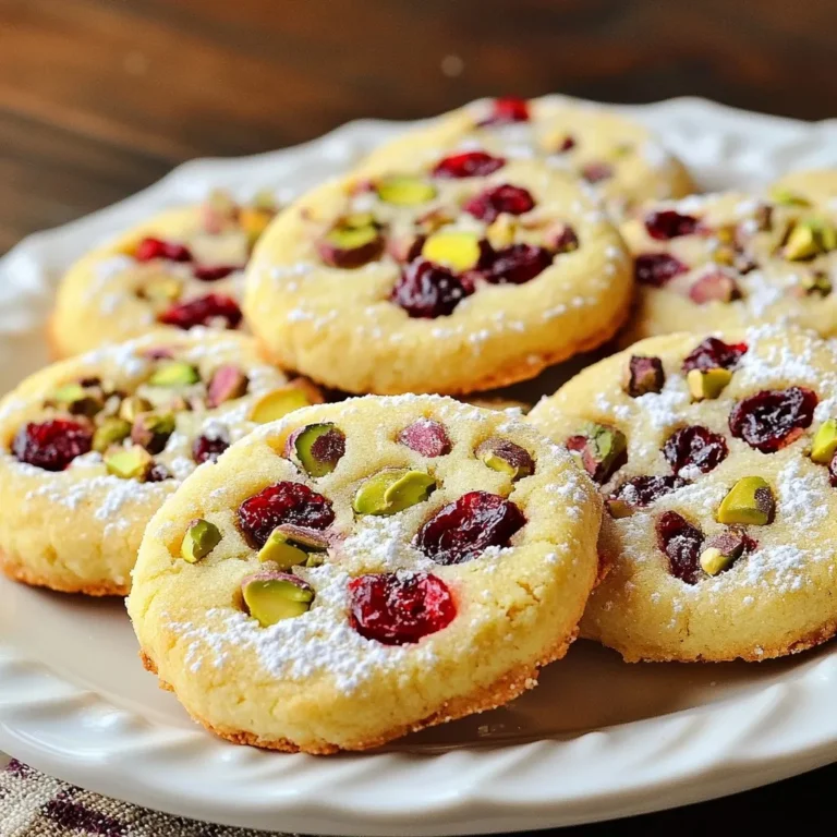 To make these delightful cranberry pistachio shortbread cookies, you need: - 1 cup unsalted butter, softened - 1/2 cup powdered sugar - 2 cups all-purpose flour - 1/2 teaspoon salt - 1/4 teaspoon baking powder - 1/2 cup dried cranberries, chopped - 1/2 cup shelled pistachios, roughly chopped - 1 teaspoon vanilla extract Each ingredient plays a key role in the texture and taste of the cookies. Unsalted butter gives the cookies a rich flavor. Make sure to soften it to ensure it blends well with the powdered sugar. Powdered sugar creates a smooth texture. It helps the cookies melt in your mouth while adding sweetness. All-purpose flour provides structure to the cookies. It allows them to hold their shape while baking. Salt balances the sweetness and enhances all the flavors. Baking powder helps the cookies rise a little, giving them a light texture. Dried cranberries offer a tart burst of flavor. They add a nice contrast to the sweetness of the sugar. Shelled pistachios bring a delightful crunch. Their nutty taste pairs well with the cranberries. Vanilla extract adds depth and warmth to the overall flavor. Gather these ingredients before you start. Each one contributes to making these cookies a special treat. {{ingredient_image_1}} First, you need to preheat your oven to 350°F (175°C). This helps the cookies bake evenly. While the oven heats, prepare your baking sheet. Line it with parchment paper to keep the cookies from sticking. This step makes cleanup a breeze. Now, it’s time to mix the dough. In a large bowl, cream together 1 cup of softened unsalted butter and 1/2 cup of powdered sugar. Mix until the blend is light and fluffy. Next, add 1 teaspoon of vanilla extract. Stir until it combines well. In another bowl, whisk together 2 cups of all-purpose flour, 1/2 teaspoon of salt, and 1/4 teaspoon of baking powder. Gradually add this dry mixture to the butter mix. Stir gently until just combined. It’s important not to overmix here! Finally, fold in 1/2 cup of chopped dried cranberries and 1/2 cup of chopped pistachios. Make sure they are evenly spread throughout the dough for great flavor in every bite. To shape the cookies, divide the dough in half. Roll each half into a log, about 2 inches in diameter. Wrap each log in plastic wrap and chill them in the fridge for at least 30 minutes. Chilling helps the cookies hold their shape. After chilling, take the logs out and slice them into 1/4 inch thick rounds. Place the slices on your prepared baking sheet, spacing them about 1 inch apart. Bake in your preheated oven for 12-15 minutes. Watch for the edges to turn lightly golden. Once they are done, let the cookies cool on the baking sheet for a few minutes. After that, transfer them to a wire rack to cool completely. Enjoy your delightful cranberry pistachio shortbread cookies! To make the best cranberry pistachio shortbread cookies, focus on creaming. Cream the unsalted butter and powdered sugar until they are light and fluffy. This step is key for a soft texture. If you skip this, your cookies may turn out dense. Watch out for common mistakes. Do not over-mix the dough once you add the flour. Mixing too much may make the cookies tough. Also, remember to chill the dough. This helps the cookies hold their shape while baking. Arranging your cookies nicely makes them more inviting. Place them on a festive platter in a circular pattern. You can also sprinkle some extra chopped pistachios and cranberries around the cookies. This adds color and charm. For garnish, consider drizzling a little white chocolate over the cookies. It makes for an eye-catching treat. You can also dust them lightly with powdered sugar for a touch of sweetness. Pro Tips Chilling the Dough: Ensure the dough is chilled for at least 30 minutes to help the cookies maintain their shape while baking. Uniform Slices: Use a sharp knife to cut the logs into even slices for consistent baking and a uniform appearance. Golden Edges: Keep an eye on the cookies during the last few minutes of baking to achieve perfectly golden edges without overbaking. Storage Tips: Store the cookies in an airtight container at room temperature to keep them fresh for up to a week. {{image_2}} You can easily change this recipe for special diets. For a gluten-free version, swap the all-purpose flour with a gluten-free blend. Many blends work well in cookies. Just make sure the blend contains a binding agent like xanthan gum. If you want a vegan version, use vegan butter instead of regular butter. You can also replace the powdered sugar with a vegan-friendly option. Instead of vanilla extract, try almond or maple extract for a new twist. To make these cookies even more exciting, consider adding spices or citrus zest. A pinch of cinnamon or nutmeg can add warmth. Grated lemon or orange zest brings a fresh, bright flavor. You can also play with the nuts and dried fruits. Instead of pistachios, try almonds or walnuts. For dried fruit, consider using cherries or apricots. Each option adds a unique taste and texture to your cookies. To keep your cranberry pistachio shortbread cookies fresh, store them in an airtight container. This helps prevent moisture from making them soft. You can layer the cookies with parchment paper to avoid sticking. If you want to freeze cookies, wrap each one in plastic wrap. Then, place them in a freezer-safe bag. This keeps them fresh for later. When you’re ready to enjoy them, just thaw at room temperature. When stored properly, these cookies last about one week at room temperature. If you freeze them, they can stay good for up to three months. To keep track, label the bag with the date. This way, you know when to eat them! Yes, you can! Try using almonds or walnuts. Both nuts add a nice crunch. If you want a softer bite, go for pecans. Just chop the nuts roughly and mix them in like you would with pistachios. Making these cookies ahead of time is easy. You can prepare the dough and shape it into logs. Wrap the logs in plastic wrap and store them in the fridge for up to a week. You can also freeze the logs for up to three months. Just slice and bake them when you're ready! If you don't have powdered sugar, you can make your own. Just blend granulated sugar in a blender until it's fine. For a healthier option, try using coconut sugar or honey. Keep in mind that honey will change the texture, so use a bit less flour. You learned the key ingredients and steps to bake delicious cookies. Using simple tips, you can create the perfect batch every time. Consider dietary options and flavor variations that suit your taste. Storing cookies properly ensures they stay fresh and tasty. Now you can impress friends and family with your cookie skills. Get started on your baking journey, and enjoy every bite!