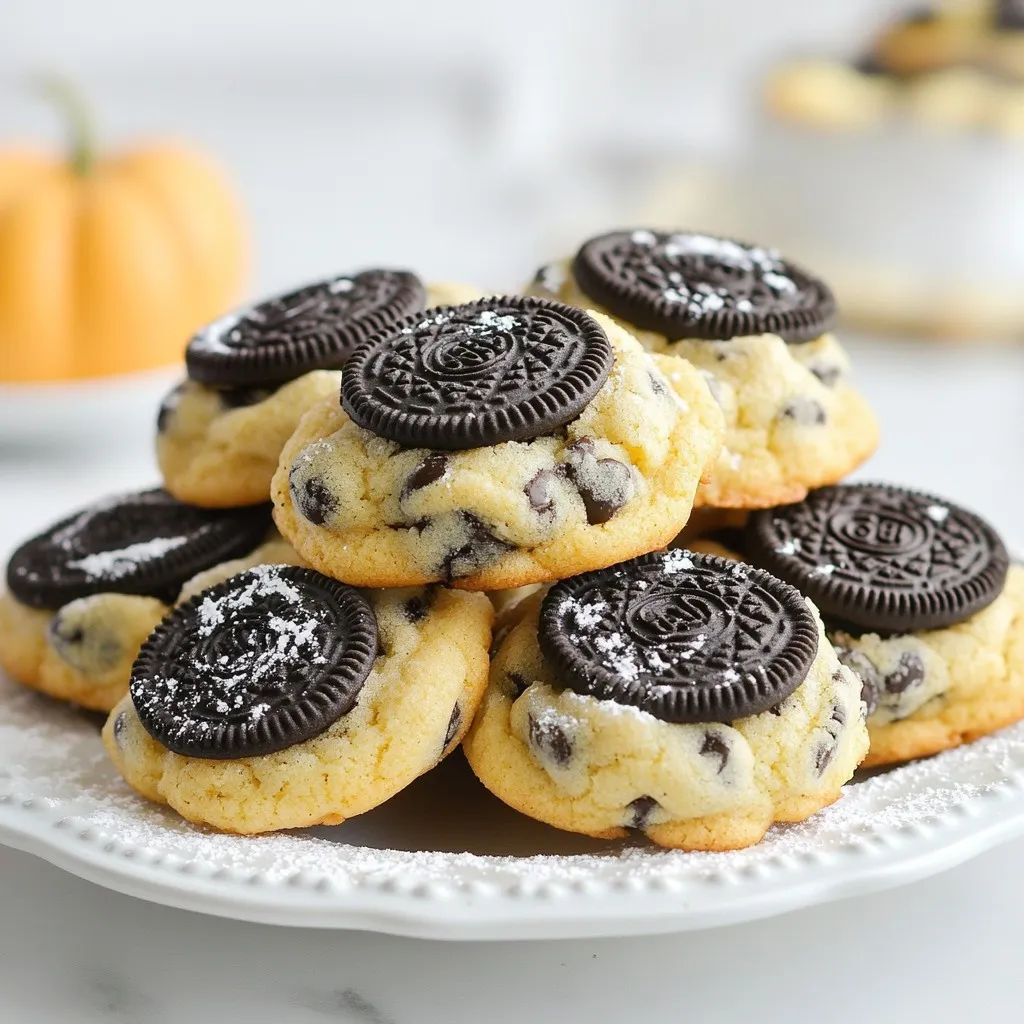 - 1 cup unsalted butter, softened - 1 cup brown sugar, packed - 1/2 cup granulated sugar - 2 large eggs - 2 teaspoons vanilla extract - 3 cups all-purpose flour - 1 teaspoon baking soda - 1/2 teaspoon salt - 1 cup chocolate chips - 1 package Halloween-themed Oreo cookies (about 15 cookies) - 1/2 cup Halloween sprinkles (optional) You can change the base of these cookies. Try using peanut butter or almond butter for a twist. If you want to keep it classic, use regular Oreos or even mint-flavored ones for a fresh taste. Want to add more fun? Try different types of Oreos. Pumpkin spice, mint, or even the golden variety will work. Each will give your cookies a new flavor and feel. Just remember to adjust the sweetness if your Oreo choice is sweeter than regular ones. {{ingredient_image_1}} First, you need to preheat your oven to 350°F (175°C). This step is key for even baking. While that heats up, line a baking sheet with parchment paper. This will keep your cookies from sticking. Next, grab a large mixing bowl. Cream together 1 cup of softened unsalted butter, 1 cup of packed brown sugar, and 1/2 cup of granulated sugar. Mix until the mixture is light and fluffy. This will take about 2-3 minutes. After that, add 2 large eggs, one at a time. Then, mix in 2 teaspoons of vanilla extract. Make sure everything blends well. In a separate bowl, whisk together 3 cups of all-purpose flour, 1 teaspoon of baking soda, and 1/2 teaspoon of salt. This mix helps the cookies rise and gives them a good texture. Gradually add this dry mix to your wet ingredients. Stir until just combined; you don’t want to overmix. Now, gently fold in 1 cup of chocolate chips. If you like, add 1/2 cup of Halloween sprinkles for extra fun. This will make your cookies festive and colorful. To stuff the cookies, take about 2 tablespoons of dough and flatten it in your palm. Place one Halloween Oreo in the center. Wrap the dough around the Oreo, sealing it completely. This step is essential for keeping the Oreo hidden inside. Place the stuffed cookie dough balls on your prepared baking sheet. Leave about 2 inches between each ball. Bake them for 10-12 minutes. The edges should be golden brown, but the centers should still be soft. After baking, let the cookies cool on the sheet for 5 minutes. Then, transfer them to a wire rack to cool completely. Enjoy your Halloween Oreo stuffed cookies as a perfect treat! To make great cookies, pay attention to the baking time. Here are some key points: - Even Baking: Use an oven thermometer to check your oven's temperature. Hot spots can burn some cookies while others stay raw. Rotate the baking sheet halfway through for even cooking. - Soft Centers: Take the cookies out when the edges are golden. The centers may look soft, but they will firm up as they cool. This will give you that perfect chewy bite. Make your Halloween Oreo stuffed cookies look festive! Here are some fun ideas: - Themed Decorations: Use Halloween sprinkles to add color. You can also drizzle melted chocolate over the cookies for a spooky touch. Try using white chocolate for a ghostly look. - Presentation Tips: Arrange cookies on a spooky-themed platter. Dust with powdered sugar for a ghostly effect. Serve them with a glass of cold milk for a spooky treat that kids and adults will love! Pro Tips Chill the Dough: For thicker cookies, chill the cookie dough for at least 30 minutes before baking. This helps the cookies maintain their shape and prevents them from spreading too much. Use Fresh Ingredients: Make sure your baking soda is fresh for the best rise. Old baking soda can lead to flat cookies that lack the desired texture. Perfect Baking Time: Keep an eye on the cookies as they bake; they should be slightly underbaked when you take them out. They will continue to cook on the baking sheet after being removed from the oven. Creative Fillings: Experiment with different Oreo flavors or even other sandwich cookies for a unique twist. Red Velvet Oreos or Pumpkin Spice Oreos can add a fun seasonal flavor! {{image_2}} You can change the flavor of your Halloween Oreo stuffed cookies easily. Try using different flavored Oreos. For example, mint, peanut butter, or even pumpkin spice can add a fun twist! Each flavor brings its own taste, making your cookies unique. You can also include extra mix-ins. Chopped nuts like walnuts or pecans add crunch. Small candies like M&M's or Reese's Pieces can add color and flavor. Just remember to keep the total amount of mix-ins balanced. Too many will make the dough hard to work with. If you need gluten-free options, use gluten-free flour. Many brands offer great blends that work well in cookies. You can also find gluten-free Oreos, so you won’t miss out on the fun. For vegan adaptations, swap the butter for coconut oil or vegan butter. Use flax eggs instead of regular eggs. Just mix one tablespoon of ground flaxseed with three tablespoons of water. Let it sit for 5 minutes to thicken. You can also choose dairy-free chocolate chips to keep it vegan. Enjoy these tasty treats without worry! To keep your Halloween Oreo stuffed cookies fresh, store them in an airtight container. This keeps the cookies soft and tasty. Place parchment paper between layers to avoid sticking. If you want to store them longer, freezing is a good option. You can freeze the cookie dough before baking. Scoop the dough balls and place them on a baking sheet. Freeze them until solid, then transfer to a bag. This way, you can bake fresh cookies anytime! If you have leftover baked cookies, you can freeze those too. Wrap each cookie in plastic wrap and place them in a freezer bag. This will help keep them fresh for later. Halloween Oreo stuffed cookies last about a week on the counter. Keep them in a cool, dry place. If you store them in the fridge, they can last up to two weeks. Check for any hard spots or changes in smell. If the cookies feel dry or crumbly, it’s best to toss them. Always trust your senses; if they don't smell right, don’t eat them! Can I use regular Oreos instead of Halloween-themed ones? Yes, you can use regular Oreos. The taste stays the same, and you still get a fun cookie. Halloween-themed Oreos just add a festive touch. How do I make the cookies less sweet? To lower the sweetness, use less brown sugar. You can cut it by a third. You might also skip the optional Halloween sprinkles. This helps keep the flavor balanced. What if I don’t have chocolate chips? What can I substitute? If you lack chocolate chips, try using chopped nuts or mini marshmallows. These can add fun flavors. You can also use other types of candy, like M&M's or peanut butter chips. What to do if the cookies are too flat? Flat cookies may mean your dough is too soft. Chill the dough for 30 minutes before baking. This helps the cookies hold their shape. Make sure you measure the flour correctly, too. How to fix dough that is too crumbly? Crumbly dough can be fixed by adding a bit of milk. Start with a tablespoon and mix well. If it still crumbles, add one more tablespoon. This makes the dough easier to work with. This blog covered how to make Halloween Oreo stuffed cookies, featuring fun ingredients and tips. You learned about the key ingredients, mixing and baking techniques, and creative decoration ideas. Don't forget variations for tastes and dietary needs. Store your cookies for freshness and enjoy your treats for days. Baking should be fun and rewarding, so enjoy the process and share your creations!