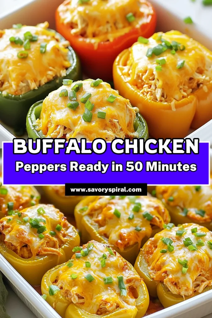 Looking for an easy buffalo chicken recipe? Try these delicious Buffalo Chicken Stuffed Peppers! This creamy buffalo chicken dish combines shredded chicken, buffalo sauce, and cream cheese, all stuffed into colorful bell peppers. Perfect as a healthy stuffed pepper idea, this stuffed peppers recipe is sure to please anyone. Check it out and bring a spicy twist to your dinner! Save this recipe now! #BuffaloChicken #StuffedPeppers #HealthyEating #EasyRecipes