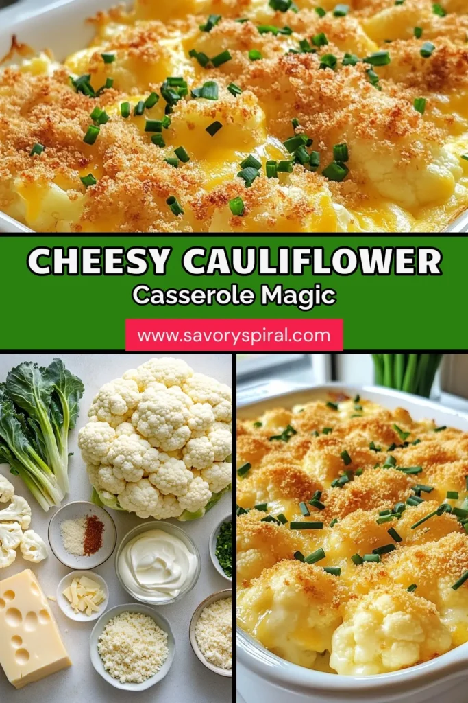 Savor the creamy goodness of this Cheesy Cauliflower Casserole, a delicious Vegetarian Casserole Recipe that's perfect for anyone craving a low-carb cauliflower dish. This Easy Cheesy Casserole Recipe blends sharp cheddar, cream cheese, and spices for irresistible flavor. Ideal as a side or main, it's a must-try! Save this recipe for your next meal and enjoy comfort food at its best! #CheesyCauliflowerCasserole #CauliflowerCheeseBake #LowCarbRecipes #VegetarianDishes