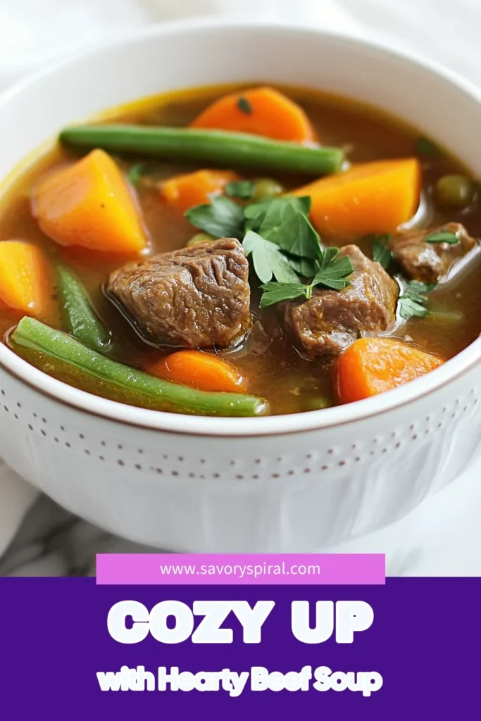 Warm up your day with this cozy vegetable beef soup recipe! Packed with tender beef, fresh vegetables, and delicious herbs, this homemade beef soup is the perfect remedy for chilly nights. Experience a bowl of hearty vegetable soup that combines comfort and flavor in every spoonful. Try this comforting soup recipe today and enjoy a meal the whole family will love! Save and share this cozy soup recipe for your next dinner! #VegetableBeefSoup #CozySoupRecipe #HeartyVegetableSoup #ComfortingSoupRecipes