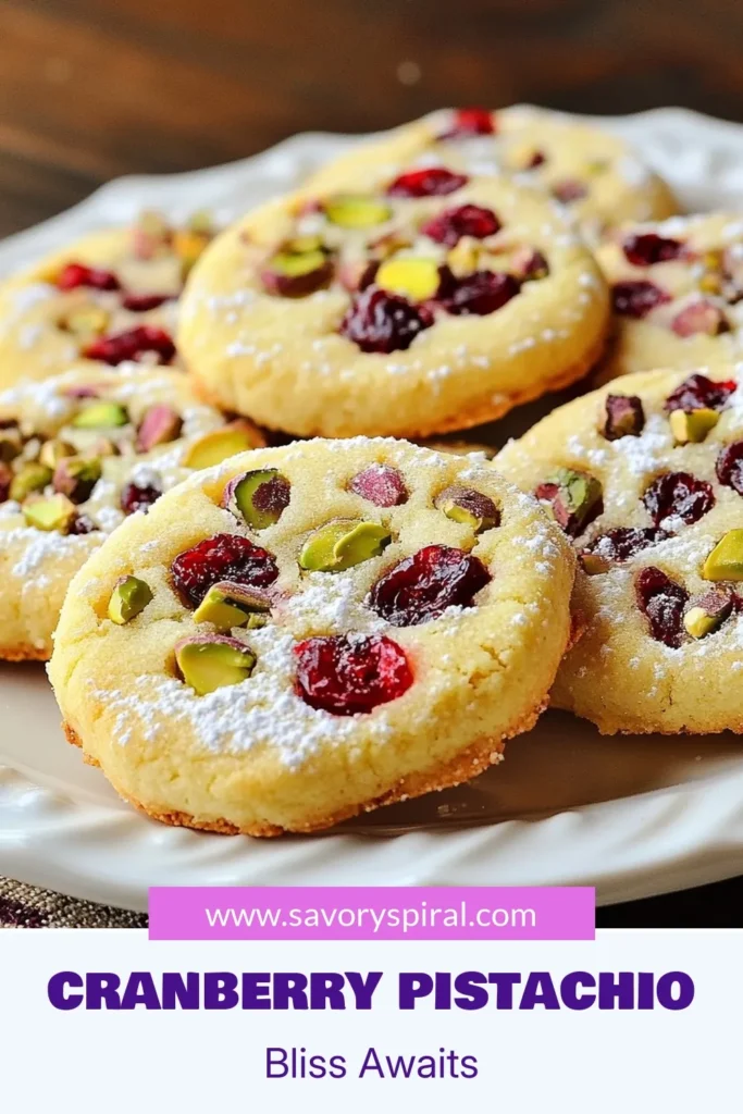 Delight in the festive flavors of Cranberry Pistachio Cookies with this easy shortbread cookie recipe perfect for holiday baking! These scrumptious shortbread cookies blend buttery texture with tart cranberries and crunchy pistachios, making them an ideal festive dessert idea. Whether for gatherings or as a treat, this recipe is simple and satisfying. Save this delicious recipe for your next holiday cookie platter! #CookieRecipe #HolidayBaking #FestiveDessert #Desserts
