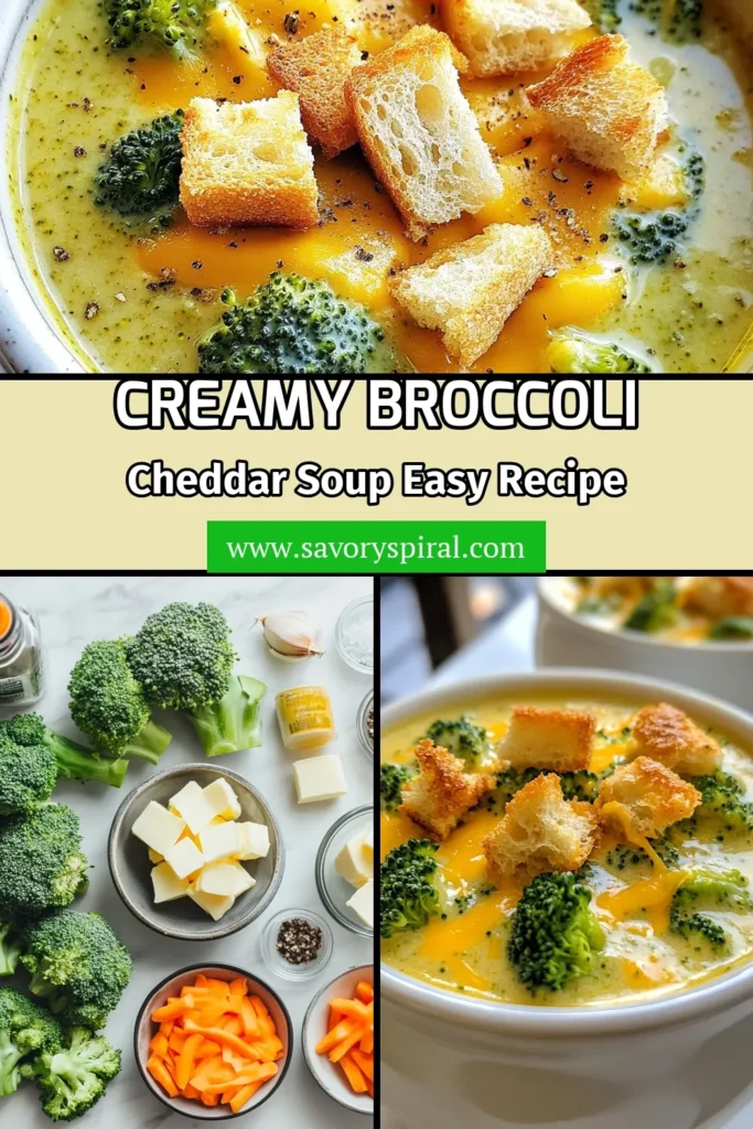 Indulge in this creamy broccoli cheddar soup that's both comforting and satisfying! Our easy broccoli cheese soup recipe features fresh broccoli and sharp cheddar, making it the perfect vegetarian cheddar soup for any occasion. With just 30 minutes of prep, this quick creamy soup is ideal for busy weeknights. Try this homemade broccoli cheddar soup today and enjoy a delicious bowl of goodness! Save this recipe for later! #BroccoliCheddarSoup #QuickSoup #VegetarianRecipes #ComfortFood