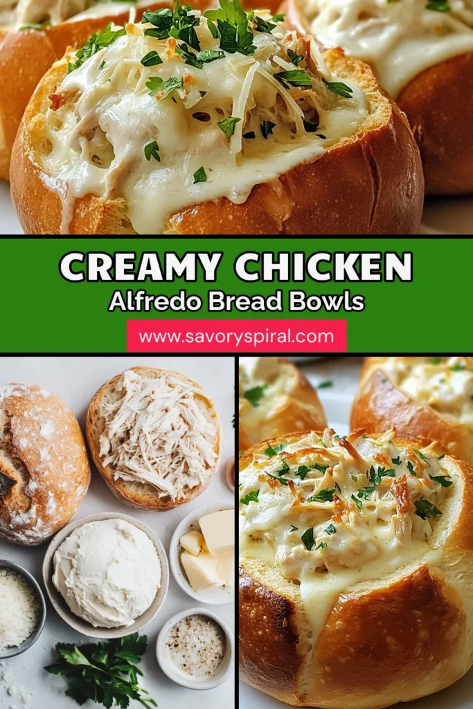 Indulge in these Chicken Alfredo Bread Bowls for a cozy dinner! This easy dinner idea combines a creamy chicken Alfredo sauce with homemade sourdough bread bowls, creating a deliciously satisfying meal. You'll love this Sourdough Bread Bowls Recipe that brings comfort food to a new level. Perfect for family nights or entertaining, these Bread Bowl Recipes are sure to impress! Save this recipe now and enjoy a new twist on a classic! #ChickenAlfredoBreadBowls #EasyDinnerIdeas #BreadBowlRecipes #SourdoughBreadBowlsRecipe