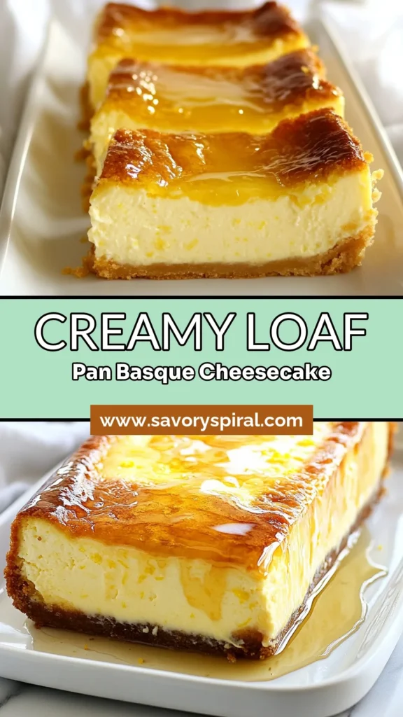 Indulge in this creamy Basque cheesecake with our simple loaf pan cheesecake recipe. Perfect for those craving an easy cheesecake recipe, this homemade Basque cheesecake features rich cream cheese, zest from a lemon, and a delightful golden crust. Impress your guests with its elegant presentation and unforgettable flavor. Save this recipe for your next dessert gathering! #BasqueCheesecake #CheesecakeRecipe #HomemadeDessert #EasyBaking